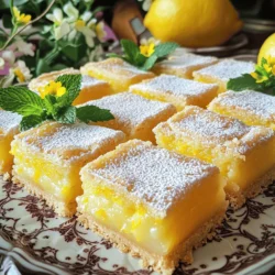 To make the best zesty lemon bars, gather these key ingredients: - 1 cup all-purpose flour - 1/4 cup granulated sugar - 1/2 cup unsalted butter, softened - 1/4 teaspoon salt - 2 large eggs - 1 cup granulated sugar (for filling) - 2 tablespoons all-purpose flour (for filling) - 1/2 cup freshly squeezed lemon juice - Zest of 2 lemons - 1/2 teaspoon baking powder - Powdered sugar (for dusting) These ingredients create a bright, tangy filling and a buttery crust. The lemon juice and zest bring that refreshing zing. You can add extra flavors to your lemon bars. Here are some ideas: - 1 teaspoon vanilla extract for warmth - Fresh herbs like mint or basil for a twist - A pinch of salt to balance sweetness These optional ingredients can take your lemon bars to the next level. If you have dietary restrictions, you can still enjoy lemon bars. Here are some substitutions: - For gluten-free, use almond flour or a gluten-free blend. - For dairy-free, swap butter with coconut oil or a dairy-free margarine. - For vegan, replace eggs with flax eggs (1 tablespoon flaxseed meal + 2.5 tablespoons water per egg). These substitutions allow everyone to savor the delightful taste of zesty lemon bars. For the complete recipe, check the Full Recipe. Start by preheating your oven to 350°F (175°C). This step is vital to ensure even baking. Next, take an 8x8 inch baking pan. You can grease it with some butter or line it with parchment paper. This makes it easy to lift out the lemon bars later. Now, let’s make the crust. In a mixing bowl, combine these ingredients: - 1 cup all-purpose flour - 1/4 cup granulated sugar - 1/2 cup unsalted butter, softened - 1/4 teaspoon salt Mix these until the mixture looks like coarse crumbs. Press this mixture evenly into the bottom of your prepared pan. Bake the crust for 15-18 minutes. You want it to be lightly golden. Once done, remove it from the oven and let it cool slightly. For the lemon filling, grab another bowl. Whisk together these ingredients: - 2 large eggs - 1 cup granulated sugar - 2 tablespoons all-purpose flour - 1/2 cup freshly squeezed lemon juice - Zest of 2 lemons - 1/2 teaspoon baking powder Make sure to mix until smooth and well combined. Pour this lemon filling over your baked crust. Spread it evenly. Return the pan to the oven. Bake for another 20-25 minutes. The filling should set and turn a light golden color. After baking, remove the pan from the oven. Let it cool to room temperature. For a firmer texture, refrigerate the bars for at least 2 hours. For the final touch, dust the top with powdered sugar. Cut into squares or bars and enjoy! For the full recipe, refer to the main section. To get the right lemon flavor, start with fresh lemons. The zest adds bright flavor. If you want more tartness, add more zest. Use a microplane to get fine zest. This will give you a strong lemon taste. For a milder flavor, reduce the zest to just one lemon. You want the bars to be firm but not dry. When baking, check the center. It should be set and slightly jiggly. If it looks too wet, bake a little longer. You want a light golden top. Let the bars cool completely before cutting. This helps them firm up more. Serving your lemon bars nicely makes them more inviting. Place them on a decorative platter. Dust the top with powdered sugar for a nice look. Add fresh mint leaves or edible flowers for color. These small touches make your dish pop and impress your guests. For the full recipe, check out the earlier section. {{image_2}} You can switch up the flavor by using different citrus fruits. Lime or orange can give your lemon bars a fresh twist. Lime adds a zesty kick, while orange brings a sweet note. Simply replace the lemon juice with the juice of your chosen fruit. Use the zest too for added flavor. This keeps the bars bright and fun! Pair lemon bars with other flavors for a unique treat. Fresh berries, like raspberries or blueberries, add color and sweetness. You can also drizzle chocolate on top for a rich contrast. Chopped nuts, such as almonds or pistachios, give a nice crunch. Mix and match to find your favorite flavor combo! For those with dietary needs, there are easy swaps. Use almond flour or a gluten-free blend instead of regular flour. For a vegan option, substitute eggs with flaxseed meal or applesauce. Use coconut oil in place of butter for a dairy-free version. These changes keep the bars tasty while fitting your diet! For the full recipe, check out the Zesty Lemon Bars recipe above. To keep your lemon bars fresh, store them in the refrigerator. First, cut the bars into squares. Then, place them in an airtight container. This helps keep moisture out. Always add a layer of parchment paper between layers if stacking. This prevents sticking. Your lemon bars will stay fresh for up to one week. Freezing lemon bars is simple. Start by cutting them into squares. Wrap each square in plastic wrap. Then, place the wrapped bars in a freezer bag. Make sure to remove as much air as possible. You can freeze them for up to three months. To thaw, remove the bars from the freezer and place them in the fridge for a few hours. You can also let them sit at room temperature for about 30 minutes. Lemon bars last about one week in the fridge. If they sit longer, they may spoil. Look for signs like a change in color or an off smell. If the filling feels slimy or the crust is hard, it’s time to toss them. Always trust your senses when it comes to food safety. Enjoy your zesty lemon bars while they are fresh for the best taste! Yes, you can use bottled lemon juice. However, fresh lemon juice offers a brighter flavor. Fresh juice has more aroma and zest. The taste difference can affect the final product. If you use bottled juice, choose a brand with no added sugars or preservatives. For the best taste, always try to go for fresh lemons. To adjust sweetness, you can tweak the sugar amount. If you want them sweeter, add more sugar to the filling. Start with one or two extra tablespoons. If you prefer less sweetness, cut back on the sugar in the filling. You can also balance the sweetness with a bit more lemon juice. This gives a nice tartness that balances out the sugar. To cut lemon bars evenly, first, chill them well. Cold bars are firmer and easier to cut. Use a sharp knife for clean cuts. For nice squares, score the top with a knife before cutting all the way through. Wipe the knife with a damp cloth after each cut. This keeps the edges neat. You can also use a ruler to measure even squares. Zesty lemon bars are a delightful treat you can make at home. We discussed key ingredients like flour, sugar, and fresh lemons, plus optional flavor enhancers. I provided step-by-step instructions for making the crust and filling, tips for perfect texture, and variations using other citrus fruits. Remember, storing them properly is key to keeping them fresh. Whether you prefer traditional or vegan options, lemon bars are versatile and fun to create. Enjoy your baking journey and impress others with your zesty creations!