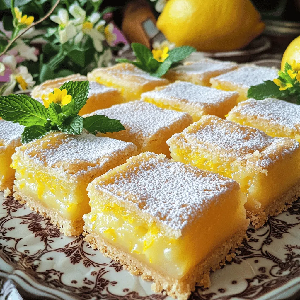 To make the best zesty lemon bars, gather these key ingredients: - 1 cup all-purpose flour - ¼ cup granulated sugar - ½ cup unsalted butter, softened - ¼ teaspoon salt - 2 large eggs - 1 cup granulated sugar (for filling) - 2 tablespoons all-purpose flour (for filling) - ½ cup freshly squeezed lemon juice - Zest of 2 lemons - ½ teaspoon baking powder - Powdered sugar (for dusting) These ingredients create a bright, tangy filling and a buttery crust. The lemon juice and zest bring that refreshing zing. You can add extra flavors to your lemon bars. Here are some ideas: - 1 teaspoon vanilla extract for warmth - Fresh herbs like mint or basil for a twist - A pinch of salt to balance sweetness These optional ingredients can take your lemon bars to the next level. If you have dietary restrictions, you can still enjoy lemon bars. Here are some substitutions: - For gluten-free, use almond flour or a gluten-free blend. - For dairy-free, swap butter with coconut oil or a dairy-free margarine. - For vegan, replace eggs with flax eggs (1 tablespoon flaxseed meal + 2.5 tablespoons water per egg). These substitutions allow everyone to savor the delightful taste of zesty lemon bars. For the complete recipe, check the Full Recipe. Start by preheating your oven to 350°F (175°C). This step is vital to ensure even baking. Next, take an 8x8 inch baking pan. You can grease it with some butter or line it with parchment paper. This makes it easy to lift out the lemon bars later. Now, let’s make the crust. In a mixing bowl, combine these ingredients: - 1 cup all-purpose flour - ¼ cup granulated sugar - ½ cup unsalted butter, softened - ¼ teaspoon salt Mix these until the mixture looks like coarse crumbs. Press this mixture evenly into the bottom of your prepared pan. Bake the crust for 15-18 minutes. You want it to be lightly golden. Once done, remove it from the oven and let it cool slightly. For the lemon filling, grab another bowl. Whisk together these ingredients: - 2 large eggs - 1 cup granulated sugar - 2 tablespoons all-purpose flour - ½ cup freshly squeezed lemon juice - Zest of 2 lemons - ½ teaspoon baking powder Make sure to mix until smooth and well combined. Pour this lemon filling over your baked crust. Spread it evenly. Return the pan to the oven. Bake for another 20-25 minutes. The filling should set and turn a light golden color. After baking, remove the pan from the oven. Let it cool to room temperature. For a firmer texture, refrigerate the bars for at least 2 hours. For the final touch, dust the top with powdered sugar. Cut into squares or bars and enjoy! For the full recipe, refer to the main section. To get the right lemon flavor, start with fresh lemons. The zest adds bright flavor. If you want more tartness, add more zest. Use a microplane to get fine zest. This will give you a strong lemon taste. For a milder flavor, reduce the zest to just one lemon. You want the bars to be firm but not dry. When baking, check the center. It should be set and slightly jiggly. If it looks too wet, bake a little longer. You want a light golden top. Let the bars cool completely before cutting. This helps them firm up more. Serving your lemon bars nicely makes them more inviting. Place them on a decorative platter. Dust the top with powdered sugar for a nice look. Add fresh mint leaves or edible flowers for color. These small touches make your dish pop and impress your guests. For the full recipe, check out the earlier section. {{image_2}} You can switch up the flavor by using different citrus fruits. Lime or orange can give your lemon bars a fresh twist. Lime adds a zesty kick, while orange brings a sweet note. Simply replace the lemon juice with the juice of your chosen fruit. Use the zest too for added flavor. This keeps the bars bright and fun! Pair lemon bars with other flavors for a unique treat. Fresh berries, like raspberries or blueberries, add color and sweetness. You can also drizzle chocolate on top for a rich contrast. Chopped nuts, such as almonds or pistachios, give a nice crunch. Mix and match to find your favorite flavor combo! For those with dietary needs, there are easy swaps. Use almond flour or a gluten-free blend instead of regular flour. For a vegan option, substitute eggs with flaxseed meal or applesauce. Use coconut oil in place of butter for a dairy-free version. These changes keep the bars tasty while fitting your diet! For the full recipe, check out the Zesty Lemon Bars recipe above. To keep your lemon bars fresh, store them in the refrigerator. First, cut the bars into squares. Then, place them in an airtight container. This helps keep moisture out. Always add a layer of parchment paper between layers if stacking. This prevents sticking. Your lemon bars will stay fresh for up to one week. Freezing lemon bars is simple. Start by cutting them into squares. Wrap each square in plastic wrap. Then, place the wrapped bars in a freezer bag. Make sure to remove as much air as possible. You can freeze them for up to three months. To thaw, remove the bars from the freezer and place them in the fridge for a few hours. You can also let them sit at room temperature for about 30 minutes. Lemon bars last about one week in the fridge. If they sit longer, they may spoil. Look for signs like a change in color or an off smell. If the filling feels slimy or the crust is hard, it’s time to toss them. Always trust your senses when it comes to food safety. Enjoy your zesty lemon bars while they are fresh for the best taste! Yes, you can use bottled lemon juice. However, fresh lemon juice offers a brighter flavor. Fresh juice has more aroma and zest. The taste difference can affect the final product. If you use bottled juice, choose a brand with no added sugars or preservatives. For the best taste, always try to go for fresh lemons. To adjust sweetness, you can tweak the sugar amount. If you want them sweeter, add more sugar to the filling. Start with one or two extra tablespoons. If you prefer less sweetness, cut back on the sugar in the filling. You can also balance the sweetness with a bit more lemon juice. This gives a nice tartness that balances out the sugar. To cut lemon bars evenly, first, chill them well. Cold bars are firmer and easier to cut. Use a sharp knife for clean cuts. For nice squares, score the top with a knife before cutting all the way through. Wipe the knife with a damp cloth after each cut. This keeps the edges neat. You can also use a ruler to measure even squares. Zesty lemon bars are a delightful treat you can make at home. We discussed key ingredients like flour, sugar, and fresh lemons, plus optional flavor enhancers. I provided step-by-step instructions for making the crust and filling, tips for perfect texture, and variations using other citrus fruits. Remember, storing them properly is key to keeping them fresh. Whether you prefer traditional or vegan options, lemon bars are versatile and fun to create. Enjoy your baking journey and impress others with your zesty creations!
