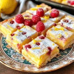 When you make raspberry lemon bars, it's all about fresh and simple ingredients. Here's what you need: - 1 cup all-purpose flour - 1/2 cup powdered sugar - 1/4 teaspoon salt - 1/2 cup unsalted butter, melted - 2 large eggs - 1 cup granulated sugar - 1/4 cup fresh lemon juice (about 2 lemons) - Zest of 1 lemon - 1 cup fresh raspberries (or frozen, thawed and drained) - Extra powdered sugar for dusting (optional) Each ingredient plays a key role. The flour forms the crust, while powdered sugar makes it sweet. The butter lends richness, and the eggs help bind everything together. Fresh lemon juice gives that zesty kick. Raspberries add color and tartness, balancing the sweetness. If you want the full recipe, you can find it in the section above. This mix ensures your dessert is both bright and tasty. Enjoy gathering your ingredients! First, preheat your oven to 350°F (175°C). This step is key for even baking. Next, take an 8x8 inch baking dish and grease it. You can also use parchment paper for easy removal later. This helps keep the bars intact when you serve them. In a medium bowl, whisk together these three ingredients: - 1 cup all-purpose flour - 1/2 cup powdered sugar - 1/4 teaspoon salt Now, pour in 1/2 cup of melted unsalted butter. Mix until it looks like wet sand. Press this mixture into the bottom of your baking dish. Make sure it is even. Bake it for 15 minutes or until it turns light golden. While the crust is baking, grab a large bowl. Whisk together: - 2 large eggs - 1 cup granulated sugar - 1/4 cup fresh lemon juice (about 2 lemons) - Zest of 1 lemon Mix until smooth. Next, gently fold in 1 cup of fresh raspberries. Be careful not to mash them. You want them whole for nice bites in your dessert. Once the crust is ready, pour your raspberry lemon filling over it. Spread it out evenly. Now, return the dish to the oven. Bake for another 20 to 25 minutes. The filling should jiggle slightly in the center when done. After baking, let it cool completely in the pan. Refrigerate for at least 1 hour before slicing. Dust with powdered sugar for a lovely finish. Enjoy your fresh and tangy dessert! For more details, check the Full Recipe. To get the best texture for your raspberry lemon bars, focus on the crust and filling. For the crust, mix the flour, powdered sugar, and salt well. This mix should feel like wet sand. Press it firmly in the pan. Bake it until it is lightly golden. For the filling, whisk the eggs and sugars until smooth. Don't overmix after adding the raspberries. This keeps them whole and gives a nice bite. Both fresh and frozen raspberries work great. Fresh raspberries give a vibrant look and flavor. They hold their shape well in the filling. Frozen raspberries are convenient and often sweeter. If you use frozen, let them thaw first and drain any extra juice. This prevents a watery filling. Either way, the taste remains delicious! To make your raspberry lemon bars look stunning, chill them first. Once firm, slice them into neat squares. Place them on a decorative plate. A light dusting of powdered sugar adds a sweet touch. For extra flair, top with fresh raspberries and a sprinkle of lemon zest. This adds color and makes them pop! For the full recipe, check your notes. {{image_2}} To make gluten-free raspberry lemon bars, swap the all-purpose flour with a gluten-free blend. Look for a mix that includes xanthan gum for the best texture. The rest of the recipe stays the same. These bars will still be soft and tangy, perfect for everyone! For a vegan version, replace the eggs with flaxseed meal. Mix 1 tablespoon of flaxseed meal with 3 tablespoons of water. Let it sit for five minutes until it thickens. Use vegan butter in place of regular butter. This keeps the bars rich and creamy without any animal products. You can add a twist to your bars with fun flavors. Try mixing in: - Coconut: Add shredded coconut to the crust for a chewy texture. - Mint: Fold in fresh mint leaves with the raspberries for a refreshing touch. - Chia Seeds: Mix in chia seeds for extra health benefits and a little crunch. Feel free to experiment with these ideas. Each variation brings a new taste to this classic dessert. For the full recipe, check the earlier section. After making your raspberry lemon bars, let them cool completely. Place them in an airtight container. Store them in the fridge for up to five days. This keeps them fresh and tasty. If you want to serve them cold, chill for at least one hour before cutting. You can freeze raspberry lemon bars for longer storage. Cut them into squares first. Wrap each piece tightly in plastic wrap. Then, place them in a freezer-safe bag. They can last up to three months in the freezer. When you're ready to enjoy, thaw them in the fridge overnight. To keep your bars fresh, avoid exposing them to air. Always use an airtight container. If you added powdered sugar on top, wait until serving time to dust. This way, the sugar will stay fluffy and not dissolve. For the best taste, eat them within the first few days. For the full recipe, refer to the earlier section. Yes, you can use other fruits. Blueberries, strawberries, or blackberries work great. Just swap them for the raspberries. Each fruit brings its own flavor. This is a fun way to make the bars your own. The bars are done when the filling is set. It should jiggle slightly in the center. A toothpick inserted in the filling should come out clean. Keep an eye on the edges; they will look firmer. Absolutely! You can make these bars one or two days in advance. Just keep them in the fridge. This allows the flavors to mix well, making them even tastier! To cut the bars, use a sharp knife. Chill the bars in the fridge before cutting. This helps them hold shape better. Wipe the knife with a damp cloth between cuts for clean edges. These raspberry lemon bars last about a week in the fridge. Store them in an airtight container. For longer freshness, consider freezing them. Just thaw before serving for the best taste. You learned how to make delicious raspberry lemon bars. We covered the key ingredients, step-by-step instructions, and helpful tips. Variations for different diets were also shared. Proper storage methods keep your bars fresh longer. Remember, making these treats is fun and easy. Don’t be afraid to experiment with flavors. Enjoy sharing your sweet creation with friends and family!