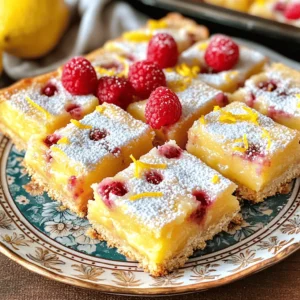 When you make raspberry lemon bars, it's all about fresh and simple ingredients. Here's what you need: - 1 cup all-purpose flour - 1/2 cup powdered sugar - 1/4 teaspoon salt - 1/2 cup unsalted butter, melted - 2 large eggs - 1 cup granulated sugar - 1/4 cup fresh lemon juice (about 2 lemons) - Zest of 1 lemon - 1 cup fresh raspberries (or frozen, thawed and drained) - Extra powdered sugar for dusting (optional) Each ingredient plays a key role. The flour forms the crust, while powdered sugar makes it sweet. The butter lends richness, and the eggs help bind everything together. Fresh lemon juice gives that zesty kick. Raspberries add color and tartness, balancing the sweetness. If you want the full recipe, you can find it in the section above. This mix ensures your dessert is both bright and tasty. Enjoy gathering your ingredients! First, preheat your oven to 350°F (175°C). This step is key for even baking. Next, take an 8x8 inch baking dish and grease it. You can also use parchment paper for easy removal later. This helps keep the bars intact when you serve them. In a medium bowl, whisk together these three ingredients: - 1 cup all-purpose flour - 1/2 cup powdered sugar - 1/4 teaspoon salt Now, pour in 1/2 cup of melted unsalted butter. Mix until it looks like wet sand. Press this mixture into the bottom of your baking dish. Make sure it is even. Bake it for 15 minutes or until it turns light golden. While the crust is baking, grab a large bowl. Whisk together: - 2 large eggs - 1 cup granulated sugar - 1/4 cup fresh lemon juice (about 2 lemons) - Zest of 1 lemon Mix until smooth. Next, gently fold in 1 cup of fresh raspberries. Be careful not to mash them. You want them whole for nice bites in your dessert. Once the crust is ready, pour your raspberry lemon filling over it. Spread it out evenly. Now, return the dish to the oven. Bake for another 20 to 25 minutes. The filling should jiggle slightly in the center when done. After baking, let it cool completely in the pan. Refrigerate for at least 1 hour before slicing. Dust with powdered sugar for a lovely finish. Enjoy your fresh and tangy dessert! For more details, check the Full Recipe. To get the best texture for your raspberry lemon bars, focus on the crust and filling. For the crust, mix the flour, powdered sugar, and salt well. This mix should feel like wet sand. Press it firmly in the pan. Bake it until it is lightly golden. For the filling, whisk the eggs and sugars until smooth. Don't overmix after adding the raspberries. This keeps them whole and gives a nice bite. Both fresh and frozen raspberries work great. Fresh raspberries give a vibrant look and flavor. They hold their shape well in the filling. Frozen raspberries are convenient and often sweeter. If you use frozen, let them thaw first and drain any extra juice. This prevents a watery filling. Either way, the taste remains delicious! To make your raspberry lemon bars look stunning, chill them first. Once firm, slice them into neat squares. Place them on a decorative plate. A light dusting of powdered sugar adds a sweet touch. For extra flair, top with fresh raspberries and a sprinkle of lemon zest. This adds color and makes them pop! For the full recipe, check your notes. {{image_2}} To make gluten-free raspberry lemon bars, swap the all-purpose flour with a gluten-free blend. Look for a mix that includes xanthan gum for the best texture. The rest of the recipe stays the same. These bars will still be soft and tangy, perfect for everyone! For a vegan version, replace the eggs with flaxseed meal. Mix 1 tablespoon of flaxseed meal with 3 tablespoons of water. Let it sit for five minutes until it thickens. Use vegan butter in place of regular butter. This keeps the bars rich and creamy without any animal products. You can add a twist to your bars with fun flavors. Try mixing in: - Coconut: Add shredded coconut to the crust for a chewy texture. - Mint: Fold in fresh mint leaves with the raspberries for a refreshing touch. - Chia Seeds: Mix in chia seeds for extra health benefits and a little crunch. Feel free to experiment with these ideas. Each variation brings a new taste to this classic dessert. For the full recipe, check the earlier section. After making your raspberry lemon bars, let them cool completely. Place them in an airtight container. Store them in the fridge for up to five days. This keeps them fresh and tasty. If you want to serve them cold, chill for at least one hour before cutting. You can freeze raspberry lemon bars for longer storage. Cut them into squares first. Wrap each piece tightly in plastic wrap. Then, place them in a freezer-safe bag. They can last up to three months in the freezer. When you're ready to enjoy, thaw them in the fridge overnight. To keep your bars fresh, avoid exposing them to air. Always use an airtight container. If you added powdered sugar on top, wait until serving time to dust. This way, the sugar will stay fluffy and not dissolve. For the best taste, eat them within the first few days. For the full recipe, refer to the earlier section. Yes, you can use other fruits. Blueberries, strawberries, or blackberries work great. Just swap them for the raspberries. Each fruit brings its own flavor. This is a fun way to make the bars your own. The bars are done when the filling is set. It should jiggle slightly in the center. A toothpick inserted in the filling should come out clean. Keep an eye on the edges; they will look firmer. Absolutely! You can make these bars one or two days in advance. Just keep them in the fridge. This allows the flavors to mix well, making them even tastier! To cut the bars, use a sharp knife. Chill the bars in the fridge before cutting. This helps them hold shape better. Wipe the knife with a damp cloth between cuts for clean edges. These raspberry lemon bars last about a week in the fridge. Store them in an airtight container. For longer freshness, consider freezing them. Just thaw before serving for the best taste. You learned how to make delicious raspberry lemon bars. We covered the key ingredients, step-by-step instructions, and helpful tips. Variations for different diets were also shared. Proper storage methods keep your bars fresh longer. Remember, making these treats is fun and easy. Don’t be afraid to experiment with flavors. Enjoy sharing your sweet creation with friends and family!