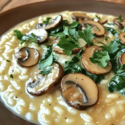 - 1 cup Arborio rice - 4 cups vegetable broth - 2 cups mushrooms (cremini or button), sliced - 1 small onion, finely chopped - 2 cloves garlic, minced - 1 cup fresh spinach, roughly chopped - 1 cup grated Parmesan cheese (or nutritional yeast for a vegan option) - 2 tablespoons olive oil - 2 tablespoons butter (or vegan butter) - Salt and pepper to taste - Fresh parsley, chopped (for garnish) When making creamy mushroom risotto, the choice of Arborio rice is key. This rice has a high starch content. It helps create that creamy texture we all love. Vegetable broth adds depth and flavor. I recommend using low-sodium broth. This way, you can control the saltiness of your dish. Mushrooms are the star here. You can use cremini or button mushrooms. Both offer rich flavors. Onion and garlic bring a savory base. They add aroma and taste to the dish. Fresh spinach adds color and nutrients. It wilts nicely into the risotto. For a cheesy finish, use Parmesan cheese. If you prefer a vegan option, nutritional yeast works well. It adds a cheesy flavor without dairy. Olive oil and butter create a rich flavor. They help sauté the onions and mushrooms. Lastly, don’t forget seasonings like salt and pepper. They enhance the overall taste of the risotto. - For a vegan option, use vegan butter alternatives like coconut oil or avocado oil. - If you're gluten-free, check for gluten-free options for broth or cheese. Some brands offer gluten-free cheese. - I recommend recommended mushroom types like shiitake or portobello for more flavor. Each serving of creamy mushroom risotto has about 300 calories. The macronutrient breakdown is roughly: - Carbohydrates: 50g - Protein: 9g - Fats: 10g For dietary considerations, this recipe can be vegan and gluten-free with simple swaps. This makes it suitable for many diets. If you have any specific dietary needs, adjust the ingredients to fit your lifestyle. For the complete recipe, check out the [Full Recipe]. 1. Preparing the broth: Start by heating 4 cups of vegetable broth in a medium saucepan over low heat. This keeps it warm for cooking. 2. Chopping vegetables: Finely chop 1 small onion and 2 cloves of garlic. Slice 2 cups of mushrooms. You can use cremini or button mushrooms. Set aside the chopped ingredients for later. 1. Sautéing onions and mushrooms: In a large skillet, heat 2 tablespoons of olive oil and 1 tablespoon of butter over medium heat. Add the chopped onion and sauté for 3-4 minutes until it turns soft. Then, add the garlic and mushrooms. Cook for about 5-7 minutes. The mushrooms should be tender and have released their moisture. 2. Toasting Arborio rice: Stir in 1 cup of Arborio rice with the onion and mushroom mix. Cook for 1-2 minutes, stirring often. This helps the rice toast lightly, giving it great flavor. 3. Gradually adding broth: Begin adding the warm vegetable broth one ladle at a time. Stir often and wait until the rice absorbs most of the liquid before adding more. Keep this going for about 18-20 minutes. The rice will become creamy and al dente. 1. Incorporating spinach and cheese: In the last 5 minutes of cooking, stir in 1 cup of roughly chopped fresh spinach. Add the remaining tablespoon of butter. This makes the spinach wilt and blend well. 2. Adjusting seasoning: Once the rice is done, mix in 1 cup of grated Parmesan cheese. If you prefer, you can use nutritional yeast for a vegan option. Season with salt and pepper to taste. Garnish with fresh chopped parsley before serving. You can find the full recipe [Full Recipe]. To make creamy mushroom risotto, stirring is key. You need to stir often. This helps the rice release starch. The starch creates that creamy texture. Recognizing doneness is simple. The rice should be tender but still firm. It should have a slight bite, called al dente. When it reaches this point, it’s ready for the next step. Adding herbs and spices boosts flavor. Fresh thyme or rosemary works well. You can also use a pinch of nutmeg for warmth. Experiment with your favorites to find what you love. Different cheeses can add depth. Parmesan is classic, but try goat cheese for tang. For a vegan option, nutritional yeast gives a cheesy flavor. One common mistake is overcooking the rice. If you cook it too long, it turns mushy. Keep an eye on the rice and taste as you go. Another mistake is skipping the broth warming step. Warm broth helps the rice cook evenly. Cold broth can shock the rice and affect texture. Always keep it warm while you cook. For the full recipe, click here: [Full Recipe]. {{image_2}} You can easily make this dish dairy-free. Simply swap out the butter and cheese. Use vegan butter instead of regular butter. For cheese, nutritional yeast works great. It adds a cheesy flavor without dairy. You can also try cashew cream for extra creaminess. Blend soaked cashews with water until smooth. This gives a rich texture that is hard to beat. One-pan mushroom risotto is a game changer. It simplifies the cooking process and saves time. You can cook everything in one pot, from the onions to the rice. This method cuts down on cleanup, making it easy. Start by sautéing the onion in olive oil. Then add mushrooms, rice, and broth all in the same pan. Stir as you go, and you’ll get creamy risotto with less mess. Seasonal vegetables can change the flavor of your risotto. In spring, add asparagus or peas for a fresh taste. In fall, use pumpkin or butternut squash for warmth. This recipe adapts well to different flavors. You can mix in spinach, kale, or even roasted carrots. Each season brings new veggies, making this dish fun and versatile. Enjoy experimenting with what’s fresh and local! For the full recipe, check out the main article. To keep your creamy mushroom risotto fresh, use an airtight container. Glass or plastic containers work well. If you have a lot of risotto, divide it into smaller portions. This makes it easier to reheat later. You can refrigerate or freeze your risotto. Refrigerating is great for short-term storage. It stays fresh for about 3 days. If you want to save it longer, freezing is best. Just remember to leave some space in the container, as the risotto may expand. When reheating your risotto, the best method is to use the stovetop. Add a splash of vegetable broth or water to help bring back the creaminess. Heat it over low to medium heat, stirring often. You can also use a microwave, but it might not keep the same texture. If you choose this method, add a bit of liquid and cover the bowl. Stir halfway through to help it heat evenly. In the fridge, creamy mushroom risotto lasts for about 3 days. If you freeze it, it can last up to 2 months. Always check for signs of spoilage before eating. Signs of spoilage include a sour smell, changes in color, or an off texture. If you notice any of these, it’s best to throw the risotto away. Enjoy your creamy mushroom risotto safely! Creamy mushroom risotto takes about 30 minutes to cook. Here’s the breakdown: - Prep time: 10 minutes - Cooking time: 20 minutes You start by heating the broth. This keeps it warm for cooking. Then, you sauté the onions and mushrooms. After that, you toast the rice and gradually add the broth. Stir often until the rice is creamy and tender. Yes, you can make risotto in advance. To store it properly, let it cool first. Then, place it in an airtight container. You can keep it in the fridge for up to three days. When you are ready to eat, reheat it on the stove. Add a splash of broth or water to keep it creamy. Stir well as it heats. The best rice for risotto is Arborio rice. This rice has a high starch content. It gives risotto its creamy texture. You can also use Carnaroli or Vialone Nano rice. These types have similar qualities. Yes, mushroom risotto can be gluten-free. Make sure to use gluten-free vegetable broth. Also, check your cheese for any gluten. The main ingredients are rice and mushrooms, which are naturally gluten-free. You can add proteins to your risotto. Grilled chicken or shrimp work well. For a plant-based option, try chickpeas or tofu. These options add flavor and make the dish more filling. You can mix them in during the last few minutes of cooking. For the full recipe, visit [Full Recipe]. This risotto provides comfort and flavor with simple ingredients and easy steps. You learned about key components like Arborio rice, mushrooms, and seasonings. Using substitutes for dietary needs can make it fit for everyone. Following the tips and avoiding common mistakes will help you nail the texture and taste. Enjoy experimenting with variations, like the vegan or one-pan options. Remember to store leftovers properly for future meals. With this guide, you have all you need to make a delicious mushroom risotto that delights every time.