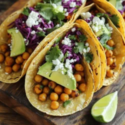 - 1 can (15 oz) chickpeas - 1 tablespoon olive oil - Spices: smoked paprika, ground cumin, chili powder, cayenne pepper - Toppings: shredded red cabbage, avocado, cilantro, feta cheese (optional) These ingredients create a tasty base for your spicy chickpea tacos. Chickpeas give you protein and fiber. Olive oil adds healthy fat and helps the spices stick. You can serve the tacos with various sauces and sides for extra flavor. Try adding hot sauce for heat. A side of rice or a simple salad works well too. To enhance nutrition, add more veggies. Chopped tomatoes or diced bell peppers add color. They also boost vitamins. You can mix and match to suit your taste. For the full recipe, check the complete details to create these delicious tacos. First, preheat your oven to 400°F (200°C). This step is key for crispy chickpeas. Next, you need to mix the chickpeas with olive oil and spices. In a large bowl, add the drained chickpeas. Pour in one tablespoon of olive oil. Then, add one teaspoon of smoked paprika, one teaspoon of ground cumin, and half a teaspoon of chili powder. If you like heat, add a quarter teaspoon of cayenne pepper. Finish with salt and pepper to taste. Toss everything well to coat the chickpeas evenly. Now, spread the chickpeas on a baking sheet in a single layer. This helps them roast evenly. Place the baking sheet in the oven and roast for about 20 to 25 minutes. Stir them halfway through to ensure they get crispy all around. You’ll know they are done when they turn golden and crunchy. While the chickpeas are roasting, it’s time to warm your tortillas. You can do this in a skillet over medium heat. Heat each tortilla for about 30 seconds on each side. This makes them soft and easy to fold. Keeping them warm means they won’t crack when you fill them. Once the chickpeas are crisp, take them out of the oven. Start building your taco by laying a generous amount of crispy chickpeas onto each tortilla. Next, top them with shredded red cabbage for crunch. Add sliced avocado for creaminess and sprinkle with fresh cilantro. For extra flavor, drizzle lime juice over the top. If you want it creamier, add crumbled feta cheese. Now your tacos are ready to enjoy! For the full recipe, check out the [Full Recipe]. To adjust the spice levels in your tacos, start by tasting the spices as you mix. If you like it hot, add more cayenne pepper. For milder tacos, use less. You can also add more lime juice to balance the heat. Remember, everyone has different preferences, so taste as you go. It’s fun to find the right mix for you! To keep your roasted chickpeas fresh, store them in an airtight container. They will stay crunchy for about three days. If they lose their crunch, try reheating them in the oven for a few minutes. For tacos, assemble only what you will eat. Store leftover toppings separately to keep them fresh. You can use leftovers for salads or wraps, too! To elevate the taste of your tacos, consider adding more toppings. Fresh mango or pineapple can give a sweet kick. You might sprinkle some jalapeños for extra heat. Try adding a dollop of yogurt or sour cream for creaminess. Mix in some spices like coriander or garlic powder to the chickpeas for added depth. There are endless ways to make your tacos unique! For the full recipe, refer to the [Full Recipe]. {{image_2}} For a plant-based twist, use lentils instead of chickpeas. Lentils cook fast and pack protein. You can also try black beans or pinto beans for a different flavor. If you want a meat-like texture, consider jackfruit. It soaks up spices well and has a fun, pulled texture. Add some sautéed mushrooms for a hearty bite. To change the taste, mix up the spices. Try adding garlic powder or onion powder for depth. A splash of soy sauce or tamari can add a savory kick. If you like citrus, replace lime with lemon or orange juice. For a smoky flavor, try adding chipotle powder. This gives your tacos a unique twist that excites the taste buds. When it comes to tortillas, you have options. Corn tortillas are gluten-free and add a nice texture. Flour tortillas are soft and chewy, making them a favorite for many. You can even use lettuce wraps for a low-carb version. Look for gluten-free tortillas made from almond or coconut flour for a new taste. Each tortilla type brings its own flair to your spicy chickpea tacos. Store leftover chickpeas in an airtight container. Keep them in the fridge for up to five days. For longer storage, freeze them in a freezer-safe bag. Make sure to remove as much air as possible. This method helps keep their flavor and texture. To keep tortillas fresh, store them in a sealed bag. Place them in the fridge for up to a week. For longer storage, you can freeze them. Just wrap each tortilla in plastic wrap before placing them in the freezer. This way, they won’t stick together. Reheat chickpeas in the oven or microwave. For the oven, set it to 350°F (175°C). Spread the chickpeas on a baking sheet and heat for about 10 minutes. If using a microwave, heat in short bursts of 30 seconds. Stir in between to avoid uneven heating. For tortillas, warm them in a skillet. Heat each side for about 20 to 30 seconds. This keeps them soft and pliable, perfect for making tacos. Enjoy your tasty Spicy Chickpea Tacos with all the right textures! Yes, you can prep the chickpeas and toppings in advance. - Cook the chickpeas and store them in a container. - Keep the tortillas wrapped in foil or a bag. - Prepare toppings like cabbage and avocado, but slice avocados just before serving. Chickpeas are very versatile. Here are some great additions: - Fresh tomatoes for a juicy bite. - Diced red onion for a sharp flavor. - Sliced jalapeños for added heat. - Corn for sweetness and crunch. If you love heat, try these tips: - Add more cayenne pepper to the chickpeas. - Drizzle hot sauce on top before serving. - Include fresh chopped jalapeños as a topping. - Use spicy salsa for extra kick. Yes, they can be gluten-free! - Use corn tortillas, which are naturally gluten-free. - Check labels on any packaged ingredients. - Swap out feta cheese for a dairy-free option if needed. For the full recipe, check out the details provided. In this blog post, we covered how to make tasty Spicy Chickpea Tacos. We went through the main ingredients, including chickpeas, olive oil, and spices. You learned step-by-step instructions for preparation and roasting, plus tips for perfect spice levels and leftovers. Remember, these tacos are versatile; feel free to swap ingredients to suit your taste. With their bold flavors and fun assembly, Spicy Chickpea Tacos are a dish you can enjoy any time. Try making them your own with different toppings or sauces. Enjoy!