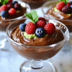 To make Vegan Chocolate Avocado Mousse, you need a few key ingredients. Each one plays an important role in creating that creamy delight. Here’s a detailed list of what you’ll need: - Ripe Avocados: You need 2 ripe avocados. They give the mousse its creamy base and healthy fats. - Unsweetened Cocoa Powder: Use 1/2 cup. This adds rich chocolate flavor without added sugar. - Maple Syrup or Agave Nectar: Choose 1/2 cup of either. This natural sweetener balances the cocoa’s bitterness. - Almond Milk or Non-Dairy Milk: Add 1/4 cup. It helps blend everything into a smooth texture. - Vanilla Extract: You need 1 teaspoon. This adds a warm, sweet note to the mousse. - Sea Salt: Just a pinch enhances the flavors and richness. - Optional Garnishes: Fresh berries and mint leaves add color and freshness on top. These ingredients combine to create a dessert that feels indulgent but is also healthy. For the full recipe details, follow along! How to Prepare the Avocados Start with two ripe avocados. Cut them in half and remove the pit. Use a spoon to scoop out the green flesh. Place the avocado in your food processor. Ripe avocados are key for a creamy mousse. They should feel soft but not mushy. Blending the Ingredients Together Next, add the unsweetened cocoa powder, maple syrup, almond milk, vanilla extract, and a pinch of sea salt. Blend everything on high speed. Keep blending until it’s smooth and creamy. You may need to scrape the sides to mix well. This step is crucial for a perfect texture. Adjusting Sweetness and Flavor After blending, taste the mousse. If it needs more sweetness, add a bit more maple syrup. Blend again briefly to mix. You want a nice balance of chocolate and sweetness. Adjusting flavors is part of making it your own. Chilling the Mousse Once the mousse is smooth and sweet, transfer it to bowls or glasses. Chill in the fridge for at least 30 minutes. This helps the flavors come together and sets the mousse. It’s worth the wait! You can enjoy it after it’s chilled and ready to serve. For the full recipe, check out the [Full Recipe]. To make the best vegan chocolate avocado mousse, focus on a few key points. First, for soothing creaminess, use ripe avocados. They should feel soft when you press them. This ensures a smooth blend. Next, check your sweetness levels. Start with half a cup of maple syrup. After blending, taste the mousse. If it is not sweet enough, add a bit more syrup. Blend again. This helps create a balanced flavor. Lastly, use high-quality cocoa powder. This makes a big difference in taste. Look for unsweetened cocoa with a rich flavor. Avoid low-quality brands for the best results. When it comes to serving, think about what pairs well with your mousse. Fresh berries add a bright touch. They bring a nice contrast to the rich chocolate flavor. Mint leaves also lend a fresh aroma. For creative serving ideas, try using small glasses or bowls. Layer the mousse with fresh fruit or granola for added texture. You can also serve it in a jar for a fun look. Consider making a chocolate sauce to drizzle on top, too. This adds extra flair and flavor. {{image_2}} You can make this mousse even better with a few fun add-ins. - Adding Nut Butter for Extra Richness A spoonful of almond butter or peanut butter brings a creamy touch. This adds flavor and richness. Just blend it in with the other ingredients. You will love the nutty twist! - Infusing with Espresso or Coffee Flavors Want a coffee kick? Add a shot of espresso or instant coffee. This gives the mousse a deep, bold flavor. Mix it in while blending for a delicious taste boost. If you have special diet needs, don't worry! You can adjust the recipe easily. - Sugar-Free Options For a sugar-free treat, use stevia or monk fruit sweetener. These options keep the mousse sweet without sugar. Just swap in place of maple syrup. - Nut-Free Variants If you have nut allergies, use oat milk instead of almond milk. This keeps the mousse creamy without nuts. Enjoy a tasty dessert without worry! Feel free to explore these variations to suit your taste. Each option adds a unique twist to the classic Vegan Chocolate Avocado Mousse. Check out the Full Recipe for the base you can customize! To keep your Vegan Chocolate Avocado Mousse fresh, store it in the fridge. Use an airtight container to prevent any odors from other foods. The mousse will stay good for about three days. If you have extra mousse, you can freeze it. Pour the mousse into a freezer-safe container. Leave some space at the top, as it may expand when frozen. You can freeze it for up to three months. When you’re ready to eat it, take it out and thaw in the fridge overnight. If you want it faster, place the container in cool water for about an hour. Once thawed, stir it gently to restore its creamy texture. Make sure to check the mousse for any changes in texture or smell before serving. Enjoy your creamy delight again! For the full recipe, check the previous section. Can I use ripe bananas instead of avocados? No, ripe bananas won't give the same creamy texture. Avocados have healthy fats that make this mousse rich and smooth. How long can I store leftover mousse? You can keep leftover mousse in the fridge for up to three days. Just cover it well to keep it fresh. Is this Vegan Chocolate Avocado Mousse gluten-free? Yes, this mousse is gluten-free. All the ingredients are naturally free from gluten. What can I use instead of maple syrup? You can use agave nectar or even date syrup. Both options add sweetness and flavor, just like maple syrup. Can I make this recipe nut-free? Yes, you can. Simply use oat milk or coconut milk instead of almond milk. These options keep it nut-free. How can I make this mousse fluffier? To make it fluffier, whip some aquafaba (chickpea brine) until stiff peaks form. Fold it into the mousse before chilling. What are the health benefits of avocados in desserts? Avocados are packed with healthy fats, vitamins, and minerals. They make desserts creamy while adding nutrients and fiber. This mousse is a tasty way to enjoy the benefits of avocados. This blog post covered how to make a tasty vegan chocolate avocado mousse. We looked at the key ingredients like ripe avocados, cocoa, and maple syrup. You learned the steps to make it creamy and flavorful, and I shared tips to perfect the texture. We discussed fun variations and how to store leftovers. For a delicious dessert, this mousse hits the mark. Now, enjoy making it your way! You've got this!