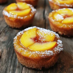 For the best flavor, use ripe, fresh peaches. You need two large peaches. Slice them thin. This helps them cook evenly and look nice on top. These are the building blocks of your mini cakes. You will need: - 1 cup all-purpose flour - 1 teaspoon baking powder - 1/2 teaspoon baking soda - 1/4 teaspoon salt - 1/4 cup unsalted butter, melted - 1/2 cup brown sugar - 1/2 cup granulated sugar These ingredients give the cakes their texture and sweetness. You will also need some special extras to make your cakes shine: - 1/4 cup plain yogurt - 1 large egg - 1 teaspoon vanilla extract Yogurt keeps the cakes moist, while the egg helps them rise. The vanilla adds great flavor. Check the full recipe for complete details on making these delicious mini cakes! First, preheat your oven to 350°F (175°C). This step helps the cakes bake perfectly. Next, grease your muffin tin or mini cake pan. Use a bit of butter or cooking spray to ensure the cakes won't stick. In a small bowl, mix melted butter and brown sugar. Stir well and pour the mixture evenly into the bottom of each muffin cup. This sweet layer adds flavor. Now, take your ripe peaches, slice them, and arrange them on top of the brown sugar mix. Overlap the slices if needed to fit them all. In another bowl, combine all-purpose flour, baking powder, baking soda, and salt. Whisk these dry ingredients together and set the bowl aside. In a large mixing bowl, beat granulated sugar and yogurt until smooth. Add one large egg and vanilla extract, then mix until well blended. Gradually stir in the flour mixture. Be careful not to overmix; a few lumps are okay. This batter will make your cakes light and fluffy. Now it’s time to fill the muffin cups. Spoon the batter over the peach slices, filling each cup about two-thirds full. Place the pan in the oven and bake for 20-25 minutes. Check the cakes by inserting a toothpick in the center. If it comes out clean, they are done. Once baked, remove the mini cakes from the oven. Let them cool in the pan for five minutes. After cooling, invert the cakes onto a wire rack or serving platter. This step shows off the lovely peach topping. To make great peach upside down mini cakes, start with ripe peaches. Look for peaches that feel soft but not mushy. Their skin should have a nice warm color. If they smell sweet, they are ready to eat. When you slice them, they should be juicy and bright inside. Avoid peaches with bruises or dark spots. For perfect mini cakes, follow a few key steps. First, don't overmix the batter. Mix until just combined for a light texture. Use a kitchen scale if you have one; it helps with precise measurements. Make sure your oven is preheated to 350°F (175°C) before baking. This helps the cakes rise evenly. Also, keep an eye on the baking time. Every oven is different, so check for doneness around the 20-minute mark. When your mini cakes are done, let them cool for a few minutes. This makes them easier to remove from the pan. For a special touch, dust them with powdered sugar. You can also drizzle honey on top for added sweetness. Serve them warm or at room temperature for a delightful treat. Pair them with a scoop of vanilla ice cream for a fun dessert. For a twist, add a sprinkle of cinnamon or nutmeg to the batter. You can find the full recipe in the earlier section. {{image_2}} You can add spices for a twist on these mini cakes. Try cinnamon or nutmeg. A pinch of cardamom brings warmth too. Adding lemon zest can brighten the flavor. These spices mix well with the sweet peaches. You can even use almond extract instead of vanilla for a unique taste. Toppings can change your mini cakes. Instead of just peaches, try blueberries or cherries. A dollop of whipped cream adds creaminess. You can also drizzle caramel sauce for extra sweetness. If you want a crunch, sprinkle chopped nuts on top. Fresh mint leaves add color and freshness. You can make these cakes healthier with a few swaps. Use whole wheat flour instead of all-purpose flour. This adds fiber and nutrients. You can replace granulated sugar with honey or maple syrup. Use Greek yogurt for a protein boost. For dairy-free options, use almond or coconut yogurt. These changes keep the taste while making it healthier. After enjoying your peach upside down mini cakes, you might have some left. Let the cakes cool completely. Then, place them in an airtight container. These cakes will stay fresh for up to three days at room temperature. If you want to keep them longer, refrigerate them for up to a week. Just remember, the longer they sit, the softer they may become. Freezing is a great option if you want to save some cakes for later. First, let the cakes cool completely. Wrap each mini cake in plastic wrap tightly. Then, place them in a freezer-safe bag or container. They can be frozen for up to three months. When you’re ready to enjoy them, just thaw them overnight in the fridge. To reheat your mini cakes, preheat the oven to 350°F (175°C). Place the cakes on a baking sheet. Heat them for about 10 minutes or until warm. You can also use a microwave. Just place a cake on a microwave-safe plate. Heat it for about 20-30 seconds. Enjoy your warm, delicious cake with fresh peach flavor! For more details, check out the full recipe. Yes, you can use canned peaches. Just make sure to drain them well. Canned peaches can add sweetness and moisture. They work well in this recipe. Fresh peaches are still the best choice for flavor. If you use canned, look for peaches in light syrup or water. To check if the mini cakes are done, use a toothpick. Insert it in the center of a cake. If it comes out clean, the cakes are ready. They should also be golden brown on top. The edges will pull away from the pan slightly. To invert the cakes, let them cool in the pan for five minutes. Then, place a wire rack or platter over the pan. Quickly flip it upside down. Give it a gentle tap to release the cakes. If they stick, gently run a knife around the edges. This helps keep them intact. Enjoy your beautiful mini cakes! For the full recipe, check out the details above. We covered the key ingredients and steps for making peach mini cakes. You now have baking tips, storage info, and fun variations to make this recipe your own. Use fresh peaches for the best taste and try different flavors to impress your guests. Remember to follow the baking process closely for great results. With these tips, you can enjoy these tasty treats at any time. Get started and make these mini cakes today!