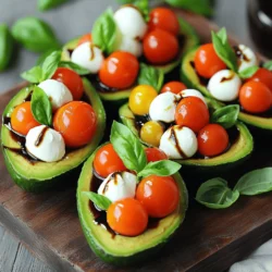 To make Caprese Stuffed Avocados, you need: - 2 ripe avocados - 1 cup cherry tomatoes, halved - 1 cup fresh mozzarella balls, drained (bocconcini) - ¼ cup fresh basil leaves, chopped - 2 tablespoons balsamic glaze - 1 tablespoon olive oil - Salt and pepper to taste Choose ripe avocados that yield slightly to gentle pressure. This means they are soft, not mushy. Look for cherry tomatoes that are bright and firm. They should feel heavy for their size. When picking mozzarella balls, choose ones that are fresh and stored in water. Fresh basil should smell strong and have vibrant green leaves. Avoid any that are wilted or brown. Caprese Stuffed Avocados provide many health benefits. Avocados are rich in healthy fats, which are good for your heart. They also have fiber, which helps digestion. Cherry tomatoes are full of vitamins A and C, boosting your immune system. Mozzarella adds protein and calcium for strong bones. Basil is full of antioxidants, which can help reduce inflammation. Together, they create a tasty and healthy meal! To start, you need ripe avocados. Look for ones that yield slightly when pressed. Cut each avocado in half. Be careful when removing the pit. Use a spoon to scoop out a little flesh. This makes space for your filling. Set the avocado halves aside while you prepare the filling. In a medium bowl, take one cup of cherry tomatoes. Cut them in half for better mixing. Add one cup of fresh mozzarella balls. Make sure they are drained well. Then, chop ¼ cup of fresh basil leaves. Toss them all together in the bowl. Drizzle with one tablespoon of olive oil. Season with salt and pepper to taste. Mix gently until everything is well combined. Now it’s time to fill your avocados! Take the tomato and mozzarella mixture from the bowl. Spoon it into the hollowed-out avocado halves. Fill them generously, mounding the mixture on top. Drizzle balsamic glaze over the stuffed avocados for extra flavor. If you like, add some extra basil leaves on top for a nice touch. Your Caprese stuffed avocados are ready to serve! You can check out the Full Recipe for more details. To keep your avocados fresh, use lemon juice. Just squeeze some juice on the cut sides. This simple trick slows down browning. You can also cover the avocados tightly with plastic wrap. Air makes them brown faster, so wrap them well. For the best taste, use ripe avocados. They should feel soft but not mushy. Choose sweet cherry tomatoes for a burst of flavor. Fresh mozzarella adds creaminess, while basil gives a fresh touch. Mix these ingredients gently to keep the textures nice. Taste as you go. Adjust salt and pepper to make the flavors pop. Serve the stuffed avocados on a nice platter. Drizzle extra balsamic glaze around them for a fancy look. You can also add some crusty bread on the side. This makes it a full meal. For a fun twist, try different herbs like mint or cilantro. You can even sprinkle some crushed nuts for added crunch. These ideas make your dish eye-catching and delicious. Find the full recipe to create your own flavorful Caprese stuffed avocados! {{image_2}} If you want to skip cheese, try using avocado cream. Blend ripe avocado with lime juice and a touch of salt. You can also use cashew cheese. Soak raw cashews in water, blend until smooth, and season with garlic powder. These options give you a creamy texture without dairy. Get creative with your fillings! Instead of mozzarella, use feta or goat cheese for a tangy twist. You can also add cooked quinoa for more protein. If you like spice, try adding diced jalapeños or a sprinkle of red pepper flakes. Roasted red peppers or olives make great additions too. To make this dish vegan, just remove the cheese and use avocado cream or a vegan cheese alternative. This recipe is naturally gluten-free, so you don’t need to worry about substitutions here. Feel free to add more veggies like spinach or arugula for added nutrients. You can also serve it with gluten-free bread or crackers for a complete meal. For the full recipe, be sure to check out the Caprese Stuffed Avocados! To keep your Caprese stuffed avocados fresh, wrap them tightly in plastic wrap. Store them in the fridge. This helps slow down browning. It is best to eat them within one day for the best taste. If you have leftover filling, store it in an airtight container. For the best flavor, use fresh ingredients. Store avocados at room temperature until ripe. Once ripe, place them in the fridge. Keep cherry tomatoes in a cool, dark place, not in the fridge. Fresh mozzarella should stay in its brine until you need it. Use fresh basil right away for the best taste. You can eat Caprese stuffed avocados cold or at room temperature. If you want to heat them, be careful. Place them in the oven at a low temperature. Heat them for just a few minutes. This warms up the filling without cooking the avocado too much. Enjoy your meal fresh and flavorful! For the full recipe, check out the details above. Stuffed avocados last about one day in the fridge. After that, they start to brown. To keep them fresh, store them in an airtight container. You can add lemon juice on top before sealing. This helps slow down browning. You can prepare the filling ahead of time. Mix the tomatoes, mozzarella, and basil. However, it’s best to stuff the avocados just before serving. This keeps the avocado creamy and fresh. If you fill them early, they may brown and lose their taste. If you don’t have balsamic glaze, use balsamic vinegar. Just drizzle it over the stuffed avocados. You can also mix olive oil with a bit of honey for a sweet touch. This adds flavor without losing the dish's essence. For a tangy twist, try a lemon vinaigrette instead. Caprese Stuffed Avocados offer a simple, healthy dish that anyone can enjoy. We covered fresh ingredients, easy prep, and tasty assembly. You learned about keeping avocados fresh and flavorful, plus some fun variations. Always remember, you can adapt this recipe to fit any diet. With proper storage, your leftovers will still taste great. Enjoy making this dish several times, sharing it with friends or family. It’s easy and satisfying, perfect for any occasion.