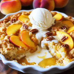 For a delightful Peach Cobbler Dump Cake, gather these fresh ingredients: - 4 cups fresh peaches (or canned peaches, drained) - 1 cup granulated sugar - 1 teaspoon vanilla extract - 1 teaspoon cinnamon Fresh peaches bring a sweet and juicy flavor to this dish. If you choose canned peaches, make sure to drain them well. The sugar enhances the natural sweetness of the peaches. The vanilla extract adds a warm aroma, while the cinnamon gives it a cozy touch. Next, you will need these pantry staples: - 1 box yellow cake mix (about 15.25 oz) - 1 cup unsalted butter, melted - 1 cup chopped pecans or walnuts (optional) The yellow cake mix acts as the base for your cobbler, creating a soft and fluffy texture. Melting the butter helps it soak into the cake mix. Adding chopped nuts is optional, but they can bring a nice crunch. To serve your Peach Cobbler Dump Cake, try these options: - Vanilla ice cream or whipped cream for serving Serving this warm dessert with vanilla ice cream or whipped cream creates a perfect contrast. The creaminess complements the sweet peaches, making each bite a treat. For the full recipe, check out the detailed cooking steps! - Preheat oven to 350°F (175°C). - Grease a 9x13-inch baking dish with butter or non-stick spray. - In a large bowl, mix together 4 cups of sliced peaches, 1 cup of sugar, 1 teaspoon of vanilla, and 1 teaspoon of cinnamon. Make sure the peaches are well-coated. - Spread the peach mixture evenly in the bottom of the baking dish. - Sprinkle 1 box of yellow cake mix evenly over the peaches. - Drizzle 1 cup of melted butter evenly over the cake mix. It doesn’t need to cover fully. - If you like nuts, sprinkle 1 cup of chopped pecans or walnuts on top. - Bake for 45-50 minutes. The top should be golden brown and bubbly. Use a toothpick to check; it should come out clean. - Let it cool for a few minutes before serving. For the complete recipe, refer to the Full Recipe section. To achieve a golden brown crust, keep these tips in mind: - Bake the dump cake for the full time. Check it at 45 minutes, but don’t rush it. - Make sure the melted butter is evenly drizzled. This helps the top crisp. Using fresh peaches gives the best flavor and texture. Their juices blend well with the cake. If you use canned peaches, drain them well to avoid extra moisture. This keeps the cake from getting soggy. Adding spices can take your dump cake to the next level. Cinnamon adds warmth, while nutmeg gives a cozy touch. You can also try almond or vanilla extract for a richer flavor. Pair your peach cobbler dump cake with ice cream. Vanilla ice cream is classic. Chocolate ice cream adds a fun twist, while cinnamon ice cream enhances the spice notes. How you present your dump cake matters. Serve it warm, topped with a scoop of vanilla ice cream. A dollop of whipped cream also works great. Garnish with a slice of peach or a sprig of mint for a fresh look. For sides, consider serving it with a light salad. A refreshing green salad balances the sweetness of the cake. You can also serve it with a glass of sweet tea for a delightful treat. {{image_2}} You can switch out peaches for other fruits. Try cherries, blueberries, or apples. Each fruit adds a unique flavor. Seasonal fruits like strawberries or plums taste great too. This gives you a fresh twist each time. If you want a lower sugar dessert, use less sugar or a sugar substitute. Applesauce can replace some sugar too. For gluten-free options, look for a gluten-free cake mix. It still tastes great and works well in this recipe. For a fun twist, add chocolate or caramel sauce. Drizzle it over the top before baking. You could also layer the cake with whipped cream or pudding. This makes it a layered dessert, adding more flavor and fun! To keep your Peach Cobbler Dump Cake fresh, start by placing it in the refrigerator. Use an airtight container or cover it with plastic wrap. Make sure it cools completely first. This will prevent moisture build-up and keep it tasty. If you want to store it for later, freezing is a great option. Cut the cake into pieces and wrap each piece in plastic wrap. Then place them in a freezer-safe bag or container. This helps keep the flavor and texture intact. When it’s time to enjoy your leftovers, reheating is simple. The best method is to use the oven. Preheat your oven to 350°F (175°C). Place the cake in an oven-safe dish and cover it with foil. Heat it for about 15 to 20 minutes. This makes sure it warms evenly without drying out. You can also use the microwave for quick reheating. Heat a slice for about 30 seconds to 1 minute, checking to make sure it's warm but not too hot. In the refrigerator, your cake will stay good for about 3 to 4 days. If you freeze it, it can last for up to 3 months. Just remember to wrap it well to prevent freezer burn. When you’re ready to eat it, thaw it overnight in the fridge before reheating. For the best flavor and texture, try to eat it within these time frames. Enjoy every bite of your delightful dessert! Yes, you can use frozen peaches. Just thaw them first. Drain any excess water before mixing. This keeps your dump cake from becoming too watery. The flavor will still be great! Frozen peaches often work well, especially when fresh ones aren't in season. For a tasty twist, try these toppings: - Whipped cream for extra creaminess - Vanilla ice cream for a cold treat - Chopped nuts for crunch - Fresh mint leaves for a pop of color These toppings add flavor and make your dessert look fancy! You can prepare it one day ahead. Mix the peach filling and put it in the baking dish. Cover with plastic wrap and store in the fridge. Wait to add the cake mix and butter until you're ready to bake. This keeps everything fresh. Bake it just before serving for the best taste! This post covered how to make a delicious Peach Cobbler Dump Cake. We discussed fresh ingredients, pantry staples, and serving ideas. I shared step-by-step baking instructions and useful tips for perfect texture and flavor. You learned how to store and reheat your cake, plus variations and substitutions for customization. Try out these methods and enjoy sweet servings of joy. Bake, taste, and delight in this easy treat!