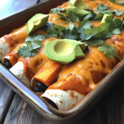 To make Sweet Potato Black Bean Enchiladas, gather these simple ingredients: - 2 medium sweet potatoes, peeled and diced - 1 can (15 oz) black beans, rinsed and drained - 1 cup corn kernels (fresh or frozen) - 1 teaspoon cumin - 1 teaspoon chili powder - Salt and pepper, to taste - 2 cups enchilada sauce (store-bought or homemade) - 8 small corn tortillas - 1 cup shredded cheese (cheddar or Monterey Jack) - Fresh cilantro, for garnish - 1 avocado, sliced (for topping) These enchiladas are a tasty way to enjoy healthy ingredients. Each serving offers: - Calories: 350 - Protein: 14g - Carbohydrates: 54g - Dietary Fiber: 10g - Total Fat: 12g Sweet potatoes provide vitamins A and C while black beans add protein and fiber. This dish is filling and nutritious. You can adjust this recipe to fit various diets. Here are some options: - Vegan: Omit cheese or use a vegan cheese substitute. - Gluten-Free: Use gluten-free tortillas instead of corn tortillas. - Low-Carb: Substitute sweet potatoes with zucchini or cauliflower. These changes keep the dish flavorful while meeting different dietary needs. For the full recipe, check the earlier section. First, you need to preheat your oven to 375°F (190°C). This step is key for even cooking. Next, bring a large pot of salted water to a boil. Add the diced sweet potatoes and cook them for 10-12 minutes. You want them to be fork-tender. After that, drain and set them aside. In a large bowl, combine the sweet potatoes, rinsed black beans, corn, cumin, chili powder, salt, and pepper. Mix it well so all the flavors blend together. This filling will be the heart of your enchiladas. Now, warm the corn tortillas. Use a dry skillet over medium heat. Heat them for about 30 seconds on each side. This makes them soft and easy to work with. Grab a greased 9x13-inch baking dish. Pour about 1/2 cup of enchilada sauce on the bottom. Take one tortilla and fill it with about 1/3 cup of your sweet potato mixture. Sprinkle a little cheese on top, then roll it up tightly. Place it seam-side down in the dish. Repeat this for all tortillas. Pour the remaining enchilada sauce over the rolled enchiladas. Make sure they are covered well. Then, sprinkle the rest of the cheese on top. Cover the dish with foil and bake for 20 minutes. After that, remove the foil. Bake for another 10-15 minutes until the cheese is melted and bubbly. Take the dish out of the oven and let it cool for a few minutes. Before serving, garnish with fresh cilantro and sliced avocado. Enjoy your Sweet Potato Black Bean Enchiladas, bursting with flavor! For more detailed guidance, check the Full Recipe. To make the best enchiladas, use fresh tortillas. They should be soft and warm. Heat them in a skillet for a few seconds. This makes them easy to roll. Also, don’t overfill the tortillas. About 1/3 cup of filling works well. If you pack them too tight, they can break. When cooking sweet potatoes, cut them into even pieces. This helps them cook evenly. Boil them for 10-12 minutes until fork-tender. If you prefer, you can also roast them. Just toss them with a little oil, salt, and pepper. Roast at 400°F for about 25 minutes. This adds a nice caramelized flavor. For cheese, I love using cheddar or Monterey Jack. Both melt nicely and add great taste. Feel free to mix them for more flavor. As for sauces, you can use store-bought enchilada sauce or make your own. A homemade sauce gives a fresh taste and goes well with the sweet potatoes. For a twist, add some lime juice or cilantro to the sauce. You can find the Full Recipe for more detailed steps. {{image_2}} You can add ground turkey or chicken to your enchiladas. This step adds protein and richness. Start by cooking 1 pound of ground meat in a skillet until brown. Drain the fat and mix the meat with the sweet potato filling. This makes the dish hearty and satisfying. You can also season the meat with cumin and chili powder to match the filling's flavors. To make these enchiladas vegan, swap the cheese for a plant-based option. You can use cashew cheese or nutritional yeast for a cheesy flavor. Replace the regular tortillas with corn tortillas that are dairy-free. Ensure your enchilada sauce contains no animal products. This way, you keep the deliciousness without any animal ingredients. If you like heat, add jalapeños to the mix. Chop 1-2 fresh jalapeños and stir them into the sweet potato filling. You can also sprinkle some sliced jalapeños on top before baking. This adds a nice kick and makes the dish more exciting. Adjust the amount based on your spice preference. To keep your enchiladas fresh, let them cool completely. Place leftovers in an airtight container. They will stay good in the fridge for up to four days. If you want to enjoy them later, freezing is a great option. To reheat, take the enchiladas out of the fridge. Preheat your oven to 350°F (175°C). Cover the dish with foil to keep them moist. Heat for 20-25 minutes, or until warm. You can also use a microwave. Place them on a microwave-safe plate and heat in 30-second intervals until hot. To freeze, wrap each enchilada tightly in plastic wrap. Then place them in a freezer-safe bag. They can last for up to three months. When you're ready to eat, thaw them overnight in the fridge. Bake them at 350°F (175°C) until heated through. This way, you can enjoy sweet potato black bean enchiladas anytime! For the full recipe, check the earlier section. Yes, you can prepare these enchiladas ahead of time. Just assemble them and cover tightly. Store in the fridge for up to 24 hours. When ready to cook, just bake as directed. This makes meal prep easy and quick! If you want to swap black beans, use pinto beans or kidney beans. You can also try lentils for a different texture. Each option adds protein and flavor to your dish. To make enchilada sauce, blend together: - 1 can (15 oz) of tomato sauce - 2 tablespoons chili powder - 1 teaspoon cumin - 1 teaspoon garlic powder - Salt to taste. Heat it in a pot until warm, stirring often. This simple sauce gives your enchiladas a fresh taste! Enchiladas go well with many sides, like: - Mexican rice - Refried beans - A fresh salad - Guacamole. These sides add more color and flavor to your meal. To make the enchiladas gluten-free, use corn tortillas instead of flour tortillas. Make sure the enchilada sauce is gluten-free as well. This way, you can enjoy the dish without worry! For the full recipe, check out the [Full Recipe]. You learned about making tasty Sweet Potato Black Bean Enchiladas. We covered the key ingredients, steps, and tips for success. You can even make variations to suit your taste. Storage options help keep your leftovers fresh. I hope you feel ready to try this fun recipe. Enjoy your cooking and impress everyone with your delicious enchiladas!