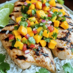 - 2 boneless, skinless chicken breasts - 1 ripe mango, diced - 1 red bell pepper, finely chopped - 1/2 red onion, finely chopped - 1 jalapeño, deseeded and minced - 2 tablespoons fresh cilantro, chopped - Juice of 1 lime - 2 tablespoons olive oil - Salt and pepper to taste - 1 teaspoon garlic powder - 1 teaspoon cumin - Grilling equipment (grill or grill pan) - Mixing bowls - Knife and cutting board - Measuring spoons When I prepare Mango Salsa Chicken, I focus on fresh ingredients. The chicken is the star. I use two boneless, skinless chicken breasts. They grill up so nicely and stay juicy. The ripe mango adds sweetness. Make sure it's perfectly ripe for the best flavor. The red bell pepper brings crunch and color. I chop it finely so it blends well in the salsa. Half a red onion adds a nice bite. I love the mild flavor it gives. A jalapeño kicks up the heat. Just remove the seeds for less spice. Fresh cilantro adds a pop of flavor. I chop it finely and mix it in. Lime juice adds brightness. It balances all the flavors. I also use olive oil to help marinate the chicken. Salt, pepper, garlic powder, and cumin round out the taste. For the tools, I keep it simple. A good grill is key. I prefer a grill pan for indoor cooking. Mixing bowls help me combine ingredients easily. A sharp knife and cutting board make prep quick. Measuring spoons ensure I get the right amounts. With these ingredients and tools, you're set to make a delicious Mango Salsa Chicken dinner. If you're ready for the full recipe, let's get cooking! - First, gather your marinade ingredients. You need olive oil, lime juice, garlic powder, cumin, salt, and pepper. - Mix these in a small bowl until well combined. - Take the chicken breasts and put them in a shallow dish. Pour the marinade over the chicken. - Make sure the chicken is covered well. - Cover and refrigerate it for at least 30 minutes. You can marinate it for up to 2 hours if you want more flavor. - While the chicken marinates, let’s prepare the mango salsa. - In a medium bowl, combine diced mango, red bell pepper, red onion, jalapeño, and fresh cilantro. - Gently toss the ingredients together. - Add a pinch of salt to taste. This step helps enhance the flavors. - Set the salsa aside to let the flavors meld while the chicken absorbs the marinade. - Preheat your grill or grill pan over medium heat. - Once it’s hot, remove the chicken from the marinade. - Place the chicken on the grill. - Grill the chicken for about 6-7 minutes on each side. - Use a meat thermometer to check that the inside temperature reaches 165°F (75°C). - When done, take the chicken off the grill. Let it rest for a few minutes. - Just before serving, top the grilled chicken with the mango salsa. For the full recipe, check the section above. Enjoy your flavorful grilled dinner! To get perfect grill marks, preheat your grill well. Aim for medium-high heat. Place the chicken at a 45-degree angle on the grill. Flip the chicken after about three minutes for those beautiful crosshatch marks. To check chicken doneness, use a meat thermometer. Insert it into the thickest part of the chicken. The safe internal temperature is 165°F (75°C). If you don’t have a thermometer, cut into the chicken. Look for clear juices and no pink meat inside. For side dishes, rice or quinoa works great. They soak up the salsa juices. A simple green salad adds a fresh crunch. You might also try grilled veggies for a colorful plate. For garnishing, add extra cilantro on top of the chicken. Lime wedges give a bright look and taste. Consider serving on a colorful plate to make it pop. To streamline prep, gather all your ingredients first. Chop the mango and veggies while the chicken marinates. This way, you save time and keep your space tidy. While the chicken grills, clean up your prep area. You can also prepare the salsa during this time. It’s a great way to multitask and keep everything flowing. For the full recipe, check the section above. {{image_2}} You can switch the chicken for turkey or tofu. Both options work well. Turkey has a similar taste and can keep the dish light. Tofu absorbs flavors, making it a great choice for vegetarians. For the salsa, you can try different fruits. Pineapple adds a sweet zing. Peaches bring a juicy twist, while avocado adds creaminess. Each fruit brings a unique flavor to the table. You can boost the flavor by adding spices. Try smoked paprika for a hint of smokiness. Cumin adds warmth, while chili powder gives a kick. Fresh herbs like basil or mint can brighten the dish. Pairing with sauces can also change the taste. A drizzle of honey mustard adds sweetness. Alternatively, a spicy barbecue sauce gives a smoky flavor. These small changes can make a big impact. To make this dish low-carb, skip the rice or quinoa. Instead, serve it with a side salad. You can also use cauliflower rice for a light option. This keeps the flavors while cutting carbs. For a gluten-free meal, ensure all sauces are gluten-free. Most ingredients in the recipe are already gluten-free. If you choose to add any sauces, check their labels to be safe. Vegetarian options are easy too. Replace the chicken with grilled vegetables. Zucchini, bell peppers, and eggplant work well. Marinate them just like the chicken for great flavor. For the full recipe, check out the detailed instructions above. To keep your mango salsa chicken fresh, store it in the fridge. Place the chicken and salsa in separate airtight containers. This helps keep the chicken juicy and the salsa bright. The chicken stays good for about three days. The salsa can last for two days. Always check for any strange smells before using leftovers. When reheating the grilled chicken, use the oven or a skillet. Preheat your oven to 350°F (175°C). Place the chicken on a baking sheet and cover it with foil. Heat for about 15-20 minutes. If using a skillet, warm it on low heat for about 5-7 minutes. To keep the salsa fresh, try not to heat it. Serve it cold or at room temperature for the best taste. Yes, you can freeze mango salsa. Just place it in an airtight container, leaving some space for expansion. It lasts up to three months in the freezer. For the chicken, wrap it tightly in plastic wrap and then foil. It can also freeze for about three months. When ready to eat, thaw both in the fridge overnight before reheating. Enjoy the full flavor of your mango salsa chicken later! For the full recipe, check out the detailed instructions above. Grilling chicken depends on its thickness. Generally, it takes about 6-7 minutes per side. For thicker pieces, like those over one inch, it may take longer. Always check the internal temperature. It should reach 165°F (75°C) for safe eating. This ensures the chicken is juicy and flavorful. You can use canned mango, but fresh is best. Canned mango can be sweeter and softer. This might change the texture of your salsa. Fresh mango offers a firm bite and bright flavor. If you choose canned, drain it well to avoid excess liquid. This keeps your salsa from becoming too watery. This dish pairs well with several sides. Here are some tasty options: - Cilantro-lime rice - Quinoa salad - Grilled vegetables - Black beans - Fresh green salad These sides complement the chicken's flavor and add color to your plate. Enjoy mixing and matching for a complete meal. For the complete recipe, check out the [Full Recipe]. This blog post covered a tasty grilled chicken dish with mango salsa. We explored key ingredients, kitchen tools, and step-by-step instructions. You learned tips for perfect grilling and creative variations. I shared how to store leftovers and reheat them. Final thoughts: With this recipe, you can impress at any meal. Enjoy the fresh flavors and simple steps to create a delightful dish. Happy cooking!