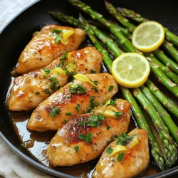 - 4 boneless, skinless chicken breasts - 1 bunch of fresh asparagus, trimmed - 4 cloves of garlic, minced - 1 lemon, zested and juiced - 2 tablespoons olive oil - 1 teaspoon dried thyme - 1 teaspoon paprika - Salt and pepper to taste - Fresh parsley, chopped (for garnish) - Additional lemon slices The One-Pan Lemon Garlic Chicken and Asparagus brings bright flavors and easy prep to your kitchen. You start with juicy chicken breasts and fresh asparagus, both staples in my cooking. The garlic adds a strong kick, while the lemon brings a zesty twist. When you mix olive oil, dried thyme, and paprika, you create a simple yet tasty marinade. This marinade is the key to making the chicken flavorful and moist. Don’t forget salt and pepper; they enhance every bite. For a lovely touch, fresh parsley and lemon slices are the perfect garnishes. They brighten up the dish and make it look beautiful. This recipe is not just about taste; it’s about creating a lovely meal that you can share with family or friends. You can find the full recipe linked above. Enjoy the ease and flavor of this dish! - Preheat the Oven Start by setting your oven to 400°F (200°C). This step is key for even cooking. - Prepare the Marinade In a big bowl, mix together olive oil, minced garlic, lemon juice, lemon zest, dried thyme, paprika, salt, and pepper. Whisk it well until all ingredients blend. - Coating the Chicken Breasts Take your chicken breasts and place them in the bowl. Make sure to coat them fully with the marinade. This adds great flavor to the chicken. - Suggested Marination Time Let the chicken marinate for at least 10 minutes. For deeper flavor, refrigerate for up to 2 hours. - Arranging in Skillet Use a large oven-safe skillet to arrange your marinated chicken breasts. Keep them in a single layer for even cooking. - Baking Instructions Add the trimmed asparagus around the chicken. Pour any leftover marinade over the asparagus. Bake for 20-25 minutes. Check that the chicken reaches an internal temperature of 165°F (75°C). If you like, broil for the last 2-3 minutes to get a nice golden finish. Enjoy cooking this One-Pan Lemon Garlic Chicken and Asparagus dish for a tasty meal! For the complete steps and details, refer to the Full Recipe. For the best taste, marinate the chicken for at least 10 minutes. If you have time, let it sit for up to 2 hours in the fridge. This allows the chicken to soak up all the lemon and garlic goodness. Preheat your oven to 400°F (200°C) to ensure proper cooking and flavor development. Cook the chicken for 20-25 minutes. To check for doneness, use a meat thermometer. The chicken should reach an internal temperature of 165°F (75°C). For extra crispiness, switch to broil for the last 2-3 minutes. This gives your chicken a beautiful golden top. Pair this dish with quinoa or rice. These sides soak up the tasty juices. For presentation, serve directly from the skillet for a rustic look. Add extra lemon slices and parsley on top for color and flair. This makes your meal not only tasty but also visually appealing. {{image_2}} You can switch out the asparagus for other veggies. Broccoli, green beans, or bell peppers work great. Each adds a different taste and look to your dish. You can also swap chicken for shrimp or tofu. Both options cook fast and absorb flavors well. To spice things up, try adding red pepper flakes or cayenne pepper. This will give a nice kick to the meal. You can also use fresh herbs like basil or dill instead of thyme. These herbs bring a fresh taste that pairs well with lemon. If you need a gluten-free dish, this recipe is already safe. Just make sure your ingredients are gluten-free. For a low-carb option, you can skip the marinade's olive oil and serve with a side salad instead. This keeps it light and healthy while still being tasty. For the full recipe, check out the details above. For best results, store leftover One-Pan Lemon Garlic Chicken and Asparagus in an airtight container. This keeps the dish fresh and prevents strong odors from mixing with other foods in the fridge. Always let it cool to room temperature before sealing. This helps avoid condensation that can make your meal soggy. If you want to save some for later, freezing is a great option. Place the cooled dish in a freezer-safe container or a heavy-duty freezer bag. Remove as much air as possible to prevent freezer burn. For best taste, eat it within three months. When you’re ready to eat, thaw it in the fridge overnight. To reheat, place it in the oven or microwave until hot. When stored properly, your dish lasts about three to four days in the fridge. After that, it may start to lose flavor or texture. Keep an eye out for changes in smell or color. If it smells sour or looks slimy, it's best to throw it away. Enjoy your delicious meal while it's fresh! How long does it take to cook One-Pan Lemon Garlic Chicken and Asparagus? It takes about 35 minutes to cook this dish. Prepare for 10 minutes and then bake for 20 to 25 minutes. Can I use frozen chicken breasts for this recipe? Yes, you can use frozen chicken. Just make sure to thaw it first for even cooking. What can I substitute for asparagus? You can use green beans, broccoli, or zucchini as great substitutes for asparagus. How do I know when the chicken is done? Check the chicken's internal temperature. It should reach 165°F (75°C) for safety. Is this recipe suitable for meal prepping? Yes, this recipe is great for meal prep. Store portions in airtight containers for quick meals. How many servings does this recipe yield? This recipe serves four people. Perfect for a family dinner or meal sharing. This blog post outlined a simple and tasty recipe for One-Pan Lemon Garlic Chicken and Asparagus. We discussed key ingredients, preparation steps, and cooking tips to make your dish perfect. I shared ideas for variations and storage info to help you enjoy this meal longer. Remember, cooking should be fun and easy. Experiment with flavors and adapt it to your taste. You can create a lovely dish that friends and family will love. Happy cooking!