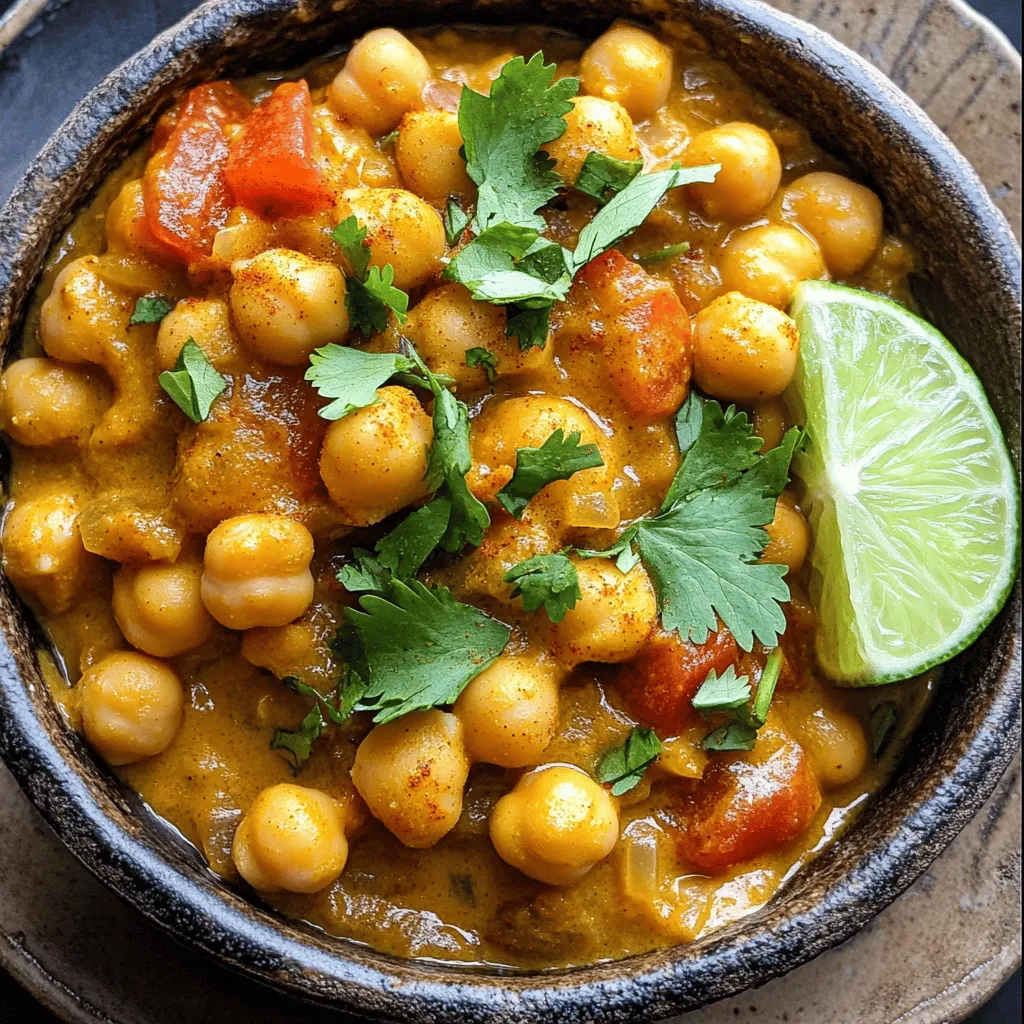 To make a great spicy chickpea curry, you need some key ingredients. Here they are: - 1 can (15 oz) chickpeas, drained and rinsed - 1 medium onion, finely diced - 3 cloves garlic, minced - 1 tablespoon fresh ginger, grated - 2 medium tomatoes, chopped - 1 can (14 oz) coconut milk - 2 tablespoons curry powder - 1 teaspoon turmeric powder - 1 teaspoon cumin seeds - 1 teaspoon red chili flakes (adjust to taste) - 2 tablespoons vegetable oil - Salt to taste - Fresh cilantro, for garnish - Juice of 1 lime These ingredients work together to create a rich and tasty dish. The chickpeas are the star, providing protein and texture. The coconut milk adds creaminess, while the spices bring heat and depth. If you want to add more taste, consider these optional ingredients: - Spinach or kale for extra greens - Bell peppers for sweetness and color - Peas for added texture - Cashews or almonds for crunch - A splash of soy sauce for umami Using these optional items can enhance the flavor and nutrition of your curry. Feel free to mix and match based on what you have at home. When shopping for your ingredients, always look for the freshest options. Here are some tips: - Choose chickpeas that are firm and free of cracks. - Pick onions that are smooth, firm, and heavy for their size. - Select garlic bulbs that are tight and plump. - Look for tomatoes that are ripe, with a deep color. - Coconut milk should be in a can, without any leaks or dents. Fresh ingredients make a big difference in flavor. Always take your time to choose the best ones. For the full recipe, visit the link provided. Start by heating vegetable oil in a large pan over medium heat. Add cumin seeds and let them sizzle for about 30 seconds. This step brings out their flavor. Next, add finely diced onion. Cook until golden brown, which takes about 5 to 7 minutes. After that, stir in minced garlic and grated ginger. Sauté these for 1 to 2 minutes until they smell great. Now, add chopped tomatoes to the pan. Cook while stirring for about 5 minutes, until they soften and break down. Now it’s time to mix in the spices. Sprinkle in curry powder, turmeric, and red chili flakes. Stir well to coat the onion-tomato mixture. Let this cook for an extra 2 minutes to blend the flavors. Add the drained and rinsed chickpeas, ensuring they mix well with the spices. Pour in the coconut milk and stir until everything combines. Bring the mixture to a simmer. Cook for 15 to 20 minutes so the sauce thickens and flavors meld together. Once the curry simmers, taste it and add salt to your liking. Just before serving, squeeze in the juice of one lime. This gives a nice tang to the dish. Remove from heat and garnish with fresh cilantro. Enjoy your delicious Spicy Chickpea Curry! For the full recipe, you can refer to the earlier section. To control the heat in your curry, start with less chili flakes. You can always add more as you cook. If the dish gets too spicy, add more coconut milk. This will cool the heat and keep the flavor rich. Lime juice also helps balance spicy notes, so don’t skip it. Using canned chickpeas is easy and quick. Just drain and rinse them well. For dried chickpeas, soak them overnight for the best texture. Cook them until tender before adding to your curry. This makes sure they blend well with the spices and sauce. One common mistake is not sautéing the onions long enough. They should be golden brown for the best flavor. Another mistake is adding salt too early. Salt can make the chickpeas tough if added at the start. Wait until the end to season with salt. Make sure to stir well when mixing in your spices. This helps release their full flavor. For the full recipe, check out the detailed instructions. {{image_2}} This spicy chickpea curry is already vegetarian and vegan. You can enjoy it without any meat or dairy. If you want, you can add tofu or tempeh for more texture. These options keep the dish plant-based. They also add a nice bite. You can marinate the tofu in spices before adding it to the curry. This boosts the flavor even more. Adding more veggies is a great way to make this dish even better. You can toss in spinach, kale, or bell peppers. These add color and nutrients. Cut them into small pieces so they cook well. You can add them when the chickpeas are stirred in. This will help them soften and blend with the sauce. You can also try sweet potatoes for a nice sweet touch. Want to change it up? You can use lentils or quinoa. These add protein and a unique taste. Cook the lentils separately and mix them in at the end. If you prefer quinoa, cook it before adding. This will help your dish stay hearty and filling. For a non-vegetarian option, add chicken or shrimp. Cook these proteins first, then mix them with the curry. For the full recipe, check out the details above. Enjoy your cooking! To keep your spicy chickpea curry fresh, store it in an airtight container. Let the curry cool to room temperature first. This helps avoid condensation inside the container. Place it in the fridge if you plan to eat it within three days. The flavors will meld and deepen as it sits. If you want to save the curry for later, freezing is a great option. Use a freezer-safe container or resealable bag. Make sure to leave some space at the top, as liquids expand when frozen. Label the container with the date. This dish can last up to three months in the freezer. When you're ready to enjoy your curry, thaw it in the fridge overnight. For quick reheating, use a microwave. Heat in short bursts, stirring in between. Alternatively, warm it up in a pan over low heat. Add a splash of water or coconut milk to bring back the sauce's creaminess. Enjoy your delicious meal! For the complete recipe, check out the Full Recipe section. You can serve Spicy Chickpea Curry with rice or naan. I love using basmati rice because it adds a nice touch. You can also add some yogurt on top for creaminess. Fresh cilantro makes a great garnish too. A squeeze of lime enhances the flavor and adds a zesty kick. Yes, you can use dried chickpeas! First, soak them overnight in water. This helps them cook faster. After soaking, boil them until tender, which may take 1 to 2 hours. Then, use them in the recipe like you would canned chickpeas. Just remember to adjust the cooking time. This recipe is already gluten-free! All the ingredients, like chickpeas, coconut milk, and spices, are safe. Always check labels on packaged items to ensure they are gluten-free. If you're adding any sides, like bread, choose gluten-free options. Enjoy your meal without worry! In this blog post, we covered how to make a tasty spicy chickpea curry. We looked at key ingredients and how to choose fresh ones. Step-by-step, I shared how to prepare a perfect base and add chickpeas and coconut milk. I also gave tips to adjust spice levels and avoid common mistakes. Finally, we explored variations for diet preferences, along with storage and reheating tips. Enjoy cooking your curry, and remember, a few tweaks can make it your own!