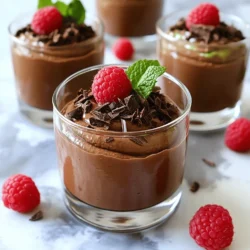 To make a rich and creamy chocolate avocado mousse, you need simple, fresh ingredients. Each component plays a vital role in creating the luscious texture and deep flavor. Here’s what you will need: - 2 ripe avocados - 1/4 cup unsweetened cocoa powder - 1/4 cup maple syrup (or honey) - 1/4 cup almond milk (or other non-dairy milk) - 1 teaspoon vanilla extract - A pinch of sea salt - Dark chocolate shavings (for garnish) The avocados provide a creamy base, giving the mousse its smooth texture. The cocoa powder brings that delightful chocolate flavor, while the maple syrup adds sweetness. You can also swap maple syrup for honey if you prefer. Almond milk makes this dessert lighter and can be replaced with any non-dairy milk you like. A touch of vanilla enhances the taste, and a pinch of sea salt can elevate the flavors. Finally, dark chocolate shavings on top not only look beautiful but add a nice crunch. This combination of ingredients will transform into a decadent dessert that feels indulgent but is packed with healthy fats. For the full recipe, check out the details above. To start, you need to slice the ripe avocados. Use a sharp knife to cut them in half lengthwise. Be careful when you reach the pit. Next, twist the halves to separate them. Now, you can gently tap the pit with the knife to remove it. Once the pit is out, scoop the green flesh into a bowl. Now it's time to mix the ingredients. Add the avocado flesh to your food processor. Next, pour in the unsweetened cocoa powder, maple syrup, almond milk, vanilla extract, and a pinch of sea salt. This is where the magic happens. When you blend, make sure to scrape down the sides of the bowl. This helps everything mix well. Blend until the mousse is smooth and creamy. You want a rich texture with no lumps. If you want it sweeter, add more maple syrup and blend again. Chilling the mousse is key for the best flavor. It needs at least 30 minutes in the fridge. This allows it to set up nicely. While it chills, the flavors will blend together, making it even tastier. Before serving, it's time to make it look great. Garnish each mousse with dark chocolate shavings. This adds a nice touch and a bit of crunch. For the full recipe, check the earlier section. Enjoy your creamy and rich chocolate avocado mousse! To get a smooth and creamy mousse, start with ripe avocados. Ripe avocados are soft, making them easy to blend. If they're firm, let them ripen at room temperature for a few days. Once they are soft, slice them open and scoop out the flesh. Use a good blender or food processor for mixing. Begin on a low speed, then increase to high. Blend until the mixture is completely smooth. Stop and scrape down the sides as needed. This helps blend all the ingredients well. The goal is to have no lumps in your mousse. After blending, taste your mousse. If it’s not sweet enough, add more maple syrup or honey. Blend again until it mixes well. Remember, the sweetness can vary based on the cocoa powder you use. You can also try other sweeteners. Agave syrup or dates can work well. Each sweetener has its own flavor, so choose one that you like. Just keep in mind that some might change the mousse's texture slightly. For a stunning look, serve your mousse in small, clear glasses. This lets everyone see the rich, creamy texture. You can add a sprig of fresh mint or a few raspberries on top for color. Use small spoons or dessert forks for serving. This makes it easy for people to enjoy every bite. Adding dark chocolate shavings on top not only looks nice but also adds a tasty touch. For the full recipe, refer to the earlier section. {{image_2}} You can take your Chocolate Avocado Mousse to the next level with a few easy tweaks. - Adding espresso or coffee for a mocha flavor: Mix in one or two tablespoons of espresso or strong coffee. This will give your mousse a rich mocha taste that pairs beautifully with chocolate. The coffee adds depth and a slight bitterness that balances the sweetness. - Incorporating nut butters for added richness: Try adding a couple of tablespoons of almond or peanut butter. This not only boosts the creaminess but also adds a nutty flavor. The nut butter makes your mousse even more satisfying and decadent. Making this dessert vegan-friendly is simple and delicious. - Ensuring the recipe is vegan-friendly: Use maple syrup as the sweetener. It is plant-based and works great in this recipe. Also, choose almond milk or any non-dairy milk that you like. This keeps the mousse creamy without any dairy. - Suggestions for gluten-free options: This recipe is naturally gluten-free since it does not include any wheat products. You can enjoy this treat without worrying about gluten. Presenting your Chocolate Avocado Mousse can be fun and creative. - Pairing with fresh fruits: Fresh berries like strawberries or raspberries add a bright pop. Their tartness contrasts nicely with the rich chocolate. Sliced bananas also work well for an extra layer of flavor. - Serving with homemade whipped cream or coconut cream: For a luxurious touch, top your mousse with homemade whipped cream or coconut cream. This adds a light texture that complements the dense mousse. Finish with a sprinkle of dark chocolate shavings for that gourmet look. For the complete recipe, check out the Full Recipe section. After making the Chocolate Avocado Mousse, you might have some left. The best way to store it is in airtight containers. Look for containers that seal well to keep moisture out. Glass jars or plastic containers work great. You should keep it in the fridge. The mousse stays fresh for about three days. Yes, you can freeze Chocolate Avocado Mousse! It’s a nice option if you want to save some for later. Use freezer-safe containers or ice cube trays for easy portions. When you’re ready to eat it, move the mousse to the fridge to defrost. Let it thaw overnight for the best texture. Check your mousse before eating it. If it smells sour or has a strange color, it’s best to toss it. Look for any mold on the surface. If the texture seems off or grainy, do not eat it. Always trust your senses; they help keep you safe. Yes, Chocolate Avocado Mousse is healthy. The main ingredient, avocado, packs a punch of nutrition. Avocados are rich in healthy fats, fiber, and vitamins. They help improve heart health and lower bad cholesterol. Each serving is full of potassium and vitamins C, E, and K. These nutrients keep your skin glowing and your body strong. So, this dessert is not just tasty; it’s also good for you. Absolutely! You can use different sweeteners in this recipe. Maple syrup and honey are great choices. If you prefer something lower in calories, try stevia or agave nectar. You can even use coconut sugar for a unique taste. Just keep in mind that each sweetener has its own flavor. Adjust the quantity based on your taste. Making Chocolate Avocado Mousse is quick and easy. The prep time is only 10 minutes. After blending, you need to chill it for at least 30 minutes. This helps the flavors blend and the mousse to set. In total, you can enjoy this treat in about 40 minutes. Yes, this mousse is great for kids! It’s creamy, rich, and fun to eat. You may want to adjust the sweetness to suit their taste. If they like it sweeter, add more sweetener. Also, you can serve it in cute cups for a fun touch. Kids will love the chocolate flavor without realizing it’s healthy. Making Chocolate Avocado Mousse is easy and fun. You learned about the ingredients and how to prepare everything step by step. Tips for smooth texture and sweetness help make the best mousse. You can try different flavors or serve it in fun ways. Store leftovers correctly for later enjoyment. This mousse is healthy and fits many diets. Enjoy creating this delightful treat, and remember to get creative with your variations. So, gather your ingredients and start blending today!