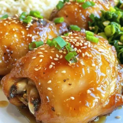 For this tasty dish, you need simple and fresh ingredients. Here’s what you will use: - 4 chicken thighs (bone-in and skin-on for best flavor) - 1/4 cup honey - 1/4 cup soy sauce (low sodium recommended) - 4 cloves garlic, minced - 1 tablespoon fresh ginger, minced - 1 tablespoon olive oil - 1 tablespoon rice vinegar - 1 teaspoon sesame oil - Salt and pepper to taste These ingredients work together to create a sweet and savory taste. The chicken thighs are juicy and absorb all that flavor. You might have some of these items already at home. Here are the pantry staples you need: - Honey - Soy sauce - Olive oil - Rice vinegar - Sesame oil - Garlic - Ginger - Salt and pepper These staples are common in many kitchens. They add depth to your dish without needing anything fancy. Garnishes can brighten up your dish. Here are a few ideas: - 2 green onions, sliced - Sesame seeds Garnishes add a nice touch. They make your meal look beautiful and fresh. You can also add more flavors with these extras. For the full recipe, click [Full Recipe]. To start, I mix honey, soy sauce, minced garlic, minced ginger, olive oil, rice vinegar, sesame oil, salt, and pepper in a bowl. This creates a sweet and savory marinade. I take the chicken thighs and place them in a large resealable bag or a shallow dish. I pour the marinade over the chicken, making sure it covers every piece. I seal the bag or cover the dish and let it sit in the fridge. The chicken should marinate for at least 30 minutes, but I prefer two hours for more flavor. When it's time to cook, I preheat my oven to 400°F (200°C). I take the chicken out of the marinade and set the marinade aside for later use. I place the chicken thighs skin-side up on a baking sheet lined with parchment paper. Then, I bake the chicken for 25 minutes. After that, I remove the pan and baste the chicken with the reserved marinade. I return the chicken to the oven and bake it for another 15 to 20 minutes. I check that the internal temperature reaches 165°F (75°C) and the skin turns golden brown and crispy. Once the chicken is cooked, I let it rest for five minutes. This helps keep it juicy. Then, I garnish it with sliced green onions and a sprinkle of sesame seeds. I love serving the chicken on a large platter with a drizzle of the remaining sauce. It pairs perfectly with steamed jasmine rice and sautéed green vegetables. This meal looks great and tastes even better! For the full recipe, check out the link. To get the right flavor, you need a mix of sweet and salty. Honey adds sweetness, while soy sauce boosts umami. I also like to add fresh garlic and ginger for a zesty kick. This combo makes each bite burst with flavor. Adjust the honey or soy sauce to suit your taste. If you want it sweeter, add more honey. If you prefer more salt, add a bit more soy sauce. Crispy skin is key to great chicken thighs. Start with skin-on and bone-in thighs. These cuts have more fat, which helps the skin crisp up. Make sure to pat the skin dry with a paper towel before cooking. This removes moisture that can make it soggy. Bake the chicken at a high temperature, like 400°F (200°C). This helps render the fat and create a nice crunch. You can switch up the marinade for new tastes. Try adding chili flakes for heat or orange juice for a fruity twist. You can also use different herbs like rosemary or thyme. If you want a tangy bite, add more rice vinegar. Let your chicken marinate for at least 30 minutes, but for the best flavor, let it sit for two hours. This extra time allows the flavors to soak in, making your chicken even tastier. For the full recipe, check out the details above. {{image_2}} You can add vegetables to your honey garlic chicken thighs. This gives you more flavors and colors. Try using bell peppers, broccoli, or carrots. Cut them into bite-sized pieces. Toss the veggies in the marinade. Add them to the baking sheet with the chicken. This way, the vegetables will soak up the tasty sauce. They will also cook and become tender. This dish becomes a full meal on one tray. Grilling adds a smoky flavor to the honey garlic chicken thighs. Start by marinating the chicken as usual. Preheat your grill to medium-high heat. Remove the chicken from the marinade and let it sit for a few minutes. Place the chicken thighs skin-side down on the grill. Cook for about 6-7 minutes on each side. This will keep them juicy and add nice grill marks. You can brush some marinade on while grilling. Just make sure it cooks well to avoid any raw bits. Using a slow cooker is a great option for tender chicken. You can follow the same marinade recipe. After mixing the marinade, pour it over the chicken in the slow cooker. Cook on low for 6-7 hours or on high for 3-4 hours. The chicken will become very tender and full of flavor. Serve it with rice or noodles. The sauce will be thick and sticky. It's a comforting meal for any day. You can find the full recipe above. To store leftover honey garlic chicken thighs, place them in an airtight container. Make sure to cool the chicken to room temperature first. You can store them in the fridge for up to four days. This keeps the chicken moist and flavorful. When you are ready to eat the leftovers, reheating is easy. Preheat your oven to 350°F (175°C). Place the chicken thighs on a baking sheet. Cover them with foil to keep them from drying out. Heat for about 15-20 minutes. You can also use the microwave if you are in a hurry. Just heat in short bursts until warm. If you want to save the chicken for later, freezing works well. Place the cooled chicken thighs in a freezer-safe bag. Be sure to remove as much air as possible before sealing. You can freeze the chicken for up to three months. When you're ready to eat, thaw it overnight in the fridge before reheating. Full Recipe provides all the details for cooking these delicious thighs. To marinate chicken thighs, mix your marinade well. Use a bowl to whisk together honey, soy sauce, garlic, ginger, olive oil, rice vinegar, sesame oil, salt, and pepper. Make sure to coat the chicken evenly. Place the chicken in a resealable bag or dish. Pour the marinade over the chicken and seal it. Let it sit in the fridge for at least 30 minutes. For best results, marinate for 2 hours or more. This allows the flavors to soak in deeply. Yes, you can use boneless chicken thighs. They will cook faster than bone-in thighs. Adjust your cooking time to about 20-25 minutes. Make sure to check the internal temperature. It should reach 165°F (75°C) for safe eating. Boneless thighs are tender and flavorful, making them a good choice. Just keep an eye on them to avoid overcooking. Honey garlic chicken thighs pair well with many sides. Steamed jasmine rice is a great choice. Sautéed green vegetables, like broccoli or snap peas, add color and nutrition. You can also serve a fresh salad for crunch. Another option is to add some roasted sweet potatoes. These sides balance the sweet and savory flavors of the dish perfectly. This blog post covered how to make delicious honey garlic chicken thighs. We explored the main ingredients, handy pantry items, and tasty garnishes. I shared step-by-step marinating, baking, and serving tips. You learned tricks for the best flavor, crispy skin, and fun variations. We also discussed storage and reheating tips to help you enjoy leftovers. Remember, cooking is fun. So don’t hesitate to experiment with flavors. You can make this dish your own!