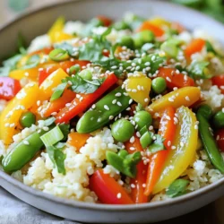 To make a tasty cauliflower rice stir-fry, gather these items: - 1 medium head of cauliflower, grated or processed into rice-sized pieces - 1 cup of mixed bell peppers, diced (red, yellow, green) - 1 cup of snap peas, trimmed - 1 medium carrot, julienned - 3 green onions, sliced - 2 cloves of garlic, minced - 1 tablespoon fresh ginger, grated - 3 tablespoons soy sauce (or tamari for gluten-free) - 1 tablespoon sesame oil - 1 tablespoon olive oil - Salt and pepper to taste - Sesame seeds for garnish - Fresh cilantro or parsley for garnish You can add more flavors with these optional ingredients: - 1 cup of cooked protein (chicken, shrimp, or tofu) - ½ cup of corn or peas for sweetness - 1 tablespoon of chili paste for heat - Lime juice for tang This recipe is great for many diets. It is: - Gluten-free if you use tamari - Vegan as it has no animal products - Low in carbs, making it friendly for low-carb diets This meal can fit many dietary needs. Enjoy it while staying healthy! First, you need to make the cauliflower rice. Take a medium head of cauliflower. Grate it or pulse the florets in a food processor. You want it to look like rice grains. This step is quick and easy. Set the cauliflower rice aside after you finish. In a large skillet or wok, heat olive oil over medium-high heat. Once the oil is hot, add minced garlic and grated ginger. Sauté these for about 30 seconds to release their aroma. Next, toss in the diced bell peppers, julienned carrots, and snap peas. Stir-fry these for about 3-4 minutes. You want them soft but still crisp. Now, add the prepared cauliflower rice to the skillet. Stir-fry everything together for another 5-7 minutes. This helps the cauliflower absorb all the tasty flavors. After that, pour in the soy sauce and sesame oil. Mix everything well and cook for another 2 minutes. Finally, season with salt and pepper to taste. For this dish, the total cooking time is about 12-15 minutes. The oil should be heated to medium-high, around 350°F (175°C). The goal is to keep the veggies crisp and colorful. Follow these times for the best results. For the full recipe, refer to the complete instructions provided. To get the best flavor from cauliflower rice, start with a fresh head. Grate or process it right before cooking. This keeps it moist and tasty. Use a large skillet or wok for even cooking. Keep the heat high to help it fry well without becoming soggy. Always stir frequently. This helps avoid burning and ensures even cooking. You can boost the taste of your stir-fry with simple additions. Try adding a splash of lime juice for a zesty kick. A pinch of red pepper flakes adds heat for spice lovers. For a richer flavor, use coconut aminos instead of soy sauce. Fresh herbs like cilantro or parsley can brighten up your dish. Finally, top with sesame seeds for crunch and flavor. One common mistake is overcooking the cauliflower rice. It should remain slightly firm. Another error is not seasoning it enough. Always taste and adjust salt and pepper at the end. Avoid using too much oil, as this can make it greasy. Lastly, don’t forget to prep your veggies first. This keeps the cooking process smooth and quick. For the full recipe and step-by-step instructions, check out the Full Recipe. {{image_2}} You can boost your stir-fry with protein. Chicken is an easy choice. Just cook diced chicken breast before adding veggies. Shrimp adds a nice touch too. Sauté shrimp until pink and tender. For a plant-based option, use tofu. Firm tofu works best. Just cube it and brown it in the skillet first. This adds great texture and flavor. Feel free to mix up your veggies. Zucchini or broccoli are excellent choices. You can also use mushrooms for an earthy taste. Carrots can be swapped with shredded cabbage. These changes keep the dish fresh and exciting. Use what you have on hand to create your own twist. Different sauces can change the whole flavor. Swap soy sauce for teriyaki for a sweet kick. Sweet and sour sauce gives a tangy taste that's fun. You can even make your own sauce with simple ingredients. Just mix vinegar, sugar, and ketchup for a quick sweet and sour option. Each sauce adds a new layer of flavor to your dish. For the complete recipe, check out the Full Recipe section. Store your leftover cauliflower rice stir-fry in an airtight container. Make sure it cools down first. Refrigerate it within two hours to keep it fresh. It will stay good for about three to four days. Label the container with the date for easy tracking. Reheat your cauliflower rice stir-fry on the stove for the best taste. Use a skillet over medium heat. Add a splash of water or oil to keep it moist. Stir often until it’s warmed through. You can also microwave it in short bursts, stirring in between. Aim for one to two minutes, checking to avoid overcooking. If you want to freeze your stir-fry, use a freezer-safe container. Let it cool completely before packing it. It can last for up to three months in the freezer. When ready to eat, thaw it in the fridge overnight. Reheat it on the stove for best flavor. Cauliflower rice is simply grated or processed cauliflower that looks like rice. It’s low in carbs and full of nutrients. You can use it as a base for many dishes. It’s a great swap for regular rice in any recipe. The flavor is mild and works well with many spices. Yes, you can prep this dish in advance. Make the cauliflower rice and chop the veggies ahead. Store them in the fridge to keep them fresh. You can stir-fry them when you’re ready to eat. This saves time on busy days. To add spice, you can use chili sauce or add red pepper flakes. Another option is to include sliced jalapeños or serrano peppers. Adjust the amount to match your heat preference. This will give your stir-fry a nice kick! For more details, check the Full Recipe for inspiration. In this post, we explored making delicious cauliflower rice stir-fry. We discussed key ingredients, cooking steps, and helpful tips for success. You can customize this dish with proteins, sauces, and vegetables to suit your taste. Remember to store leftovers properly to enjoy later. Keep experimenting with flavors to find your favorite twist. With these insights, you’ll create a dish that delights everyone. Enjoy your cooking adventure!
