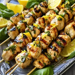 To make Lemon Basil Chicken Skewers, you will need: - 1 lb (450g) boneless chicken breast, cut into 1-inch cubes - 2 tablespoons olive oil - Zest and juice of 2 lemons - 1 teaspoon honey - 1 tablespoon Dijon mustard - 1 clove garlic, minced - 1 cup fresh basil leaves, chopped - Salt and pepper to taste - Wooden or metal skewers (if using wooden skewers, soak them in water for 30 minutes to prevent burning) If you don’t have some ingredients, you can swap them out. Use chicken thighs instead of breast for more flavor. You can replace olive oil with any neutral oil. If you want less acidity, use lime juice instead of lemon. Try maple syrup in place of honey for a different sweetness. You can also use dried basil if fresh is not available, but use less since dried is stronger. Want to make your skewers even better? Add cherry tomatoes, bell peppers, or zucchini to the skewers. These veggies add color and flavor. You could also sprinkle some red pepper flakes for a bit of heat. If you love cheese, feta crumbles make a great topping after grilling. For a tangy kick, drizzle some balsamic glaze over the finished skewers. Check the [Full Recipe] for more details on cooking these tasty treats! To start, gather your ingredients. In a large bowl, mix olive oil, lemon zest, lemon juice, honey, Dijon mustard, minced garlic, and chopped basil. Stir until everything blends well. This marinade is key for great flavor. The zest brings a bright taste, while the basil adds freshness. Next, cut your chicken breast into 1-inch cubes. Add these cubes to your marinade, tossing gently. Make sure each piece is well coated. Now, season with salt and pepper to your liking. Cover the bowl and let the chicken marinate in the fridge. Aim for at least 30 minutes, but longer, like 1 to 2 hours, will deepen the flavors. When you’re ready to grill, preheat your grill or grill pan to medium-high heat. If using wooden skewers, don’t forget to soak them for 30 minutes. Thread the marinated chicken onto the skewers, leaving space between pieces. This helps them cook evenly. Place the skewers on the grill once it’s hot. Grill for about 10 to 12 minutes, turning them often. Check the internal temperature; it should reach 165°F (75°C). After grilling, let them rest for a few minutes. This helps keep the chicken juicy and tender. For the full recipe, check out the complete list of steps to ensure a tasty grilled delight! To make the best marinade, use fresh ingredients. Fresh basil gives a bright taste. Use ripe lemons for zest and juice. The honey adds a touch of sweetness. Mix all the marinade ingredients well. Make sure the chicken cubes are fully coated. Marinate for at least 30 minutes. If you can, let it sit for 1-2 hours. This helps the flavors blend deeply into the chicken. Grill marks make your dish look great. Start with a hot grill to get those nice lines. Place the skewers on the grill and don't move them right away. Let them cook for about 3-4 minutes before turning. This helps form that perfect char. Use tongs to flip them gently. You want even cooking and nice marks on all sides. Always ensure your chicken is safe to eat. The internal temperature should reach 165°F (75°C). Use a meat thermometer to check this easily. If you see pink inside, it needs more time. Let the skewers rest for a few minutes after grilling. This helps the juices settle back into the meat. Enjoy your meal knowing it is safe and delicious! For the complete recipe, check out the Full Recipe. {{image_2}} You can switch the chicken for other proteins. Shrimp works well and cooks fast. Just marinate for about 15 minutes. You can also use cubed beef or pork. Choose lean cuts, like tenderloin, for the best results. Tofu is another great option if you want something plant-based. Firm tofu soaks up flavors well. For a tasty vegetarian skewer, use bell peppers, zucchini, and mushrooms. Cut them into bite-sized pieces. You can also add cherry tomatoes for a pop of color. Marinate these veggies in the same lemon basil mix. This gives them a bright flavor. Feel free to mix in some halloumi cheese for a bit of saltiness. To make the skewers even better, try adding spices. A pinch of red pepper flakes adds heat. You can also add a splash of soy sauce for a savory kick. Fresh herbs like parsley or cilantro can brighten the dish. Experiment with different citrus fruits, like lime or orange. Each one brings a unique taste to your meal. After cooking, let the skewers cool down. Place them in an airtight container. You can store them in the fridge for up to three days. If you have extra marinade, keep it separate. It can add flavor to your next meal. To reheat, use a microwave or an oven. If using a microwave, heat for one to two minutes. Check to make sure they are hot all the way through. If using an oven, preheat it to 350°F. Bake for about 10 minutes. This keeps the chicken juicy. You can freeze leftover skewers. Wrap them tightly in plastic wrap, then in foil. They will stay fresh for up to three months. When you are ready to eat, thaw them in the fridge overnight. Reheat as mentioned above. Enjoy your Lemon Basil Chicken Skewers again! For the full recipe, check out the details already provided. You should marinate the chicken for at least 30 minutes. For the best flavor, aim for 1 to 2 hours. This time allows the chicken to soak up the lemon and basil flavors. If you have time, marinating overnight works great too. Yes, you can use different herbs. Try parsley, cilantro, or oregano. Each herb brings a unique taste. If you change the herbs, adjust the other flavors to match. Experiment and find your favorite mix! These skewers pair well with many sides. A fresh summer salad is a great choice. Tzatziki sauce also works well for dipping. You can also serve them with grilled veggies or rice for a complete meal. Check the chicken's internal temperature. It should reach 165°F or 75°C. You can cut a piece in half to check for doneness. The meat should be white and juices should run clear. This ensures your chicken is safe and tasty. For the full recipe, check the [Full Recipe]. This article covered all you need for perfect Lemon Basil Chicken Skewers. We looked at ingredients, marinade prep, grilling tips, and storage info. You also learned about substitutions and variations. Enjoy making these skewers! You can adapt the flavors and keep leftovers fresh. Now, you’re ready to try new proteins or even vegetarian options. Cooking can be fun, so get creative!