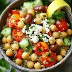 - 1 cup quinoa, rinsed - 2 cups vegetable broth - 1 cup cherry tomatoes, halved - 1 cucumber, diced - 1 red bell pepper, diced - 1 cup chickpeas, drained and rinsed - 1/2 red onion, finely chopped - 1/2 cup Kalamata olives, pitted and halved These main ingredients form the heart of your Mediterranean Quinoa Bowl. Quinoa is a great base due to its protein and fiber. Using vegetable broth adds depth and flavor. Fresh vegetables keep the dish bright and crunchy. - 1/4 cup feta cheese, crumbled - 1/4 cup fresh parsley, chopped Feta cheese gives a creamy texture and salty taste. Olives add a nice briny flavor. Fresh parsley not only looks good but also adds freshness. - 3 tablespoons olive oil - 2 tablespoons lemon juice - 1 teaspoon dried oregano - Salt and pepper to taste The dressing is simple but packs a punch. Olive oil is rich and smooth. Lemon juice adds brightness. Oregano gives an aromatic touch. Adjust salt and pepper to fit your taste. For the full recipe, check out the Mediterranean Quinoa Bowl 🥗. Start by rinsing the quinoa under cold water. This step removes the bitter taste. In a medium saucepan, combine the rinsed quinoa with vegetable broth. Bring this mix to a boil. Once it boils, reduce the heat to low. Cover the pot and let it simmer for about 15 minutes. The quinoa is done when all the liquid is absorbed. Fluff it with a fork and let it cool. While the quinoa cooks, get your vegetables ready. First, halve the cherry tomatoes. This adds a nice pop of color. Next, dice the cucumber and red bell pepper. Aim for small, even pieces for easy eating. Finely chop the red onion for a strong flavor. Lastly, halve the Kalamata olives. These will add a rich taste to your bowl. In a large bowl, mix the cooled quinoa with all the prepared vegetables. Add the chickpeas and olives for protein and texture. In a separate small bowl, whisk together olive oil, lemon juice, oregano, salt, and pepper. This will be your dressing. Pour the dressing over the quinoa and vegetable mix. Toss everything gently until well coated. Top it off with crumbled feta cheese and fresh parsley. Toss lightly to mix. For the full recipe, check out the complete instructions. To cook quinoa well, you must rinse it first. Rinsing removes the bitter coating called saponin. Use a fine mesh strainer to rinse it under cold water. This step keeps your quinoa from becoming mushy. After rinsing, combine one cup of quinoa with two cups of vegetable broth. Bring it to a boil, then lower the heat and cover. Cook for about 15 minutes until all the liquid is absorbed. Fluff it with a fork and let it cool before mixing it with other ingredients. Homemade dressings make your Mediterranean Quinoa Bowl shine. You can try a simple lemon-olive oil mix. Just whisk together three tablespoons of olive oil and two tablespoons of lemon juice. Add a teaspoon of dried oregano, and season with salt and pepper. For a creamier option, mix yogurt with lemon juice and herbs. This adds a rich flavor and pairs well with the fresh veggies. To serve your bowl, use colorful dishes that pop. Start with a generous scoop of quinoa in the center. Arrange the vegetables around it for a rainbow effect. Sprinkle crumbled feta on top and add fresh parsley for a vibrant look. You can also add a lemon wedge on the side. This makes the dish more inviting and fun to eat. Enjoy it warm for a hearty meal or chilled for a refreshing lunch. For more details, check out the Full Recipe. {{image_2}} You can change your Mediterranean quinoa bowl by adding protein. Chicken, shrimp, or tofu all work well. Cook the chicken or shrimp with olive oil and spices. For tofu, try marinating it in soy sauce or lemon juice. This adds flavor and makes the dish more filling. A Mediterranean quinoa bowl is easy to adjust for different diets. To make it vegan, skip the feta cheese and use more veggies. For gluten-free options, quinoa is already safe. If you want a low-carb version, add more greens like spinach or kale. These changes keep your meal tasty and healthy. Using seasonal ingredients makes your bowl fresh. In spring, add asparagus or peas. In summer, try zucchini or fresh herbs. In fall, roasted squash or carrots work great. In winter, consider hearty greens like kale or root vegetables. This keeps your meal exciting and full of flavor. Check out the Full Recipe for more ideas! Store your Mediterranean quinoa bowl in an airtight container. It will stay fresh for up to four days in the fridge. If you have leftover quinoa, let it cool down first. Then, scoop it into the container. This keeps moisture in check and prevents spoilage. You can freeze your quinoa bowl for longer storage. Place it in freezer-safe bags or containers. Remove as much air as possible to avoid freezer burn. It’s best to freeze it without the dressing. This way, the veggies stay crisp. You can keep it in the freezer for three months. To reheat, take the quinoa out of the fridge or freezer. If it's frozen, let it thaw overnight in the fridge first. For best results, heat it in a skillet over medium heat. Add a splash of water or broth to keep it moist. Stir occasionally until heated through. This method helps maintain the texture and flavor of your dish. Enjoy your Mediterranean quinoa bowl just like fresh! Cooked quinoa lasts about 3 to 5 days in the fridge. Store it in an airtight container. Cool the quinoa before you seal the container. This helps keep it fresh and tasty. If you see any odd smell or mold, throw it away. Yes, you can prepare the Mediterranean Quinoa Bowl in advance. It's great for meal prep! Cook the quinoa and chop the veggies a day ahead. Store each in separate containers. Mix them just before serving. This keeps everything fresh and crunchy. If you need a dairy-free option, try using avocado or hummus. These add creaminess. You could also use nutritional yeast for a cheesy taste. Crumbled tofu works well too. It absorbs flavors and adds protein. The Mediterranean Quinoa Bowl is a healthy, tasty choice. We covered main and optional ingredients, plus seasonings that add great flavor. You learned how to cook quinoa and prepare your vegetables, then mix everything for your meal. I shared tips to avoid mushy quinoa and explored dressing options. You can even customize this bowl with protein or seasonal veggies. Finally, we discussed storage and reheating. Enjoy making this dish your own!