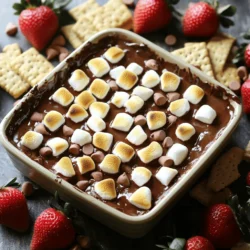 To make this dreamy dessert, you need a few key ingredients: - 1 cup semi-sweet chocolate chips - 1 cup mini marshmallows - 1/2 cup graham cracker crumbs - 2 tablespoons unsalted butter, melted - 1/2 teaspoon vanilla extract - Pinch of sea salt - Extra graham crackers or fruit for dipping These ingredients come together to create a warm and gooey dip that tastes just like a campfire treat. You might want to swap some ingredients. Here are some great options: - Alternatives for chocolate: Use dark chocolate or milk chocolate chips if you prefer a different flavor. You can also use chocolate bars, chopped into small pieces. - Healthier options for graham crackers: Try whole wheat graham crackers or even crushed oats for a different texture. They add a nice nutty taste. - Vegan substitutes: Use dairy-free chocolate chips and coconut oil instead of butter. You can also find vegan marshmallows or skip them for a different style of dip. These swaps make it easy to enjoy S'mores Dip, no matter your dietary needs. Check out the Full Recipe for more details! Start by measuring your graham cracker crumbs. You need 1/2 cup for the crust. Place the crumbs in a bowl. Then, melt 2 tablespoons of unsalted butter. You can do this in the microwave or on the stove. Mix the melted butter into the crumbs. Add a pinch of sea salt. Stir until all crumbs are well coated. This step is key for great flavor. Next, layer your ingredients. Spread the crumb mixture in the bottom of a small baking dish. Press it down gently to form a crust. Now, sprinkle 1 cup of semi-sweet chocolate chips over this crust. Make sure to cover it evenly. Then, add 1 cup of mini marshmallows on top of the chocolate. Now, it’s time to bake! Preheat your oven to 350°F (175°C). Place the dish in the oven and bake for about 10-12 minutes. Watch for the marshmallows to turn golden brown. The chocolate should also look melted. Once done, remove the dish from the oven. Let it cool for a couple of minutes. This helps the dip set. Serve the dip warm for the best taste. I like to offer extra graham crackers or fruit for dipping. Strawberries or bananas work great! Enjoy this sweet treat right from the baking dish for a cozy feel. For the complete recipe, check the Full Recipe section. To achieve the ideal marshmallow toast, watch the oven closely. You want them golden, not burnt. Use mini marshmallows for a quicker melt and even toast. If you like a bit of char, broil the dip for the last minute. Adjusting sweetness levels is easy. Start with semi-sweet chocolate chips. If you prefer a sweeter dip, add a touch more chocolate. You can also use milk chocolate chips if you want extra sweetness. Overbaking the dip is a common issue. Keep an eye on the time. Bake for 10-12 minutes only. If the marshmallows look too brown, take it out to avoid a hard top. Improper ingredient ratios can ruin your dip. Stick to the recipe for the best taste. For instance, too many graham cracker crumbs can dry it out. Balance the chocolate and marshmallows well. Adding spices or flavorings can elevate your dip. Try a sprinkle of cinnamon or nutmeg for warmth. A few drops of almond extract can also give it a unique twist. Using flavored chocolate chips can change the game. Look for options like caramel or mint chocolate chips. These variations add fun flavors to your dip. For the full recipe, check out the Ultimate S'mores Dip . {{image_2}} You can make your s'mores dip even more fun. Try adding nuts or peanut butter for a nutty twist. Chopped walnuts or almonds mix well with the chocolate. If you love peanut butter, swirl some into the chocolate layer. It gives a rich taste and pairs perfectly with marshmallows. Fruits are another great choice. You can add sliced strawberries, bananas, or even cherries. The fresh fruit adds a juicy burst that balances the sweet chocolate and marshmallows. Don't be afraid to get creative with flavor! You can use many dippers with s'mores dip. Besides graham crackers, try pretzel sticks for a salty crunch. These provide a nice contrast to the sweet dip. You can also use cookies, like vanilla wafers, for a different taste. For a kid-friendly option, use fruit slices. Apples, pears, or even pineapple make fun dippers. Kids love the sweetness of the fruit with the creamy dip. You can even set up a dipping station. Let everyone choose their favorite dippers! S'mores dip can fit any season or holiday. For Halloween, add some candy corn on top. It gives a fun color and adds a chewy texture. During the winter, you might sprinkle crushed peppermint candies over the marshmallows. This adds a cool flavor and looks festive. You can also make dips inspired by other desserts. Think of cookie dough s'mores dip or a red velvet twist. Each theme brings a new and exciting taste. The Full Recipe is a great starting point for these fun variations! To keep your S'mores dip fresh, use an airtight container. Glass containers work best, but plastic ones are fine, too. Make sure the dip cools down before sealing it. Store it in the fridge for up to three days. When you want to enjoy the dip again, the best way to reheat it is in the oven. Preheat your oven to 350°F (175°C). Place the dip in an oven-safe dish and cover it with foil. Heat for about 10 minutes. This method helps it stay moist and tasty. You can also microwave it for 30-second bursts, stirring in between. If you do this, watch closely to avoid drying it out. Yes, you can freeze S'mores dip! However, it’s best to freeze it before baking. Put the unbaked dip in a freezer-safe container. It can stay fresh for about two months. When you're ready to eat it, thaw it overnight in the fridge. Then, bake it as per the Full Recipe instructions. This way, you get that warm, gooey goodness every time. You can make S'mores Dip using a microwave or stovetop. For the microwave, layer the ingredients in a safe bowl. Heat in short bursts, stirring in between, until melted. This takes about 1-2 minutes. For stovetop, melt chocolate in a pan. Add marshmallows and stir until they soften. Both methods work well! Yes, you can prepare S'mores Dip ahead! Mix all the ingredients and store them in a bowl. Cover it tightly and keep it in the fridge. When you are ready, just heat it up in the oven or microwave. This saves time and makes serving easy. There are many options if you want to skip graham crackers. You can use crushed cookies like Oreos or vanilla wafers. Rice cakes also work well for a gluten-free option. Try using pretzels for a sweet and salty mix. Get creative with your crust! S'mores Dip can be gluten-free if you use the right ingredients. Make sure to pick gluten-free graham crackers or any alternative crust. Most chocolate and marshmallows are gluten-free, but always check the labels. This way, everyone can enjoy the dip! A serving of S'mores Dip has about 250 calories. This can change based on the ingredients you use. For example, using dark chocolate or less butter can lower the calories. Always keep an eye on portion sizes to enjoy this treat without guilt. S'mores dip combines chocolate, marshmallows, and graham crackers for a tasty treat. We discussed key ingredients and how to substitute them. I shared easy steps for preparing, baking, and serving your dip. Tips and tricks helped you avoid common mistakes while enhancing flavor. Creative variations and storage tips ensure your dip stays fresh and delicious. Remember, this dessert is flexible, allowing for fun mix-ins and themes. Enjoy experimenting to find your perfect s'mores dip!