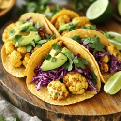 - 1 medium head of cauliflower, cut into florets - 2 tablespoons olive oil - 1 teaspoon cumin - 1 teaspoon smoked paprika - 1/2 teaspoon chili powder - 1/2 teaspoon garlic powder - Salt and pepper to taste - 8 small corn or flour tortillas - 1 cup fresh cilantro, chopped - 1 avocado, sliced - 1 cup red cabbage, shredded - 1 lime, cut into wedges To make these vegan cauliflower tacos, you need fresh and simple ingredients. First, you'll start with a medium head of cauliflower. Cut it into bite-sized florets. This is key for even cooking and great texture. Next, grab some olive oil. It helps the spices stick and adds flavor. Spices are crucial for taste. You will need cumin, smoked paprika, chili powder, and garlic powder. These give the tacos their warm and smoky flavor. Don't forget salt and pepper! They bring everything together. For the tacos, you can use either corn or flour tortillas. Both work well. Toppings are where you can get creative. I love fresh cilantro, creamy avocado, and crunchy red cabbage. They add color and taste. A squeeze of lime at the end gives a bright finish. These tacos are not just tasty; they are healthy too. Each serving has around 200 calories. You’ll get about 5 grams of protein and 8 grams of fat. Cauliflower is low in calories and high in fiber. It supports digestion and helps you feel full. Cauliflower is also packed with vitamins C and K. These are great for your immune system and bone health. Plus, this recipe is completely vegan. It fits well in plant-based diets. You can enjoy these tacos knowing they are good for you and the planet. For the complete recipe, check out the Full Recipe section. 1. Preheating and mixing ingredients: Start by preheating your oven to 425°F (220°C). This step ensures that the cauliflower gets crispy. In a large bowl, mix the cauliflower florets with olive oil, cumin, smoked paprika, chili powder, garlic powder, salt, and pepper. Toss well so each piece gets coated. 2. Roasting the cauliflower: Spread the cauliflower on a baking sheet lined with parchment paper. Roast for 25-30 minutes, flipping halfway. Look for a golden brown color. This gives the cauliflower a nice crunch. 3. Warming the tortillas: While the cauliflower roasts, heat a skillet over medium heat. Warm each tortilla for about 30 seconds on each side. This makes them soft and easy to fold. 1. How to layer ingredients: Once the cauliflower is ready, it’s time to build your tacos. Place a generous amount of roasted cauliflower in each tortilla. 2. Optimal portion sizes: Aim for about one-quarter cup of cauliflower per taco. This keeps them filled but not overflowing. 3. Presentation ideas: Top each taco with shredded red cabbage, avocado slices, and chopped cilantro. For a burst of flavor, squeeze a lime wedge over each taco. Serve them on a wooden platter with extra lime wedges and cilantro for a vibrant look. For the complete recipe, check the Full Recipe section. To make your cauliflower crispy, start with dry florets. Pat them with a towel. Toss them in olive oil and spices for great flavor. Use cumin and smoked paprika for warmth. Adjust the chili powder for heat. Roast the cauliflower at 425°F (220°C). Spread it in a single layer on a baking sheet. Flip the pieces halfway through cooking. This helps them brown evenly. Roast for 25-30 minutes until they are golden and crisp. Pair these tacos with fresh sides. Black beans or a mixed green salad work well. You can also serve them with rice for a filling meal. For drinks, try a light beer or sparkling water. A limeade or iced tea offers a nice touch too. You can customize these tacos for your taste. Add hot sauce for heat or guacamole for creaminess. If you like crunch, try topping with radishes or pickled onions. For the full recipe, check out the details above. Enjoy your culinary creation! {{image_2}} You can switch up the veggies in your tacos. Try sweet potatoes, zucchini, or bell peppers. Each one brings a new taste. For spices, consider adding your favorites. Try chili flakes for heat or oregano for earthiness. Mix and match to find what you love. If you need gluten-free options, corn tortillas work great. You can also use lettuce wraps for a fresh twist. Don’t stop at the basics. Add more veggies like diced tomatoes or jalapeños for crunch and flavor. You can also try sautéed mushrooms or grilled corn for extra taste. Sauces can elevate your tacos. Drizzle lime crema or a spicy salsa for a kick. A simple guacamole pairs well too. For a cheesy touch, use vegan cheese or cashew cream. It adds a creamy layer that enhances the flavor of your tacos. Explore these variations to make your vegan cauliflower tacos unique. Each change can create a new favorite dish. For the complete recipe, check the Full Recipe section. - Refrigerating cooked tacos: After you enjoy your vegan cauliflower tacos, store any leftovers in an airtight container. This keeps them fresh for up to three days. Make sure to separate the filling from the tortillas to prevent sogginess. - Freezing roasted cauliflower tips: You can freeze the roasted cauliflower for up to a month. Let it cool completely, then place it in a freezer-safe bag. Remove as much air as possible. When you're ready to eat, thaw it in the fridge overnight before reheating. - Best practices for keeping tortillas fresh: Store your tortillas in a sealed bag at room temperature if you plan to use them soon. For longer storage, place them in the fridge. This keeps them soft and ready for your next taco night. - How to rewarm tacos without losing texture: To reheat your tacos, use a skillet over medium heat. Heat them for about 2-3 minutes on each side. This helps keep the tortillas warm and crispy. - Microwaving versus oven reheating: If you're in a hurry, microwaving is quick but may make tortillas tough. For best results, use the oven. Preheat it to 350°F (175°C) and warm the tacos for about 10 minutes. This method keeps them nice and crunchy. If you want the full recipe for these tasty vegan cauliflower tacos, check out the Full Recipe section! How to make vegan cauliflower tacos? To make vegan cauliflower tacos, start by preheating your oven to 425°F (220°C). In a bowl, mix cauliflower florets with olive oil and spices. Bake the cauliflower for 25-30 minutes until crispy. Warm tortillas in a skillet, then fill them with the roasted cauliflower. Top with shredded cabbage, avocado, and cilantro. Finish with a squeeze of lime. For a detailed recipe, check the Full Recipe. Can these tacos be made in advance? Yes, you can prepare these tacos in advance. Roast the cauliflower and store it in the fridge. You can warm it up just before serving. You can also prepare toppings ahead of time. Just keep everything in separate containers. This way, you can assemble the tacos when you're ready to eat. What can I substitute for tortillas? If you want to substitute tortillas, you can use lettuce leaves for a low-carb option. You can also try rice paper wraps or whole grain wraps. Each option gives a different taste and texture. Choose what fits your meal best. Are vegan cauliflower tacos healthy? Yes, vegan cauliflower tacos are healthy. They are low in calories and high in nutrients. Cauliflower is a great source of fiber, vitamins, and minerals. The recipe uses healthy fats from olive oil and fresh toppings, making it a balanced option. What’s the protein content in this recipe? The protein content in vegan cauliflower tacos is moderate. Each serving provides about 5 grams of protein. The main protein sources are the cauliflower and any additional toppings you choose, like avocado or beans. If you want more protein, add legumes or tofu. We explored how to make delicious vegan cauliflower tacos from start to finish. We covered the main ingredients, like cauliflower and spices, and health benefits. You learned clear steps for preparation, assembly, and cooking tips to enhance flavor. The variations and storage tips will help you customize and keep your tacos fresh. No matter your taste, there's something for everyone. Enjoy experimenting with these recipes for tasty, healthy meals!