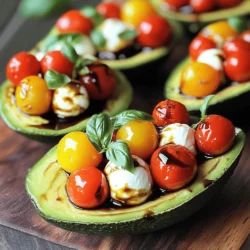 - 2 ripe avocados - 1 cup cherry tomatoes, halved - 1 cup fresh mozzarella balls, halved - 1/4 cup fresh basil leaves, chopped - 2 tablespoons balsamic glaze - 2 tablespoons extra virgin olive oil - Salt and pepper to taste To make Caprese stuffed avocados, you need fresh, quality ingredients. Ripe avocados are key. Choose ones that yield slightly when pressed. Cherry tomatoes add a sweet burst. They also bring color and texture. Fresh mozzarella balls are creamy and mild. They melt in your mouth, adding richness. For a fresh herb hit, use basil leaves. They give a lovely aroma. Balsamic glaze adds a tangy sweetness. It also enhances flavor and appearance. Extra virgin olive oil brings a fruity note. Lastly, season with salt and pepper. This simple touch makes all the difference. You can find the full recipe for more details. Start by cutting the avocados in half lengthwise. Carefully remove the pit with a spoon or knife. Once the pits are out, scoop out a small amount of the flesh. This makes more room for the filling. Set the scooped avocado aside for later. Make sure you don’t scoop too much out. You want the avocado to hold its shape. In a mixing bowl, combine the halved cherry tomatoes, mozzarella balls, and chopped basil. These fresh ingredients bring bright flavors. Next, add the reserved avocado flesh to the bowl. Gently mix everything together. Drizzle in the balsamic glaze and olive oil. Add salt and pepper to taste. Toss until all ingredients are well combined. This step creates a colorful and tasty filling. Now it’s time to fill the avocado halves. Carefully spoon the Caprese mixture into each half. Make sure to fill them generously; they should look full and inviting. For a finishing touch, drizzle any remaining balsamic glaze over the stuffed avocados. This adds extra flavor and a nice presentation. Serve immediately, or chill them in the fridge for about ten minutes. This makes for a cool, refreshing bite. For the full recipe, refer to the details above. When you pick avocados, you want them to be ripe. A ripe avocado feels slightly soft when you press it. If it feels hard, it is not ready. You can also check the color. Dark green or almost black skin often means ripeness. If you can't find Hass avocados, try Bacon or Fuerte. They have a creamy texture and good flavor. Each type has its own taste, so explore and see what you like best. Caprese stuffed avocados pair well with many dishes. Serve them alongside grilled chicken or fish for a full meal. They also go great with a fresh salad or crusty bread. For a gathering, make the dish look nice. Use a large platter and arrange the stuffed avocados evenly. Add extra basil leaves and drizzle with balsamic glaze for a pop of color. Want to impress your guests? Use small bowls for balsamic glaze on the side. This way, they can add more if they want. Enjoy the fresh, tasty flavors! You can find the full recipe above to guide you through making this delightful dish. {{image_2}} You can easily make Caprese stuffed avocados vegetarian. One way is to substitute mozzarella with vegan cheese. Many brands offer delicious vegan options that melt well. This keeps the creamy texture while making it dairy-free. You can also add extra veggies for a colorful touch. Try diced bell peppers, sliced cucumbers, or even artichoke hearts. These will add crunch and flavor. The more veggies, the more fun your dish becomes! If you want a heartier meal, adding protein is a great choice. Grilled chicken or shrimp works perfectly in this recipe. Simply grill your chicken or shrimp and chop them into small pieces. Mix them into the Caprese filling. This boosts the dish's flavor and makes it filling. Another option is to use canned chickpeas for a plant-based protein. They blend well and add a nice texture. Try these variations to make your Caprese stuffed avocados unique and delicious! For the complete recipe, check the [Full Recipe]. To keep your Caprese stuffed avocados fresh, follow these tips: - Wrap tightly: Use plastic wrap to cover each avocado half. This helps slow down browning. - Use airtight containers: Store them in a container that seals well. This keeps moisture out. - Add lemon juice: A little lemon juice can help prevent browning. Just drizzle it on the exposed flesh. You can keep stuffed avocados in the fridge for about one day. After that, they start to spoil. Signs of spoilage include: - Brown color: If the avocado turns dark brown, it’s time to toss it. - Off smell: A sour or strange smell means the avocado is no longer good. - Soft texture: If the flesh feels mushy, it’s best to throw it away. For the full recipe, check out the Caprese stuffed avocados section. To stop avocados from browning, use these tips: - Lemon Juice: Squeeze some lemon juice on the cut avocado. The acid stops browning. - Olive Oil: Brush a little olive oil on the flesh. It creates a barrier. - Plastic Wrap: Cover the cut avocado tightly with plastic wrap. - Pit Storage: Keep the pit in the leftover avocado. It helps slow down browning. These methods help keep your avocados looking nice and fresh for longer. Yes, you can prepare Caprese Stuffed Avocados ahead of time. Here’s how: - Prep Ingredients: Cut and mix your ingredients a few hours before serving. - Assemble Later: Fill the avocado halves just before you serve. This keeps them fresh. - Chill: You can chill them in the fridge for about 10 minutes. This makes them refreshing. Avoid making them too far in advance. They taste best when fresh! Serve Caprese Stuffed Avocados with these ideas: - Temperature: Serve them cold or at room temperature. Both taste great. - Sides: Pair them with a light salad or some crusty bread. - Garnish: Add extra basil leaves on top for a pop of color. These tips enhance the dish and make it look even more appealing. For the full recipe, check the earlier section. Caprese Stuffed Avocados are simple and fun to make. You start with ripe avocados and mix them with fresh tomatoes, mozzarella, and basil. After filling the avocado halves, you add balsamic glaze for extra flavor. I shared tips on choosing the right avocados and how to store leftovers properly. Whether you stick to the classic or add protein, this dish is a winner. Enjoy these tasty avocados at your next gathering or as a quick meal! Your taste buds will thank you.