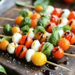To make delicious Caprese salad skewers, you need: - 12 cherry tomatoes - 12 fresh basil leaves - 12 small mozzarella balls (bocconcini) - 2 tablespoons balsamic glaze - 1 tablespoon extra virgin olive oil - Salt and pepper to taste - Skewers (bamboo or metal) When picking your ingredients, choose ripe cherry tomatoes. They should feel firm and bright. Look for basil leaves that are vibrant green and free from browning. Fresh mozzarella should be soft to touch and have a milky scent. Always check for the best before date on the balsamic glaze and olive oil. Quality matters for great taste. For extra flavor, consider these options: - A pinch of red pepper flakes for heat. - Sliced olives or artichokes for a briny touch. - Avocado pieces for creaminess. - Fresh mint leaves for a unique twist. These additions can make your skewers even more exciting. Feel free to mix and match based on your taste. To make Caprese salad skewers, first, wash your cherry tomatoes and basil leaves. Dry them with a paper towel. This helps keep everything fresh. Next, take a skewer and thread on a cherry tomato. Add a basil leaf, then a small mozzarella ball. Repeat this pattern until the skewer is full. You can fit 4 to 5 of each ingredient on a skewer, depending on its length. Once you finish all the skewers, drizzle them with extra virgin olive oil and balsamic glaze. This adds great flavor! Finally, sprinkle salt and pepper on top to enhance taste. If you like heat, add a pinch of red pepper flakes. Caprese salad skewers are great for parties or snacks. You can serve them on a platter for a fun touch. Pair them with a glass of chilled white wine for a refreshing taste. They also go well with crusty bread or crackers. If you have leftovers, store them in the fridge. Just remember, these are best enjoyed fresh! To make your platter stand out, arrange the skewers in a circle or a straight line. Mix heights for a fun look. You can add lemon slices or extra basil leaves to fill spaces. Using a colorful platter adds to the appeal. This makes your dish eye-catching and fun at any gathering. For more detailed guidance, you can check the full recipe. To make perfect Caprese salad skewers, focus on fresh ingredients. I always choose ripe cherry tomatoes, fresh basil leaves, and soft mozzarella balls. These fresh items bring bright flavors and colors. Start by washing the tomatoes and basil well. Pat them dry to avoid sogginess. When you assemble the skewers, thread the ingredients in a pattern. I use one cherry tomato, one basil leaf, and one mozzarella ball. Repeat this until the skewer is full. This keeps the flavors balanced. Drizzle the skewers with olive oil and balsamic glaze. A sprinkle of salt and pepper will enhance the taste. For a little heat, add red pepper flakes. If you have leftover skewers, store them in the fridge. Place them in an airtight container. They stay fresh for up to two days. To keep the flavors, avoid adding the balsamic glaze until ready to serve. This keeps the skewers from getting soggy. One common mistake is using old ingredients. Always check for freshness. Another mistake is overloading the skewers. Too many ingredients can make them hard to eat. Keep it simple with a few of each item. Finally, don't forget to season well. Salt and pepper add great flavor. {{image_2}} You can switch the mozzarella for other cheeses. Burrata adds a creamy touch. Feta brings a salty flavor. Goat cheese gives a tangy twist. Each cheese makes the skewers unique. Try different cheeses for fun flavor. Caprese skewers are easy to make vegetarian. Just use the same ingredients minus the cheese. For vegan options, use vegan cheese or avocado slices. This keeps the dish fresh and plant-based. You can still enjoy the same great flavors. Caprese skewers pair well with many dips. A pesto dip adds a fresh taste. Hummus gives a creamy texture. You can also serve them with crusty bread. Fresh baguette or ciabatta works great. These pairings enhance the meal and add variety. Storing Caprese salad skewers is easy. If you have leftovers, wrap them tight in plastic wrap. Keep them in the fridge. This helps them stay fresh longer. Avoid stacking them too high. This keeps the cheese and tomatoes from getting squished. If you make them a day ahead, store them without dressing. Add the balsamic glaze and olive oil just before serving. When stored correctly, these skewers can last for about two days. After that, the ingredients may lose their crispness. The tomatoes can get mushy, and the basil can wilt. If you notice any change in smell or texture, it is best to toss them. Reheating Caprese salad skewers is not recommended. They taste best when fresh. If you must reheat, use a microwave for just a few seconds. Keep the heat low and check often. This way, you can avoid making the cheese rubbery. For the best flavor, enjoy them cold or at room temperature. Feel free to check the Full Recipe if you want to make these delicious skewers! The best way to assemble Caprese Salad Skewers is simple. Start with a skewer. Thread on one cherry tomato, then a basil leaf, and follow with a mozzarella ball. Repeat this until the skewer is full, usually 4-5 sets. Make sure to space them evenly. This arrangement keeps them fresh and tasty. You can also mix the order if you want a fun twist. Just remember to keep it colorful! Yes, you can prepare Caprese Salad Skewers ahead of time. You can make them a few hours before your event. Just cover them with a damp paper towel and place them in the fridge. This keeps them fresh and crisp. However, I suggest adding the balsamic glaze and olive oil just before serving. This way, the flavors stay bright and vibrant. The nutritional information for Caprese Salad Skewers is quite good. Each skewer has about 50 calories. They contain protein from cheese, vitamins from tomatoes, and healthy fats from olive oil. You get a mix of carbs, fats, and protein. This makes them a balanced snack or appetizer. For the full recipe, check out the details above. In this article, we explored the best ingredients and steps for making Caprese salad skewers. Freshness is key, and I shared tips for selecting the best produce. You learned how to prepare and assemble the skewers, along with serving and presentation ideas. I provided tips for storage and variations to fit different diets. Remember, practice makes perfect. Avoid common mistakes to enhance flavor and enjoyment. Enjoy making these delicious skewers for your next gathering!