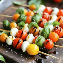 To make delicious Caprese salad skewers, you need: - 12 cherry tomatoes - 12 fresh basil leaves - 12 small mozzarella balls (bocconcini) - 2 tablespoons balsamic glaze - 1 tablespoon extra virgin olive oil - Salt and pepper to taste - Skewers (bamboo or metal) When picking your ingredients, choose ripe cherry tomatoes. They should feel firm and bright. Look for basil leaves that are vibrant green and free from browning. Fresh mozzarella should be soft to touch and have a milky scent. Always check for the best before date on the balsamic glaze and olive oil. Quality matters for great taste. For extra flavor, consider these options: - A pinch of red pepper flakes for heat. - Sliced olives or artichokes for a briny touch. - Avocado pieces for creaminess. - Fresh mint leaves for a unique twist. These additions can make your skewers even more exciting. Feel free to mix and match based on your taste. To make Caprese salad skewers, first, wash your cherry tomatoes and basil leaves. Dry them with a paper towel. This helps keep everything fresh. Next, take a skewer and thread on a cherry tomato. Add a basil leaf, then a small mozzarella ball. Repeat this pattern until the skewer is full. You can fit 4 to 5 of each ingredient on a skewer, depending on its length. Once you finish all the skewers, drizzle them with extra virgin olive oil and balsamic glaze. This adds great flavor! Finally, sprinkle salt and pepper on top to enhance taste. If you like heat, add a pinch of red pepper flakes. Caprese salad skewers are great for parties or snacks. You can serve them on a platter for a fun touch. Pair them with a glass of chilled white wine for a refreshing taste. They also go well with crusty bread or crackers. If you have leftovers, store them in the fridge. Just remember, these are best enjoyed fresh! To make your platter stand out, arrange the skewers in a circle or a straight line. Mix heights for a fun look. You can add lemon slices or extra basil leaves to fill spaces. Using a colorful platter adds to the appeal. This makes your dish eye-catching and fun at any gathering. For more detailed guidance, you can check the full recipe. To make perfect Caprese salad skewers, focus on fresh ingredients. I always choose ripe cherry tomatoes, fresh basil leaves, and soft mozzarella balls. These fresh items bring bright flavors and colors. Start by washing the tomatoes and basil well. Pat them dry to avoid sogginess. When you assemble the skewers, thread the ingredients in a pattern. I use one cherry tomato, one basil leaf, and one mozzarella ball. Repeat this until the skewer is full. This keeps the flavors balanced. Drizzle the skewers with olive oil and balsamic glaze. A sprinkle of salt and pepper will enhance the taste. For a little heat, add red pepper flakes. If you have leftover skewers, store them in the fridge. Place them in an airtight container. They stay fresh for up to two days. To keep the flavors, avoid adding the balsamic glaze until ready to serve. This keeps the skewers from getting soggy. One common mistake is using old ingredients. Always check for freshness. Another mistake is overloading the skewers. Too many ingredients can make them hard to eat. Keep it simple with a few of each item. Finally, don't forget to season well. Salt and pepper add great flavor. {{image_2}} You can switch the mozzarella for other cheeses. Burrata adds a creamy touch. Feta brings a salty flavor. Goat cheese gives a tangy twist. Each cheese makes the skewers unique. Try different cheeses for fun flavor. Caprese skewers are easy to make vegetarian. Just use the same ingredients minus the cheese. For vegan options, use vegan cheese or avocado slices. This keeps the dish fresh and plant-based. You can still enjoy the same great flavors. Caprese skewers pair well with many dips. A pesto dip adds a fresh taste. Hummus gives a creamy texture. You can also serve them with crusty bread. Fresh baguette or ciabatta works great. These pairings enhance the meal and add variety. Storing Caprese salad skewers is easy. If you have leftovers, wrap them tight in plastic wrap. Keep them in the fridge. This helps them stay fresh longer. Avoid stacking them too high. This keeps the cheese and tomatoes from getting squished. If you make them a day ahead, store them without dressing. Add the balsamic glaze and olive oil just before serving. When stored correctly, these skewers can last for about two days. After that, the ingredients may lose their crispness. The tomatoes can get mushy, and the basil can wilt. If you notice any change in smell or texture, it is best to toss them. Reheating Caprese salad skewers is not recommended. They taste best when fresh. If you must reheat, use a microwave for just a few seconds. Keep the heat low and check often. This way, you can avoid making the cheese rubbery. For the best flavor, enjoy them cold or at room temperature. Feel free to check the Full Recipe if you want to make these delicious skewers! The best way to assemble Caprese Salad Skewers is simple. Start with a skewer. Thread on one cherry tomato, then a basil leaf, and follow with a mozzarella ball. Repeat this until the skewer is full, usually 4-5 sets. Make sure to space them evenly. This arrangement keeps them fresh and tasty. You can also mix the order if you want a fun twist. Just remember to keep it colorful! Yes, you can prepare Caprese Salad Skewers ahead of time. You can make them a few hours before your event. Just cover them with a damp paper towel and place them in the fridge. This keeps them fresh and crisp. However, I suggest adding the balsamic glaze and olive oil just before serving. This way, the flavors stay bright and vibrant. The nutritional information for Caprese Salad Skewers is quite good. Each skewer has about 50 calories. They contain protein from cheese, vitamins from tomatoes, and healthy fats from olive oil. You get a mix of carbs, fats, and protein. This makes them a balanced snack or appetizer. For the full recipe, check out the details above. In this article, we explored the best ingredients and steps for making Caprese salad skewers. Freshness is key, and I shared tips for selecting the best produce. You learned how to prepare and assemble the skewers, along with serving and presentation ideas. I provided tips for storage and variations to fit different diets. Remember, practice makes perfect. Avoid common mistakes to enhance flavor and enjoyment. Enjoy making these delicious skewers for your next gathering!