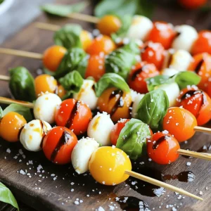 To make delicious Caprese salad skewers, you need: - 12 cherry tomatoes - 12 fresh basil leaves - 12 small mozzarella balls (bocconcini) - 2 tablespoons balsamic glaze - 1 tablespoon extra virgin olive oil - Salt and pepper to taste - Skewers (bamboo or metal) When picking your ingredients, choose ripe cherry tomatoes. They should feel firm and bright. Look for basil leaves that are vibrant green and free from browning. Fresh mozzarella should be soft to touch and have a milky scent. Always check for the best before date on the balsamic glaze and olive oil. Quality matters for great taste. For extra flavor, consider these options: - A pinch of red pepper flakes for heat. - Sliced olives or artichokes for a briny touch. - Avocado pieces for creaminess. - Fresh mint leaves for a unique twist. These additions can make your skewers even more exciting. Feel free to mix and match based on your taste. To make Caprese salad skewers, first, wash your cherry tomatoes and basil leaves. Dry them with a paper towel. This helps keep everything fresh. Next, take a skewer and thread on a cherry tomato. Add a basil leaf, then a small mozzarella ball. Repeat this pattern until the skewer is full. You can fit 4 to 5 of each ingredient on a skewer, depending on its length. Once you finish all the skewers, drizzle them with extra virgin olive oil and balsamic glaze. This adds great flavor! Finally, sprinkle salt and pepper on top to enhance taste. If you like heat, add a pinch of red pepper flakes. Caprese salad skewers are great for parties or snacks. You can serve them on a platter for a fun touch. Pair them with a glass of chilled white wine for a refreshing taste. They also go well with crusty bread or crackers. If you have leftovers, store them in the fridge. Just remember, these are best enjoyed fresh! To make your platter stand out, arrange the skewers in a circle or a straight line. Mix heights for a fun look. You can add lemon slices or extra basil leaves to fill spaces. Using a colorful platter adds to the appeal. This makes your dish eye-catching and fun at any gathering. For more detailed guidance, you can check the full recipe. To make perfect Caprese salad skewers, focus on fresh ingredients. I always choose ripe cherry tomatoes, fresh basil leaves, and soft mozzarella balls. These fresh items bring bright flavors and colors. Start by washing the tomatoes and basil well. Pat them dry to avoid sogginess. When you assemble the skewers, thread the ingredients in a pattern. I use one cherry tomato, one basil leaf, and one mozzarella ball. Repeat this until the skewer is full. This keeps the flavors balanced. Drizzle the skewers with olive oil and balsamic glaze. A sprinkle of salt and pepper will enhance the taste. For a little heat, add red pepper flakes. If you have leftover skewers, store them in the fridge. Place them in an airtight container. They stay fresh for up to two days. To keep the flavors, avoid adding the balsamic glaze until ready to serve. This keeps the skewers from getting soggy. One common mistake is using old ingredients. Always check for freshness. Another mistake is overloading the skewers. Too many ingredients can make them hard to eat. Keep it simple with a few of each item. Finally, don't forget to season well. Salt and pepper add great flavor. {{image_2}} You can switch the mozzarella for other cheeses. Burrata adds a creamy touch. Feta brings a salty flavor. Goat cheese gives a tangy twist. Each cheese makes the skewers unique. Try different cheeses for fun flavor. Caprese skewers are easy to make vegetarian. Just use the same ingredients minus the cheese. For vegan options, use vegan cheese or avocado slices. This keeps the dish fresh and plant-based. You can still enjoy the same great flavors. Caprese skewers pair well with many dips. A pesto dip adds a fresh taste. Hummus gives a creamy texture. You can also serve them with crusty bread. Fresh baguette or ciabatta works great. These pairings enhance the meal and add variety. Storing Caprese salad skewers is easy. If you have leftovers, wrap them tight in plastic wrap. Keep them in the fridge. This helps them stay fresh longer. Avoid stacking them too high. This keeps the cheese and tomatoes from getting squished. If you make them a day ahead, store them without dressing. Add the balsamic glaze and olive oil just before serving. When stored correctly, these skewers can last for about two days. After that, the ingredients may lose their crispness. The tomatoes can get mushy, and the basil can wilt. If you notice any change in smell or texture, it is best to toss them. Reheating Caprese salad skewers is not recommended. They taste best when fresh. If you must reheat, use a microwave for just a few seconds. Keep the heat low and check often. This way, you can avoid making the cheese rubbery. For the best flavor, enjoy them cold or at room temperature. Feel free to check the Full Recipe if you want to make these delicious skewers! The best way to assemble Caprese Salad Skewers is simple. Start with a skewer. Thread on one cherry tomato, then a basil leaf, and follow with a mozzarella ball. Repeat this until the skewer is full, usually 4-5 sets. Make sure to space them evenly. This arrangement keeps them fresh and tasty. You can also mix the order if you want a fun twist. Just remember to keep it colorful! Yes, you can prepare Caprese Salad Skewers ahead of time. You can make them a few hours before your event. Just cover them with a damp paper towel and place them in the fridge. This keeps them fresh and crisp. However, I suggest adding the balsamic glaze and olive oil just before serving. This way, the flavors stay bright and vibrant. The nutritional information for Caprese Salad Skewers is quite good. Each skewer has about 50 calories. They contain protein from cheese, vitamins from tomatoes, and healthy fats from olive oil. You get a mix of carbs, fats, and protein. This makes them a balanced snack or appetizer. For the full recipe, check out the details above. In this article, we explored the best ingredients and steps for making Caprese salad skewers. Freshness is key, and I shared tips for selecting the best produce. You learned how to prepare and assemble the skewers, along with serving and presentation ideas. I provided tips for storage and variations to fit different diets. Remember, practice makes perfect. Avoid common mistakes to enhance flavor and enjoyment. Enjoy making these delicious skewers for your next gathering!