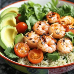 To make a tasty grilled shrimp bowl, gather these ingredients: - 1 pound large shrimp, peeled and deveined - 2 tablespoons olive oil - 2 cloves garlic, minced - 1 teaspoon red pepper flakes - Juice of 1 lime - Salt and pepper to taste - 1 cup cooked quinoa - 1 cup cherry tomatoes, halved - 1 avocado, sliced - 1 cup mixed greens (spinach, arugula, or your choice) - Fresh cilantro for garnish Fresh ingredients make a big difference in flavor. They add brightness and life to your dish. Fresh shrimp taste sweeter and more tender. Fresh herbs, like cilantro, bring a pop of flavor. When you use fresh tomatoes, they burst with juiciness. Always choose the best quality you can find for the best results. You can easily swap ingredients to meet your needs. If you're gluten-free, quinoa is a great base. For a low-carb option, try cauliflower rice instead. If you're vegan, replace shrimp with grilled tofu or chickpeas. For dairy-free, skip the avocado or use a nut-based sauce. These simple swaps keep the dish tasty and fun for everyone. Start by gathering your ingredients. You need olive oil, minced garlic, red pepper flakes, lime juice, salt, and pepper. In a bowl, mix the olive oil with the minced garlic. Add the red pepper flakes, lime juice, salt, and pepper. Whisk it all together until combined. This mix will pack a punch. It adds flavor to the shrimp while they cook. Next, take your shrimp. Add them to the bowl with the garlic marinade. Toss the shrimp well so they coat evenly. Let them sit for about 15 to 20 minutes. This time lets the flavors soak in. Don’t skip this step; marinating makes a big difference! Preheat your grill or grill pan to medium-high heat. If using wooden skewers, soak them in water for 30 minutes. This helps them not burn. Thread the marinated shrimp onto the skewers. Grill the shrimp for 2 to 3 minutes on each side. You want them to turn pink and opaque. Once done, remove the shrimp from the grill. Now it’s time to build your bowl. Start with cooked quinoa as the base. Add a layer of mixed greens on top. Next, place the grilled shrimp on the greens. Toss in halved cherry tomatoes and avocado slices. For more flavor, drizzle any leftover garlic marinade over the bowl. Finally, garnish with fresh cilantro. This will make your dish pop! For the complete recipe, refer to the [Full Recipe]. Grilling shrimp is simple but needs care. First, choose large shrimp. They hold up better on the grill. Rinse them well and peel off the shells. Next, marinate the shrimp for at least 15 minutes. This helps them soak up the flavor. When you grill, use medium-high heat. This cooks the shrimp quickly. For even cooking, place shrimp in a single layer. Do not crowd the grill. Keep an eye on them; they cook fast, about 2-3 minutes per side. If you use skewers, soak wooden ones for 30 minutes. This keeps them from burning. You can also use metal skewers, which don’t need soaking. To boost flavor, consider adding more spices. Fresh herbs like parsley or basil can add nice touches. Try citrus zest too. Lime or lemon zest brightens the dish. You can also add veggies to the skewers. Bell peppers, zucchini, or onions work well. They grill nicely and add color. Another great idea is to drizzle extra garlic sauce on top. This adds depth to the dish. For a kick, add some sriracha or hot sauce to your marinade. Just a dash can make a big difference. A well-presented dish makes a big impact. Use colorful bowls to serve the shrimp. Bright greens and reds make the dish pop. Layer ingredients in the bowl. Start with quinoa, then greens, and top with shrimp. Add halved cherry tomatoes and avocado slices for a fresh look. Finally, garnish with fresh cilantro. This adds a nice touch and enhances the flavor. A squeeze of lime juice on top adds brightness. For the full recipe, see above. Enjoy your beautiful creation! {{image_2}} If you want a vegetarian version of the grilled shrimp bowl, try using grilled tofu or tempeh. Both options soak up flavors well. You can marinate them in the same garlic sauce as the shrimp. Another great choice is grilled portobello mushrooms. They have a rich taste and meaty texture. Just slice them thick, marinate them, and grill until tender. To make the garlic sauce spicier, add more red pepper flakes or a dash of hot sauce. You can also blend in some chopped jalapeños for extra heat. If you want a smoky flavor, add a pinch of smoked paprika to the sauce. This gives the dish a nice kick without overpowering the garlic. Different regions add unique flavors to this bowl. For a Mediterranean twist, try adding olives, feta cheese, and a squeeze of lemon. If you want a taste of Asia, mix in soy sauce and sesame oil. You could also toss in some pickled ginger for a tangy touch. This recipe allows you to explore various flavors while keeping it fresh and fun. For more ideas, check out the Full Recipe. To store your leftover grilled shrimp bowl, let it cool first. Place it in an airtight container. You can keep it in the fridge for up to three days. To keep the shrimp fresh, store it separately from the quinoa and veggies. This helps maintain the texture and flavor of each part. When you're ready to enjoy leftovers, reheat them gently. The best method is to use the stove. Warm the shrimp in a pan over low heat for about 2-3 minutes. Stir often to avoid overcooking. You can also use a microwave. Heat in 30-second bursts until warm, but be careful not to dry them out. The shelf life of your ingredients varies. Fresh shrimp lasts one to two days in the fridge. Cooked quinoa can keep for about five days when stored properly. Cherry tomatoes stay fresh for about a week. Avocados can brown quickly, so use them within a day or two after cutting. Always check for freshness before using any stored ingredients. For the full recipe, visit the recipe section. To boost shrimp flavor, use a good marinade. A mix of olive oil, garlic, and spices works wonders. I often add lime juice for brightness. Marinate for at least 15 minutes. The longer you marinate, the better the taste. Fresh herbs like cilantro also add zing. Yes, you can use frozen shrimp. Just thaw them first. Place shrimp in cold water for about 15 minutes. Pat them dry before marinating. This step keeps them from being watery. Frozen shrimp can taste just as good as fresh when cooked well. If you want a swap for quinoa, try brown rice or farro. Both add great texture. You can also use couscous for a lighter feel. If you're looking for a low-carb option, cauliflower rice works too. Each choice brings its own flavor and can make your bowl unique. Yes, this recipe is perfect for meal prep. You can cook the shrimp and quinoa ahead of time. Store them in airtight containers in the fridge. Just assemble your bowls when you're ready to eat. This keeps everything fresh and tasty. You’ll enjoy healthy meals all week long! For the Full Recipe, check the earlier sections. This article covered how to make a tasty grilled shrimp bowl. We talked about fresh ingredients and alternatives for different diets. I shared tips for marinating and grilling, plus how to present your dish. We also explored fun variations and smart storage tips. In summary, grilling shrimp is easy and delicious. You can make it your own by adding spices or different veggies. Enjoy experimenting with flavors and creating your perfect bowl!