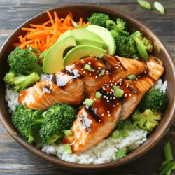 - 2 salmon fillets - 1/3 cup soy sauce - 2 tablespoons honey - 1 tablespoon rice vinegar - 1 tablespoon sesame oil - 2 garlic cloves, minced - 1 teaspoon grated ginger - 2 cups cooked jasmine or brown rice - 1 cup steamed broccoli florets - 1 cup shredded carrots - 1 avocado, sliced - 2 green onions, sliced - Sesame seeds for garnish - Optional: pickled ginger for serving When I make my teriyaki salmon bowls, I start by picking fresh, high-quality ingredients. The salmon fillets should be bright and firm. For the sauce, I love using soy sauce for that umami flavor. Honey adds sweetness, while rice vinegar gives a nice tang. Sesame oil enriches the sauce with a nutty taste. Minced garlic and grated ginger bring a fresh zest. For the base, I often choose jasmine rice for its aroma, but brown rice works great too. I always steam my broccoli just right. It should stay vibrant green and crunchy. Shredded carrots add color and sweetness. Don't forget the avocado; its creaminess balances the dish. Lastly, the green onions add a lovely crunch and a bit of spice. For garnishes, sesame seeds provide a nice crunch. If you like a little zest, pickled ginger is a fun option to serve on the side. This combination makes a delightful meal that is simple yet packed with flavor. You can find the Full Recipe to create this dish at home. To make the teriyaki sauce, you need a small saucepan. First, combine these ingredients: - 1/3 cup soy sauce - 2 tablespoons honey - 1 tablespoon rice vinegar - 1 tablespoon sesame oil - 2 garlic cloves, minced - 1 teaspoon grated ginger Stir these well and bring to a slight simmer over medium heat. Let it cook gently for about 5 minutes. This helps the sauce thicken and blend the flavors. Once done, remove it from heat and let it cool. Now, let's marinate the salmon. You want to coat the salmon fillets with half of the teriyaki sauce. Use a shallow dish for this. Make sure the fillets are well-coated. I recommend letting them marinate for about 15 to 20 minutes. This step adds great flavor to the salmon. You have two options here: grilling or baking. Preheat your grill or oven to 400°F (200°C). - If grilling, place the salmon on the grill and cook for about 5 to 7 minutes per side. - If baking, place the salmon on a lined baking sheet. Bake for 12 to 15 minutes. You’ll know it's done when it flakes easily with a fork. Brush with more teriyaki sauce while cooking for extra flavor. Now it’s time to assemble the bowls. Start with a serving bowl and layer the cooked rice as your base. I like using jasmine or brown rice. On top of the rice, add these vegetables: - 1 cup steamed broccoli florets - 1 cup shredded carrots - 1 avocado, sliced This adds color and nutrients to the meal. Finally, let’s make it look nice. Place a cooked salmon fillet on top of the vegetables and rice. Drizzle any remaining teriyaki sauce over it. For a lovely finish, sprinkle sliced green onions and sesame seeds. If you like, add pickled ginger on the side for extra zing. Enjoy your delicious teriyaki salmon bowls! For the complete recipe, check out the Full Recipe. To make the best teriyaki sauce, you can adjust the sweetness and seasoning. If you like it sweeter, add more honey. If you want more salt, try adding a bit of soy sauce. To make the sauce thicker, let it simmer longer. If you prefer it thinner, add a little water or broth. This way, you can create the perfect sauce for your taste. Using a meat thermometer is a great way to cook salmon just right. Aim for 145°F (63°C) to ensure it’s safe and tasty. To avoid overcooking, watch the salmon closely while it cooks. Salmon can go from perfect to dry quickly. If it flakes easily with a fork, it’s done! For the best side dishes, steamed broccoli and shredded carrots work well. They add color and nutrition to your bowl. You can also try adding snap peas or sautéed bell peppers for more variety. Pair your teriyaki salmon bowl with a light beverage, like green tea or a crisp white wine. These drinks enhance the meal without overpowering it. {{image_2}} You can swap salmon for other proteins like tofu or chicken. Tofu works well for a plant-based option. It absorbs the teriyaki sauce nicely. If you choose chicken, use thin cuts for quick cooking. Adjust the marination time based on the protein. - For tofu, marinate for about 30 minutes. - For chicken, 20 minutes is enough for flavor. Feel free to change up the veggies in your bowl. You can add colorful peppers or crisp snap peas. Both of these options add great texture and flavor. More colors in your bowl mean more nutrients too. Try adding: - Red or yellow bell peppers for sweetness. - Snap peas for a crunchy bite. These additions make your meal vibrant and fun. You can use different teriyaki sauces, too. If you want a homemade sauce, it’s easy to make. Just mix soy sauce, honey, and a few spices. Store-bought options save time and still taste great. You can also try spicy or sweet sauces. A spicy sauce gives your bowl a kick. A sweet sauce makes it extra tasty. Both options can change the whole meal. Explore and find what you love! For the complete recipe, check out the Full Recipe. To keep your teriyaki salmon bowls fresh, store them in a sealed container. I recommend using glass containers. They work well and do not absorb odors. Place the bowls in the refrigerator. Your leftovers can last for about three days. After that, the flavors may fade. When you want to enjoy your leftovers, reheating is simple. You can use a microwave for quick warming. Just cover the bowl with a lid or microwave-safe wrap. Heat in short bursts, stirring in between. This helps keep the salmon moist. If you prefer, you can reheat in an oven. Place the bowl in a preheated oven at 350°F. Heat for about 10 minutes. This will help maintain the texture and flavor. If you want to save your teriyaki salmon bowls for later, freezing works great. Use airtight containers or freezer bags. Make sure to remove as much air as possible. This helps prevent freezer burn. Your bowls can stay fresh for up to three months in the freezer. When you're ready to eat, thaw them in the fridge overnight. After thawing, you can refashion them with fresh veggies or more sauce to enhance the flavor. I recommend marinating the salmon for 15 to 20 minutes. This time allows the flavors to soak in well. If you marinate it too long, the fish can become too salty. The right marination time balances the flavors perfectly. Yes, you can make teriyaki sauce ahead of time. Just store it in an airtight container in the fridge. It will last for about a week. This saves time on busy days. You can also freeze it for longer storage. Just remember to thaw it in the fridge before use. You can grill or bake the salmon for this dish. Grilling gives a nice smoky flavor and crisp skin. It takes about 5-7 minutes per side on medium heat. Baking is also great and easier for beginners. Bake it at 400°F (200°C) for 12-15 minutes. Both methods make the salmon flaky and tender. Yes, this recipe is quite healthy. Salmon is rich in omega-3 fatty acids, which are good for your heart. The veggies add vitamins and minerals. Rice provides energy through carbohydrates. Honey in the sauce offers a natural sweetness. Overall, this bowl is nutritious and tasty, making it a smart choice for meals. This blog shared a tasty recipe for teriyaki salmon bowls. We explored the key ingredients, including the salmon and flavorful sauce. I explained step-by-step instructions to prepare the dish and offered tips for success. In the end, you can make this meal in many ways, with different proteins or veggies. This recipe is not just delicious but also healthy. Enjoy making your teriyaki salmon bowls, and feel free to get creative!