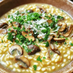 To make a creamy and flavorful mushroom risotto, you'll need: - 1 ½ cups Arborio rice - 5 cups vegetable broth (homemade or low-sodium) - 1 cup wild mushrooms (such as chanterelles, morels, or shiitake), cleaned and sliced - 1 medium onion, finely chopped - 2 cloves garlic, minced - ½ cup grated Parmesan cheese (plus extra for serving) - 3 tablespoons olive oil - 2 tablespoons unsalted butter - 1 cup fresh spinach, chopped - 1 teaspoon fresh thyme leaves - Salt and pepper to taste - Fresh parsley, chopped (for garnish) You can swap ingredients based on your diet or availability. Here are some ideas: - Instead of Arborio rice, use Carnaroli or Vialone Nano rice for a similar result. - Swap vegetable broth for chicken broth if you prefer a non-vegetarian option. - Use any fresh mushrooms you find, like button mushrooms or portobellos. - For a vegan version, replace Parmesan with nutritional yeast or a vegan cheese substitute. - You can use olive oil and skip the butter if you want a dairy-free dish. Mushrooms bring a rich flavor to your risotto. Here’s how to pick the best: - Look for firm, smooth caps without blemishes or dark spots. - Choose mushrooms that are dry, not slimy or wet. - Smell the mushrooms; they should have a fresh, earthy scent. - If buying wild mushrooms, ensure they are from a trusted source to avoid any unsafe varieties. - Store mushrooms in a paper bag in the fridge. This keeps them fresh and dry. These tips will help you create a risotto that’s not only tasty but also visually appealing. For the full recipe, check the section above! Start by heating 5 cups of vegetable broth in a medium saucepan. Keep this broth warm over low heat. This step helps the rice cook evenly. A warm broth makes for a creamy risotto. In a large skillet, heat 2 tablespoons of olive oil and 1 tablespoon of butter on medium heat. Add 1 finely chopped onion and cook until it turns soft, which takes about 5 minutes. Next, throw in 2 minced garlic cloves and 1 cup of sliced wild mushrooms. Cook until the mushrooms are soft, about 5 to 7 minutes. Season with salt, pepper, and 1 teaspoon of fresh thyme. This mix brings wonderful flavor. Now, add 1 ½ cups of Arborio rice to the skillet. Stir the rice for about 2 minutes. You want the edges of the rice to look translucent. This step adds depth to the dish. Start adding the warm vegetable broth one ladle at a time to the rice. Stir often. Wait until most of the liquid is absorbed before adding more. Continue this process for about 20 to 25 minutes. When the rice is creamy and tender, stir in 1 cup of chopped spinach, the rest of the butter, and ½ cup of grated Parmesan cheese. Adjust seasoning with salt and pepper as needed. Let the risotto sit for a couple of minutes. This resting time helps the flavors blend. For the Full Recipe, you can check the main article for precise details. To get that creamy texture in your risotto, use Arborio rice. This rice has high starch, which helps create a rich, smooth dish. Start with warm broth; this makes it easier for the rice to absorb the liquid. Add broth slowly, one ladle at a time. Stir often to release the starch. When the rice is tender yet firm, that’s the perfect time to add cheese and butter. This last step boosts the creaminess. Avoid using cold broth. Cold broth shocks the rice and slows cooking. Don’t rush the process. Risotto takes time, and patience is key. Skipping the toasting step can also lead to a less flavorful dish. Always toast the rice for a couple of minutes before adding broth. Lastly, don’t forget to taste as you cook. Adjusting seasonings early prevents a bland risotto. Start with salt when cooking the onions. This draws out their moisture and enhances flavor. As you add broth, taste often. This helps you achieve the right seasoning level. Finish with Parmesan cheese, which adds saltiness and depth. Fresh herbs like thyme or parsley elevate the dish. Remember, seasoning is personal, so adjust to your taste. For the full recipe, check the provided link. {{image_2}} You can use many types of mushrooms in your risotto. Each type adds its own flavor. For example, shiitake mushrooms give a rich taste. They are meaty and earthy. Chanterelles have a sweet, fruity flavor. Morels are delicate and nutty. Mix different mushrooms for a more complex taste. Using a blend can make your risotto extra special. Want to make your risotto heartier? Add protein or vegetables! You can include cooked chicken, shrimp, or even tofu for a meatless option. If you prefer veggies, try adding peas, asparagus, or roasted bell peppers. These add color and nutrition. Just toss them in during the last few minutes of cooking. This helps keep their texture and taste fresh. You can easily make a vegan version of this risotto. Simply skip the cheese and use vegetable broth. Replace butter with olive oil or vegan butter. For gluten-free risotto, stick with Arborio rice, as it is naturally gluten-free. Always check your broth and other ingredients to ensure they are gluten-free. This way, everyone can enjoy your creamy wild mushroom risotto. For the complete recipe, refer to the Full Recipe section. Store leftover risotto in an airtight container. Let it cool down first. Place it in the fridge and eat it within three days. If you want to keep it longer, freezing is a good option. When reheating, add a splash of broth or water. This helps restore the creamy texture. Heat it slowly over low heat. Stir often to avoid sticking. You want it warm, not dry. Yes, you can freeze risotto. However, the texture may change. To freeze, let it cool completely. Portion it into freezer bags. Remove as much air as possible. It can last up to three months. When ready to eat, thaw overnight in the fridge. Reheat gently, adding liquid as needed. For the full recipe, follow the steps to create this delicious dish. The best rice for risotto is Arborio rice. This rice has a high starch content. It helps create a creamy texture. Arborio rice absorbs liquid well and becomes tender. You can also use Carnaroli or Vialone Nano rice. Both options work great in risotto dishes. You can keep leftover risotto in the fridge for about three days. Store it in an airtight container. When you want to eat it again, check for any changes in smell or texture. Yes, you can make mushroom risotto ahead of time. But, it’s best when served fresh. If you make it early, store it in the fridge. Reheat it gently with a splash of broth to revive its creaminess. Mushroom risotto pairs well with many dishes. Try it with roasted vegetables or a fresh salad. Grilled chicken or fish also complement the flavors nicely. A glass of white wine can elevate your meal too. Mushroom risotto can be suitable for meal prep. However, it may lose some creaminess when stored. To keep it fresh, add cheese and butter when reheating. This restores its rich texture and flavor. For the full recipe, check out the Creamy Wild Mushroom Risotto section. It includes all the ingredients and steps you need for the perfect dish. Enjoy cooking! This blog post covered all you need for stellar mushroom risotto. We listed key ingredients and gave swaps for each. You'll cook to creamy perfection with our step-by-step guide. We shared tips to avoid mistakes and ways to personalize your dish. Plus, we discussed storage and reheating for leftovers. Enjoy your risotto journey and impress your guests with each bite!