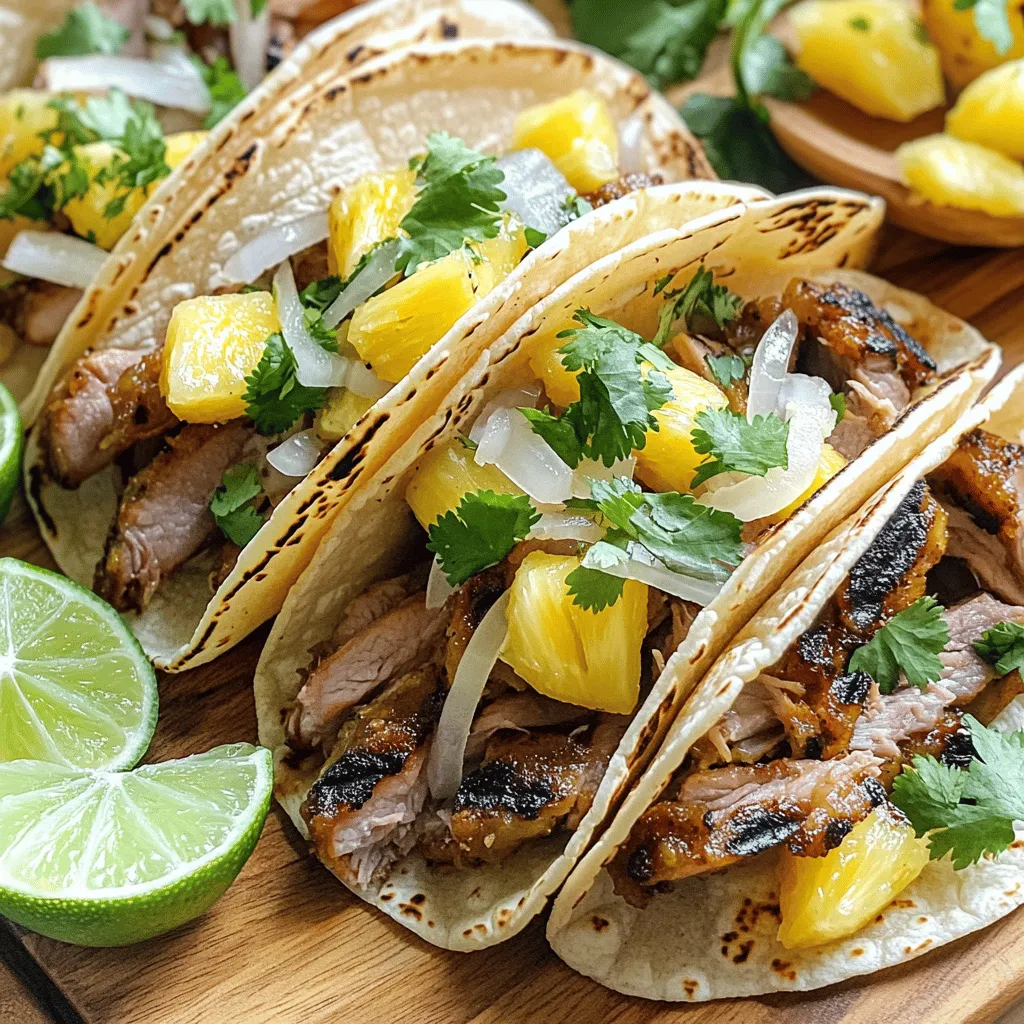 - 1 lb pork shoulder, thinly sliced - ½ cup pineapple juice - 2 tablespoons apple cider vinegar - 3 cloves garlic, minced - 1 tablespoon chili powder - 1 tablespoon ground cumin - 1 teaspoon smoked paprika - 1 teaspoon oregano - ½ teaspoon salt - ¼ teaspoon black pepper - 1 medium onion, diced - 1 cup fresh pineapple, diced - ½ cup fresh cilantro, chopped - 8 small corn tortillas - Lime wedges for serving Each ingredient brings its own magic to Tacos Al Pastor. The pork shoulder is the star. It becomes tender and juicy when grilled. Pineapple juice adds sweetness and a zing of acidity. This helps tenderize the meat too. The apple cider vinegar adds a tangy kick. Garlic gives a robust flavor, while spices like chili powder and cumin add depth. Smoked paprika adds a nice smokiness. Oregano brings an earthy note, and salt and pepper enhance all flavors. Fresh pineapple adds a burst of freshness. Onions and cilantro make the tacos bright and vibrant. When picking your ingredients, look for bright colors and good smells. Choose pork shoulder with a nice amount of marbling. This fat keeps the meat juicy. For pineapple, choose one that feels heavy for its size and smells sweet. Fresh herbs should be vibrant and green, not wilting. For tortillas, look for ones that are soft and pliable. If possible, buy corn tortillas from a local market. They taste better and add to the overall experience. For more details, check the Full Recipe. To make tacos al pastor, you start with a simple plan. First, gather all your ingredients. You will need pork, spices, and fresh veggies. The key steps are marinating, grilling, and assembling. 1. Begin by mixing the marinade. In a bowl, combine pineapple juice, vinegar, garlic, and spices. This mix gives the pork its unique flavor. 2. Next, add the pork shoulder slices. Make sure each piece is covered well in the marinade. Cover the bowl and chill it for at least two hours. Overnight works best for deeper flavor. The marinade is crucial for great taste. It not only adds flavor but also tenderizes the pork. Here’s how to cook the pork: 1. Heat your grill or skillet to medium-high. This ensures a nice sear. 2. Remove the pork from the marinade. Discard any leftover marinade. 3. Grill the pork slices for about 2-3 minutes on each side. Look for a nice char and ensure it’s cooked through. 4. While the pork grills, sauté diced onion in a pan. Cook until they turn soft and slightly brown. This adds a sweet touch to your tacos. Assembling tacos is where the fun begins! Here’s how to do it right: 1. Warm your corn tortillas on the grill or in a pan. This makes them soft and easy to fold. 2. Start by adding the grilled pork to each tortilla. Use a generous amount for a hearty taco. 3. Next, add the sautéed onion and diced fresh pineapple. These add great texture and flavor. 4. Top it off with chopped cilantro for freshness. 5. Don’t forget the lime wedges! A squeeze of lime adds a zesty finish. For the complete recipe, check out the Full Recipe. Enjoy your delicious tacos al pastor! To make your tacos al pastor shine, focus on the marinade. Use fresh ingredients for the best taste. The pineapple juice adds a sweet and tangy flavor that pairs great with pork. Letting the pork sit in the marinade overnight boosts its flavor. - Use fresh garlic, not jarred, for a stronger taste. - Add a bit of lime juice to the marinade for extra zing. - Grill the pork over high heat for a nice char. Many cooks rush the marinating process. Don’t skip this step; it’s key for flavor. Also, avoid overcooking the pork. It should be juicy, not dry. - Check the grill temperature; too hot can burn the meat. - Make sure to rest the pork before chopping. This keeps it tender. - Don’t skip the fresh toppings; they add freshness and crunch. You can prepare the pork a day in advance. Just marinate it and store it in the fridge. This allows the flavors to deepen. - Chop toppings like onion and cilantro earlier. Store them in airtight containers. - Warm the tortillas right before serving for best results. - You can even grill the pork ahead of time and reheat it when ready to serve. For the complete cooking process and ingredients, check the Full Recipe. {{image_2}} You can play with Tacos Al Pastor to make them your own. Try using chicken or beef instead of pork. Both meats soak up the marinade well. You can also add different spices to the mix. Think about using chipotle or adobo sauce for a smoky kick. Another fun idea is to swap the corn tortillas for flour ones. This adds a nice softness to each bite. Want to go meatless? Use jackfruit as a great substitute for pork. When cooked, it has a similar texture. Marinate it just like you would the pork. Use the same spices, pineapple juice, and vinegar. You can also try mushrooms or tofu for a tasty twist. Just make sure to get them nice and crispy when cooking. To make your meal complete, think about sides. Fresh guacamole and salsa go well with Tacos Al Pastor. You can also serve a simple salad with lime dressing. For a heartier option, try Mexican rice or black beans. These sides will make your tacos even more enjoyable. Add lime wedges for a zesty touch and you're set! For the full recipe, check out the details above. Storing your leftover tacos al pastor correctly keeps them fresh. Start by letting the tacos cool down. Once cool, place the pork, toppings, and tortillas in separate containers. This way, your tortillas won’t get soggy. Use airtight containers to keep out air and moisture. Label them with the date, so you know when you stored them. If you want to freeze your tacos al pastor, it’s easy! Freeze the pork and toppings separately. First, cool the pork completely. Then, put it in a freezer-safe bag. Squeeze out as much air as you can before sealing. For toppings, like cilantro and pineapple, chop them up and place them in small bags. This makes it easy to use just what you need later on. Leftover tacos al pastor can last in the fridge for about three days. After that, they may lose flavor and texture. If you freeze the pork, it can last for about three months. Always use your senses. If it smells off or looks strange, it’s best to toss it. Enjoy your delicious tacos al pastor later with confidence! For a full recipe, check the full recipe section above. Tacos Al Pastor come from Mexico. They are influenced by Lebanese shawarma. In the early 1900s, Lebanese immigrants brought this style of cooking to Mexico. They used pork instead of lamb. The meat is marinated with spices and pineapple. This gives it a sweet and savory taste. Today, tacos al pastor are a favorite street food in Mexico. Yes, you can change the meat! If you prefer beef, chicken, or turkey, you can use those. Each type of meat will change the flavor. Pork remains the classic choice due to its tenderness and taste. Just ensure you adjust cooking times for different meats. To spice up your tacos al pastor, add more chili powder. You can also mix in fresh chopped jalapeños or serrano peppers. Another option is to drizzle hot sauce over the tacos before serving. Spice is a great way to boost flavor. Adjust it based on your taste and enjoy! For a complete guide on making these tasty tacos, check out the Full Recipe. Tacos Al Pastor are delicious and fun to make. We explored the key ingredients and how they each add flavor. I shared step-by-step instructions to help you cook them perfectly. We also looked at tips and tricks to avoid common mistakes. Plus, I offered creative variations, storage tips, and answers to your questions. Now, you have all the tools to make amazing Tacos Al Pastor. Enjoy cooking and sharing these tasty treats with friends and family. Happy taco making!