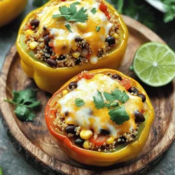 - 4 large bell peppers (any color) - 1 cup quinoa, rinsed - 2 cups vegetable broth - 1 cup black beans, drained and rinsed - 1 cup corn (frozen or canned) - 1 cup diced tomatoes (canned or fresh) - 1 teaspoon cumin - 1 teaspoon smoked paprika - 1 cup shredded cheddar cheese (plus extra for topping) - 1/2 cup chopped fresh cilantro - Salt and pepper to taste - Optional: 1 jalapeño, minced (for heat) Each serving has around 300 calories. It also provides about 10 grams of protein, 45 grams of carbohydrates, and 10 grams of fat. These numbers can vary based on your specific ingredients. If you need alternatives, you can swap quinoa for brown rice or couscous. For beans, use pinto or kidney beans. If you want a dairy-free option, try using vegan cheese instead of cheddar. Using these ingredients, you can create a tasty and satisfying meal that fits your needs. For the full recipe, check out the details above. First, preheat your oven to 375°F (190°C). This step is key for cooking the peppers evenly. Next, take your bell peppers and cut the tops off. Remove all the seeds and any white parts inside. This helps the peppers cook properly. Place the peppers upright in a baking dish. In a medium saucepan, combine 1 cup of rinsed quinoa with 2 cups of vegetable broth. Bring this mixture to a boil. Once it boils, reduce the heat to a simmer and cover the pot. Cook for about 15 minutes. The quinoa should be fluffy when done. Make sure all the liquid is absorbed before you take it off the heat. Grab a large mixing bowl. Here, combine the cooked quinoa, 1 cup of black beans, 1 cup of corn, and 1 cup of diced tomatoes. Add 1 teaspoon of cumin and 1 teaspoon of smoked paprika for flavor. Toss in half of your shredded cheddar cheese and 1/2 cup of chopped fresh cilantro. Season the mix with salt and pepper to taste. If you enjoy a kick, add minced jalapeño. Now, stuff each bell pepper with your quinoa mixture. Press down gently to pack it in tightly. Once filled, sprinkle the remaining cheddar cheese on top of each pepper. Cover your baking dish with foil and bake for 25 minutes. After that, remove the foil and bake for another 10 to 15 minutes. The peppers should be tender, and the cheese should be melted and bubbly. Let them cool slightly before serving. For the full recipe, check out the details included above. Enjoy your delicious cheesy stuffed bell peppers! When selecting bell peppers, look for firm and smooth skin. Choose peppers that feel heavy for their size. Avoid any with soft spots or wrinkles. Color matters too; vibrant peppers often taste better. I love using a mix of colors for a fun dish. To ensure your peppers are tender, cook them longer if needed. Baking them covered helps steam the peppers. When you add cheese, use a good melting type like cheddar or Monterey Jack. For the best melt, add cheese at the end of baking. One common mistake is overcooking the quinoa. Follow the cooking time carefully for the right texture. Don't skip seasoning; it brings out the flavor. Also, be careful when stuffing; pack it gently but not too tight. This helps the peppers cook evenly. {{image_2}} You can add ground beef, turkey, or chicken to your stuffed peppers. Just cook the meat first in a pan. Then mix it with the quinoa and veggies. This gives your peppers a hearty taste. You can use a pound of meat for four peppers. It makes them filling and tasty. For a vegetarian or vegan meal, skip the meat. You can add more beans or veggies instead. Try mushrooms, zucchini, or spinach for great flavor. You can also use vegan cheese to keep it dairy-free. This way, everyone can enjoy these stuffed peppers. Spices can make your dish pop! Try adding chili powder, garlic powder, or onion powder. They give your peppers a nice kick. You can also drizzle hot sauce over the top before serving. For a sweet touch, mix in a bit of salsa or barbecue sauce. These small changes can take your peppers to the next level. For the full recipe, check out the complete guide. Store your cheesy stuffed bell peppers in an airtight container. This keeps them fresh. If you have extra peppers, let them cool first. Then, wrap them tightly in plastic wrap before placing them in the container. For long-term storage, freeze them. Use freezer-safe bags or containers. Be sure to label them with the date to keep track. To reheat your peppers, use the oven for the best results. Preheat the oven to 350°F (175°C). Place the peppers in a baking dish and cover with foil. Heat for about 20 minutes. This method keeps the cheese melty and the pepper tender. You can also use the microwave. Heat on medium power for about 2 to 3 minutes. Check to ensure they are hot throughout. In the fridge, your cheesy stuffed bell peppers last for about 3 to 4 days. If you freeze them, they can last up to 3 months. Make sure they are well-wrapped to prevent freezer burn. When you are ready to eat them, just follow the reheating instructions. Enjoy your tasty meal again! Yes, you can prepare Cheesy Stuffed Bell Peppers in advance. You can stuff the peppers and store them in the fridge for up to 24 hours. Just cover them tightly with plastic wrap or foil. If you want to make them even sooner, you can freeze the stuffed peppers. Wrap them well before freezing. When you are ready to cook, thaw them in the fridge overnight. Bake them straight from the fridge or freezer. Adjust the cooking time if they are cold. Stuffed peppers can be quite healthy. They include many good ingredients. Bell peppers are rich in vitamins A and C. Quinoa adds protein and fiber. Black beans also boost protein and fiber. Corn offers vitamins and minerals. With these ingredients, you get a filling meal that is good for you. Plus, you can control what goes into your dish, making it easy to keep it healthy. You can serve many tasty sides with stuffed peppers. A fresh salad pairs well. Try a simple green salad or a tomato salad. Rice or quinoa makes a great side too. You can also add some crusty bread to soak up flavors. For a fun twist, serve tortilla chips and salsa. These sides will round out your meal nicely. Yes, grilling stuffed peppers is a great option! Just cut the tops off and remove seeds as you would for baking. Brush the outside with oil to prevent sticking. Wrap each pepper in foil or place them in a grill basket. Grill them over medium heat for about 15-20 minutes. This method adds a nice smoky flavor. Keep an eye on them to ensure they don’t burn. Enjoy the unique taste grilling brings to your stuffed peppers! In this post, we explored how to make cheesy stuffed bell peppers. We covered the key ingredients, step-by-step instructions, and essential tips for perfect results. Remember, you can adapt the recipe for your diet and personalize the flavors. With mindful storage and reheating, you can enjoy this dish longer. I hope these ideas inspire you to try this fun meal. Happy cooking!