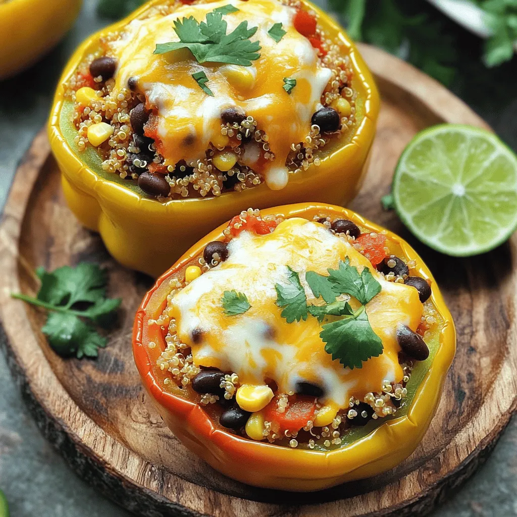 - 4 large bell peppers (any color) - 1 cup quinoa, rinsed - 2 cups vegetable broth - 1 cup black beans, drained and rinsed - 1 cup corn (frozen or canned) - 1 cup diced tomatoes (canned or fresh) - 1 teaspoon cumin - 1 teaspoon smoked paprika - 1 cup shredded cheddar cheese (plus extra for topping) - 1/2 cup chopped fresh cilantro - Salt and pepper to taste - Optional: 1 jalapeño, minced (for heat) Each serving has around 300 calories. It also provides about 10 grams of protein, 45 grams of carbohydrates, and 10 grams of fat. These numbers can vary based on your specific ingredients. If you need alternatives, you can swap quinoa for brown rice or couscous. For beans, use pinto or kidney beans. If you want a dairy-free option, try using vegan cheese instead of cheddar. Using these ingredients, you can create a tasty and satisfying meal that fits your needs. For the full recipe, check out the details above. First, preheat your oven to 375°F (190°C). This step is key for cooking the peppers evenly. Next, take your bell peppers and cut the tops off. Remove all the seeds and any white parts inside. This helps the peppers cook properly. Place the peppers upright in a baking dish. In a medium saucepan, combine 1 cup of rinsed quinoa with 2 cups of vegetable broth. Bring this mixture to a boil. Once it boils, reduce the heat to a simmer and cover the pot. Cook for about 15 minutes. The quinoa should be fluffy when done. Make sure all the liquid is absorbed before you take it off the heat. Grab a large mixing bowl. Here, combine the cooked quinoa, 1 cup of black beans, 1 cup of corn, and 1 cup of diced tomatoes. Add 1 teaspoon of cumin and 1 teaspoon of smoked paprika for flavor. Toss in half of your shredded cheddar cheese and 1/2 cup of chopped fresh cilantro. Season the mix with salt and pepper to taste. If you enjoy a kick, add minced jalapeño. Now, stuff each bell pepper with your quinoa mixture. Press down gently to pack it in tightly. Once filled, sprinkle the remaining cheddar cheese on top of each pepper. Cover your baking dish with foil and bake for 25 minutes. After that, remove the foil and bake for another 10 to 15 minutes. The peppers should be tender, and the cheese should be melted and bubbly. Let them cool slightly before serving. For the full recipe, check out the details included above. Enjoy your delicious cheesy stuffed bell peppers! When selecting bell peppers, look for firm and smooth skin. Choose peppers that feel heavy for their size. Avoid any with soft spots or wrinkles. Color matters too; vibrant peppers often taste better. I love using a mix of colors for a fun dish. To ensure your peppers are tender, cook them longer if needed. Baking them covered helps steam the peppers. When you add cheese, use a good melting type like cheddar or Monterey Jack. For the best melt, add cheese at the end of baking. One common mistake is overcooking the quinoa. Follow the cooking time carefully for the right texture. Don't skip seasoning; it brings out the flavor. Also, be careful when stuffing; pack it gently but not too tight. This helps the peppers cook evenly. {{image_2}} You can add ground beef, turkey, or chicken to your stuffed peppers. Just cook the meat first in a pan. Then mix it with the quinoa and veggies. This gives your peppers a hearty taste. You can use a pound of meat for four peppers. It makes them filling and tasty. For a vegetarian or vegan meal, skip the meat. You can add more beans or veggies instead. Try mushrooms, zucchini, or spinach for great flavor. You can also use vegan cheese to keep it dairy-free. This way, everyone can enjoy these stuffed peppers. Spices can make your dish pop! Try adding chili powder, garlic powder, or onion powder. They give your peppers a nice kick. You can also drizzle hot sauce over the top before serving. For a sweet touch, mix in a bit of salsa or barbecue sauce. These small changes can take your peppers to the next level. For the full recipe, check out the complete guide. Store your cheesy stuffed bell peppers in an airtight container. This keeps them fresh. If you have extra peppers, let them cool first. Then, wrap them tightly in plastic wrap before placing them in the container. For long-term storage, freeze them. Use freezer-safe bags or containers. Be sure to label them with the date to keep track. To reheat your peppers, use the oven for the best results. Preheat the oven to 350°F (175°C). Place the peppers in a baking dish and cover with foil. Heat for about 20 minutes. This method keeps the cheese melty and the pepper tender. You can also use the microwave. Heat on medium power for about 2 to 3 minutes. Check to ensure they are hot throughout. In the fridge, your cheesy stuffed bell peppers last for about 3 to 4 days. If you freeze them, they can last up to 3 months. Make sure they are well-wrapped to prevent freezer burn. When you are ready to eat them, just follow the reheating instructions. Enjoy your tasty meal again! Yes, you can prepare Cheesy Stuffed Bell Peppers in advance. You can stuff the peppers and store them in the fridge for up to 24 hours. Just cover them tightly with plastic wrap or foil. If you want to make them even sooner, you can freeze the stuffed peppers. Wrap them well before freezing. When you are ready to cook, thaw them in the fridge overnight. Bake them straight from the fridge or freezer. Adjust the cooking time if they are cold. Stuffed peppers can be quite healthy. They include many good ingredients. Bell peppers are rich in vitamins A and C. Quinoa adds protein and fiber. Black beans also boost protein and fiber. Corn offers vitamins and minerals. With these ingredients, you get a filling meal that is good for you. Plus, you can control what goes into your dish, making it easy to keep it healthy. You can serve many tasty sides with stuffed peppers. A fresh salad pairs well. Try a simple green salad or a tomato salad. Rice or quinoa makes a great side too. You can also add some crusty bread to soak up flavors. For a fun twist, serve tortilla chips and salsa. These sides will round out your meal nicely. Yes, grilling stuffed peppers is a great option! Just cut the tops off and remove seeds as you would for baking. Brush the outside with oil to prevent sticking. Wrap each pepper in foil or place them in a grill basket. Grill them over medium heat for about 15-20 minutes. This method adds a nice smoky flavor. Keep an eye on them to ensure they don’t burn. Enjoy the unique taste grilling brings to your stuffed peppers! In this post, we explored how to make cheesy stuffed bell peppers. We covered the key ingredients, step-by-step instructions, and essential tips for perfect results. Remember, you can adapt the recipe for your diet and personalize the flavors. With mindful storage and reheating, you can enjoy this dish longer. I hope these ideas inspire you to try this fun meal. Happy cooking!