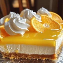 - 1.5 cups graham cracker crumbs - 1/2 cup unsalted butter, melted - 2 cups cream cheese, softened - 1 cup powdered sugar - 1 cup heavy whipping cream - 1/2 cup orange juice (freshly squeezed if possible) - Zest of 1 orange - 1 teaspoon vanilla extract - Pinch of salt - Orange slices and whipped cream for garnish To make this no-bake orange creamsicle cheesecake, you need simple and fresh ingredients. Start with graham cracker crumbs for the crust. The melted butter will help bind the crumbs together. Next, cream cheese is key for a smooth and creamy filling. Use softened cream cheese for the best texture. Powdered sugar adds sweetness, while heavy whipping cream gives it a light and fluffy feel. The orange juice and zest create that delicious orange flavor we love. Make sure to use fresh orange juice if you can. It makes a big difference! Vanilla extract adds more depth to the taste, and a pinch of salt balances it all out. For the finishing touch, we garnish with orange slices and whipped cream. This adds a pop of color and flavor. With these ingredients, you’re ready to create a delightful dessert that is not only easy to make but also a hit at any gathering. For the complete recipe, check out the [Full Recipe]. - Combine 1.5 cups of graham cracker crumbs and 1/2 cup of melted unsalted butter in a bowl. - Mix until the crumbs are well coated with butter. - Press the crust mixture evenly into the bottom of a springform pan. - Chill the crust in the refrigerator for 15 minutes. - In a large bowl, beat 2 cups of softened cream cheese and 1 cup of powdered sugar until smooth. - Add 1/2 cup of orange juice, the zest of 1 orange, 1 teaspoon of vanilla extract, and a pinch of salt. Mix until well combined. - In a separate bowl, whip 1 cup of heavy cream until stiff peaks form. - Gently fold the whipped cream into the cheesecake filling until mixed. - Pour the cheesecake filling into the chilled crust and smooth the top with a spatula. - Cover and refrigerate for at least 4 hours, or overnight for best results. This no-bake orange creamsicle cheesecake will impress everyone at your table. For the full recipe, you can refer to the earlier section. To get the best texture, start with room temperature cream cheese. Cold cream cheese will make lumps in your filling. It’s also important to avoid overmixing. Mix just until smooth. Overmixing can add too much air, making the cheesecake too fluffy. For a beautiful look, garnish your cheesecake with fresh orange slices and a dollop of whipped cream. These toppings not only add color but also enhance the flavor. You can also sprinkle a bit of extra orange zest on top for a bright touch. Chocolate shavings or crushed nuts can also be fun additions. If your cheesecake is too soft, it may need more time in the fridge. Try leaving it overnight to set properly. To slice the cheesecake cleanly, use a hot knife. Dip the knife in hot water, then wipe it dry before cutting. This helps create smooth edges for each slice. {{image_2}} You can play with flavors in this recipe. Try using lemon or lime juice instead of orange juice. This gives a bright twist. You can also add some zest from these fruits for extra taste. Want a chocolate touch? Add chocolate chips on top or mix cocoa into the filling. Fresh berries like strawberries or blueberries also work well. They add color and a fruity kick. If you want a different base, consider an Oreo crust. Just crush Oreos and mix with melted butter. You can also use almond flour for a low-carb option. For a gluten-free crust, almond flour does the job nicely. Just mix it with some melted butter, and press it into the pan. This cheesecake pairs well with drinks. Serve it with iced tea or a refreshing lemon soda. For side dishes, consider a light salad with citrus dressing. This balances the sweetness of the cheesecake. Perfect occasions to serve this dessert include birthday parties or summer picnics. It delights everyone and adds a fun touch to any event. For the complete recipe, check out the Full Recipe section. To keep your No-Bake Orange Creamsicle Cheesecake fresh, store leftovers in the refrigerator. Place it in an airtight container or cover it tightly with plastic wrap. This prevents air from drying it out. If you want to freeze the cheesecake, slice it first. Wrap each slice in plastic wrap and then in aluminum foil. This method keeps the cheesecake safe and delicious for later. Your cheesecake will last about 4 to 5 days in the fridge. After that, it may start to lose flavor and texture. Signs that indicate the cheesecake has spoiled include a sour smell or mold growth. If you notice any of these signs, it’s best to discard the cheesecake. Always trust your senses and err on the side of caution. For the full recipe, check the detailed instructions in the previous sections. Yes, you can use store-bought crust for this recipe. It saves time and effort. A pre-made crust is great if you want a quick dessert. Just make sure it fits your pan size. Homemade crust provides a fresh taste. It allows you to control sweetness and texture. If you have time, I recommend making it yourself for the best flavor. To check if your cheesecake is set, gently shake the pan. If the center jiggles slightly, it's ready. It should feel firm but not hard. You can also insert a toothpick into the filling. If it comes out clean, it’s done. A properly set cheesecake needs time in the fridge. Chill for at least four hours or overnight for best results. Yes, you can use other cheeses if you want. Mascarpone adds a rich flavor but is softer. Ricotta works too, but it may change the texture. Goat cheese gives a tangy taste but can be strong. Remember to blend well for smoothness. Each cheese brings a unique taste to your cheesecake. Experiment to find your favorite combination. For the best results, stick to cream cheese as the base. In this post, I shared how to make a delicious orange cheesecake. You learned about the key ingredients, the steps for the crust and filling, and tips for a perfect texture. I also covered storage methods and answers to common questions. Remember, the right ingredients make a great dessert. Feel free to explore the variations and get creative with flavors and toppings. Enjoy every bite of your cheesecake masterpiece!
