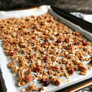 - 2 cups rolled oats - 1 cup pecans, roughly chopped - 1/2 cup maple syrup - 1/4 cup coconut oil, melted - 1/2 teaspoon vanilla extract - 1/2 teaspoon cinnamon - 1/4 teaspoon salt - 1/2 cup shredded coconut (optional) - 1/2 cup dried cranberries or raisins (optional) These ingredients come together to create a crunchy and tasty granola. Rolled oats form the base. Pecans add a nice crunch and flavor. Maple syrup gives it sweetness, while coconut oil binds it all. Vanilla extract adds depth. Cinnamon brings warmth, and salt enhances all the flavors. This granola is not just tasty; it’s also good for you. Rolled oats provide fiber and energy. Pecans are rich in healthy fats and protein. Maple syrup offers antioxidants and is lower on the glycemic index than regular sugar. Coconut oil can support heart health. Overall, this mix helps keep you full and satisfied. Feel free to make this recipe your own! You can add shredded coconut for a tropical twist. Dried cranberries or raisins give extra sweetness and chew. Want more protein? Toss in some seeds like pumpkin or sunflower. You can even use different nuts if you like. Customize your granola to fit your taste! For the full recipe, check the earlier section. Start by preheating your oven to 300°F (150°C). This low temperature ensures even cooking. Next, line a large baking sheet with parchment paper. This step helps prevent sticking and makes cleanup easy. In a big mixing bowl, add 2 cups of rolled oats and 1 cup of chopped pecans. If you like coconut, you can add 1/2 cup of shredded coconut. Then, sprinkle in 1/2 teaspoon of cinnamon and 1/4 teaspoon of salt. Mix everything well. This blend creates a tasty base for your granola. In a different bowl, whisk together 1/2 cup of maple syrup, 1/4 cup of melted coconut oil, and 1/2 teaspoon of vanilla extract. Mix until smooth. Pour this wet mixture over the dry ingredients. Stir gently until all the dry bits are coated. This helps the granola clump together. Spread the granola mixture evenly on your lined baking sheet. Press it down gently to make a flat layer. Bake for 25-30 minutes. Stir halfway through to ensure even browning. Look for a golden color and a nice smell. Remove it from the oven and let it cool completely. It will become crunchy as it cools. For added texture, mix in dried cranberries or raisins after it cools. Store your delicious granola in an airtight container. Enjoy your crunchy maple pecan granola! For the full recipe, check out the provided details. To make your granola crunchy, use rolled oats instead of quick oats. Rolled oats hold their shape better during baking. Use enough liquid to coat the oats, but not too much. Coconut oil helps create a crisp texture. Spread the granola evenly on the baking sheet. Press it down slightly before baking. Stir halfway through baking to ensure even browning. Bake until golden brown, then cool completely. Cooling helps the granola harden. Store your granola in an airtight container. This keeps moisture out and preserves crunchiness. A glass jar or a plastic container with a tight lid works well. Place the granola in a cool, dark spot, like a pantry. Avoid direct sunlight, as it can make it stale. For the best taste, use it within two weeks. If it starts to lose crunch, you can toast it in the oven briefly. You can easily customize your granola. Try adding spices like nutmeg or ginger for warmth. Mix in seeds, like pumpkin or sunflower, for extra crunch. Dried fruits, like apricots or apples, add sweetness. For a chocolate twist, add dark chocolate chips after baking. Experiment with flavors to find your favorite mix. The Full Recipe gives you a solid base to start from. Enjoy the process of creating your unique blend! {{image_2}} You can make a nut-free granola. Just skip the pecans. Use seeds like sunflower or pumpkin seeds instead. They add a nice crunch and flavor. This swap keeps the granola tasty and safe for those with nut allergies. If you love chocolate, add some chocolate chips. Stir in the chips right after baking. This gives a sweet twist to the granola. Use dark, milk, or even white chocolate chips. They melt slightly, making every bite delightful. You can swap maple syrup for other sweeteners. Honey or agave syrup works well too. If you want a low-sugar option, try using mashed bananas or applesauce. Both will add natural sweetness and moisture to your granola. Adjust the amount based on your taste. For the full recipe, check out the Crunchy Maple Pecan Granola section. To keep your maple pecan granola fresh, use an airtight container. Glass jars work well. Store it in a cool, dry place. Avoid areas that get warm, like above the stove. Granola can lose its crunch if exposed to moisture. When stored properly, your maple pecan granola lasts up to two weeks. After that, it may lose its flavor and crunch. If you notice any odd smells or changes in texture, it’s best to toss it. Always check before enjoying! You can freeze maple pecan granola for longer storage. Place it in a freezer-safe bag or container. It can last up to three months in the freezer. When you want some, just take out what you need. Let it sit at room temperature for about 30 minutes to thaw. This helps it regain its crunchy texture. Enjoy it again, just like fresh! For the complete recipe, check out the Full Recipe. You can serve maple pecan granola in many fun ways. A great option is to enjoy it with yogurt. Just layer the yogurt and granola in a bowl. Add some fresh fruit on top for sweetness. You can also eat it with milk for a crunchy breakfast. For a snack, grab a handful straight from the jar. Yes, you can make this granola vegan easily. Use maple syrup as your sweetener, which is plant-based. For the fat, switch coconut oil with any vegetable oil you like. All the other ingredients are naturally vegan too. So, don't worry; it will still taste great without any animal products. You will know the granola is done when it turns golden brown. It should also smell sweet and nutty. Keep an eye on it while baking. Stir halfway through to help it bake evenly. If it looks golden and smells amazing, it’s ready to come out! You can find all the ingredients at your local grocery store. Look for rolled oats in the cereal aisle. Pecans are usually in the nut section. Maple syrup, coconut oil, and spices are also easy to find. You can also order ingredients online if you prefer shopping from home. Absolutely! You can switch out pecans for any nuts you like. Almonds, walnuts, or cashews work well too. Just chop them roughly, like the pecans. This will add different flavors and textures. Feel free to experiment and find your favorite nut mix! For the full recipe, check out the details provided. This blog post covers everything you need for making maple pecan granola. We explored key ingredients and their nutritional benefits. The step-by-step instructions guide you through each part of the process. Tips and tricks help you achieve that perfect crunch, while variations let you customize to your taste. Finally, we discussed best practices for storage to keep it fresh. With these insights, you can create a delicious, healthy snack that fits your needs. Dive in and enjoy your homemade granola!