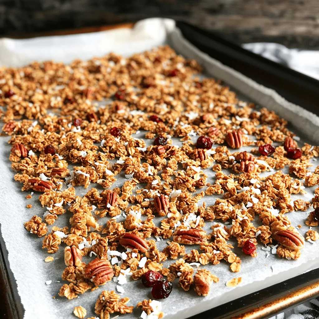 - 2 cups rolled oats - 1 cup pecans, roughly chopped - 1/2 cup maple syrup - 1/4 cup coconut oil, melted - 1/2 teaspoon vanilla extract - 1/2 teaspoon cinnamon - 1/4 teaspoon salt - 1/2 cup shredded coconut (optional) - 1/2 cup dried cranberries or raisins (optional) These ingredients come together to create a crunchy and tasty granola. Rolled oats form the base. Pecans add a nice crunch and flavor. Maple syrup gives it sweetness, while coconut oil binds it all. Vanilla extract adds depth. Cinnamon brings warmth, and salt enhances all the flavors. This granola is not just tasty; it’s also good for you. Rolled oats provide fiber and energy. Pecans are rich in healthy fats and protein. Maple syrup offers antioxidants and is lower on the glycemic index than regular sugar. Coconut oil can support heart health. Overall, this mix helps keep you full and satisfied. Feel free to make this recipe your own! You can add shredded coconut for a tropical twist. Dried cranberries or raisins give extra sweetness and chew. Want more protein? Toss in some seeds like pumpkin or sunflower. You can even use different nuts if you like. Customize your granola to fit your taste! For the full recipe, check the earlier section. Start by preheating your oven to 300°F (150°C). This low temperature ensures even cooking. Next, line a large baking sheet with parchment paper. This step helps prevent sticking and makes cleanup easy. In a big mixing bowl, add 2 cups of rolled oats and 1 cup of chopped pecans. If you like coconut, you can add 1/2 cup of shredded coconut. Then, sprinkle in 1/2 teaspoon of cinnamon and 1/4 teaspoon of salt. Mix everything well. This blend creates a tasty base for your granola. In a different bowl, whisk together 1/2 cup of maple syrup, 1/4 cup of melted coconut oil, and 1/2 teaspoon of vanilla extract. Mix until smooth. Pour this wet mixture over the dry ingredients. Stir gently until all the dry bits are coated. This helps the granola clump together. Spread the granola mixture evenly on your lined baking sheet. Press it down gently to make a flat layer. Bake for 25-30 minutes. Stir halfway through to ensure even browning. Look for a golden color and a nice smell. Remove it from the oven and let it cool completely. It will become crunchy as it cools. For added texture, mix in dried cranberries or raisins after it cools. Store your delicious granola in an airtight container. Enjoy your crunchy maple pecan granola! For the full recipe, check out the provided details. To make your granola crunchy, use rolled oats instead of quick oats. Rolled oats hold their shape better during baking. Use enough liquid to coat the oats, but not too much. Coconut oil helps create a crisp texture. Spread the granola evenly on the baking sheet. Press it down slightly before baking. Stir halfway through baking to ensure even browning. Bake until golden brown, then cool completely. Cooling helps the granola harden. Store your granola in an airtight container. This keeps moisture out and preserves crunchiness. A glass jar or a plastic container with a tight lid works well. Place the granola in a cool, dark spot, like a pantry. Avoid direct sunlight, as it can make it stale. For the best taste, use it within two weeks. If it starts to lose crunch, you can toast it in the oven briefly. You can easily customize your granola. Try adding spices like nutmeg or ginger for warmth. Mix in seeds, like pumpkin or sunflower, for extra crunch. Dried fruits, like apricots or apples, add sweetness. For a chocolate twist, add dark chocolate chips after baking. Experiment with flavors to find your favorite mix. The Full Recipe gives you a solid base to start from. Enjoy the process of creating your unique blend! {{image_2}} You can make a nut-free granola. Just skip the pecans. Use seeds like sunflower or pumpkin seeds instead. They add a nice crunch and flavor. This swap keeps the granola tasty and safe for those with nut allergies. If you love chocolate, add some chocolate chips. Stir in the chips right after baking. This gives a sweet twist to the granola. Use dark, milk, or even white chocolate chips. They melt slightly, making every bite delightful. You can swap maple syrup for other sweeteners. Honey or agave syrup works well too. If you want a low-sugar option, try using mashed bananas or applesauce. Both will add natural sweetness and moisture to your granola. Adjust the amount based on your taste. For the full recipe, check out the Crunchy Maple Pecan Granola section. To keep your maple pecan granola fresh, use an airtight container. Glass jars work well. Store it in a cool, dry place. Avoid areas that get warm, like above the stove. Granola can lose its crunch if exposed to moisture. When stored properly, your maple pecan granola lasts up to two weeks. After that, it may lose its flavor and crunch. If you notice any odd smells or changes in texture, it’s best to toss it. Always check before enjoying! You can freeze maple pecan granola for longer storage. Place it in a freezer-safe bag or container. It can last up to three months in the freezer. When you want some, just take out what you need. Let it sit at room temperature for about 30 minutes to thaw. This helps it regain its crunchy texture. Enjoy it again, just like fresh! For the complete recipe, check out the Full Recipe. You can serve maple pecan granola in many fun ways. A great option is to enjoy it with yogurt. Just layer the yogurt and granola in a bowl. Add some fresh fruit on top for sweetness. You can also eat it with milk for a crunchy breakfast. For a snack, grab a handful straight from the jar. Yes, you can make this granola vegan easily. Use maple syrup as your sweetener, which is plant-based. For the fat, switch coconut oil with any vegetable oil you like. All the other ingredients are naturally vegan too. So, don't worry; it will still taste great without any animal products. You will know the granola is done when it turns golden brown. It should also smell sweet and nutty. Keep an eye on it while baking. Stir halfway through to help it bake evenly. If it looks golden and smells amazing, it’s ready to come out! You can find all the ingredients at your local grocery store. Look for rolled oats in the cereal aisle. Pecans are usually in the nut section. Maple syrup, coconut oil, and spices are also easy to find. You can also order ingredients online if you prefer shopping from home. Absolutely! You can switch out pecans for any nuts you like. Almonds, walnuts, or cashews work well too. Just chop them roughly, like the pecans. This will add different flavors and textures. Feel free to experiment and find your favorite nut mix! For the full recipe, check out the details provided. This blog post covers everything you need for making maple pecan granola. We explored key ingredients and their nutritional benefits. The step-by-step instructions guide you through each part of the process. Tips and tricks help you achieve that perfect crunch, while variations let you customize to your taste. Finally, we discussed best practices for storage to keep it fresh. With these insights, you can create a delicious, healthy snack that fits your needs. Dive in and enjoy your homemade granola!