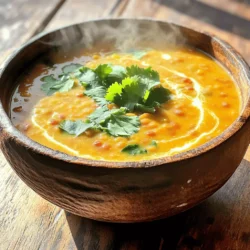 - 1 cup red lentils, rinsed - 1 can (13.5 oz) coconut milk - 4 cups vegetable broth - 1 medium onion, diced - 2 cloves garlic, minced - 1 inch fresh ginger, grated - 2 tablespoons red curry paste - 1 teaspoon turmeric powder - 1 teaspoon cumin powder - 1 cup diced tomatoes (fresh or canned) - 1 cup spinach, chopped - 2 tablespoons olive oil - Salt and pepper to taste - Fresh cilantro, for garnish To make Coconut Curry Lentil Soup, you need fresh, quality ingredients. I love using red lentils for their quick cooking time. They soften nicely and soak up flavors well. Coconut milk adds a rich creaminess. It balances the spices and makes the soup smooth. Vegetable broth is key. It gives depth to your soup. For the base, I use onion, garlic, and ginger. They add warmth and a fragrant aroma to the dish. The spices, like red curry paste, turmeric, and cumin, bring a world of flavor. - Fresh vegetables for added nutrition - Protein add-ins like chicken or tofu You can boost nutrition by adding fresh veggies. Think carrots, bell peppers, or kale. They add color and crunch. If you want extra protein, chicken or tofu works well. Tofu is a great plant-based choice. You can add it early in the cooking process. This way, it soaks up all the tasty flavors. For more details, check the Full Recipe. 1. Start by heating olive oil in a large pot over medium heat. 2. Add the diced onion and sauté for about 5 minutes, until it turns soft and clear. 3. Next, stir in the minced garlic and grated ginger. Cook for about 2 minutes until the smell is fragrant. 4. Now, add the red curry paste, turmeric, and cumin powder. Mix well to coat the onion and garlic with the spices. 1. Pour in the diced tomatoes and cook for about 3 minutes. This helps the flavors mix nicely. 2. Add the rinsed lentils and vegetable broth. Bring the mixture to a gentle boil. 3. Once boiling, lower the heat and let it simmer uncovered for about 20 minutes. The lentils should be tender. 4. Stir in the coconut milk and chopped spinach. Heat this through for about 5 more minutes. 1. Taste the soup and season with salt and pepper as you like. 2. Serve hot and garnish with fresh cilantro on top. 3. Pair it with crusty bread or rice for a complete meal. This recipe is easy and delicious. For the full details, check out the Full Recipe. Enjoy your cooking! To get the texture just right, you may need to adjust the liquid. If your soup feels too thick, add more vegetable broth or coconut milk. A little splash can make a big difference. If it’s too thin, let it simmer a bit longer. This will help it thicken up nicely. When it comes to spices, tasting as you cook is key. Start with the suggested amounts but feel free to add more. If you like heat, consider more red curry paste or a pinch of chili powder. If you want a milder flavor, add a bit more coconut milk. You can also try adding a squeeze of lime juice for a fresh twist at the end. Meal prepping can make cooking easier. You can wash and chop your vegetables ahead of time. Store them in the fridge to save time on cooking day. Rinsing lentils and storing them in a sealed bag can also help. If you have leftovers, store them in airtight containers. This soup keeps well in the fridge for about three days. You can also freeze it for up to a month. Just make sure to leave some space in the container for expansion. A good pot is essential for this recipe. I recommend using a heavy-bottomed pot. It helps distribute heat evenly, so your soup cooks well. A wooden spoon is great for stirring, as it won’t scratch your pot. You might also want a sharp knife for chopping. A cutting board is key for safety and ease. Finally, a measuring cup will help you get the right amounts of liquids. Having these tools ready will make your cooking experience smoother. For the full recipe, check out Coconut Curry Lentil Soup! {{image_2}} You can change the lentils or beans in this soup. Try green or brown lentils for a different texture. Black beans or chickpeas can also work well. If you want a dairy-free or vegan option, coconut milk is perfect. You can skip the cheese and use nutritional yeast for a cheesy flavor. Adding different spices or herbs can boost the soup's taste. You might try coriander or cardamom for a new twist. Fresh herbs like basil or mint add brightness too. If you like heat, adjust the chili levels. Add fresh chili for a kick or use cayenne pepper for warmth. Coconut curry has roots in many cuisines. Thai and Indian flavors shine in this dish. You can add a touch of lemongrass for a Thai vibe. Fusion ideas can be fun too! Try adding Mexican spices like cumin and paprika for a unique blend. Each change gives the soup a new personality. Check out the Full Recipe for more inspiration! You can store Coconut Curry Lentil Soup in the fridge for up to five days. Make sure to let it cool before you put it in a container. Use an airtight container to keep the soup fresh. This helps keep the flavors intact. If you want to freeze the soup, it works well! Use freezer-safe containers or bags. Fill them about three-quarters full to leave space for expansion. Coconut curry soup can last up to three months in the freezer. Thaw it overnight in the fridge before reheating. To reheat without losing flavor, use a pot on low to medium heat. Stir it often to prevent sticking. If the soup seems thick, add a splash of vegetable broth or water. This keeps it creamy and delicious. Avoid microwaving, as it can change the texture. For best results, serve it hot and fresh! For the full recipe, check out the Full Recipe section. Yes, you can make this soup ahead of time. It keeps well in the fridge for about three days. Just store it in an airtight container. When you want to enjoy it, heat it on the stove or in the microwave. The flavors will deepen, making it even tastier. This soup pairs well with several sides. You can serve it with warm naan or rice. A fresh salad also adds a nice crunch. For a complete meal, add a protein like grilled chicken or tofu. These sides enhance the soup's rich flavors. Yes, this recipe is gluten-free. It uses lentils and coconut milk, which are naturally gluten-free. Just make sure to check the vegetable broth label. Some brands may add gluten, so it's best to choose a certified gluten-free broth. To add more heat, include extra red curry paste. You can also add fresh chilies or red pepper flakes. Start with a small amount, then taste as you go. This way, you can find the perfect spice level for your taste. Yes, a slow cooker works well for this soup. Start by sautéing the onion, garlic, and ginger in a pan. Then, add all the other ingredients to the slow cooker. Cook on low for 6-8 hours or on high for 3-4 hours. This method makes the soup rich and flavorful. For the full recipe, check the cooking instructions above. In this blog post, we explored the key ingredients for Coconut Curry Lentil Soup, including red lentils, coconut milk, and spices. I shared step-by-step instructions for preparation and cooking, along with tips to enhance taste and save time. We also discussed variations and storage tips for maximizing freshness. Coconut Curry Lentil Soup is easy to make and easy to adapt. Enjoy experimenting with flavors and ingredients that suit your taste. This soup is a warm, filling dish perfect for any occasion.