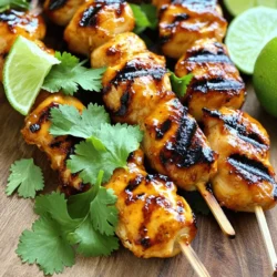 - 1 pound boneless, skinless chicken thighs, cut into 1-inch cubes - 1/4 cup coconut milk - 2 tablespoons soy sauce - 2 tablespoons honey - 1 tablespoon sriracha sauce (adjust to taste) - 1 tablespoon fish sauce - 1 teaspoon grated fresh ginger - 2 garlic cloves, minced - 1 teaspoon lime juice - Wooden or metal skewers To create the perfect sweet and spicy Thai chicken skewers, you start with chicken thighs. They have more flavor than chicken breast. Next, you mix the marinade. The coconut milk makes it rich. Soy sauce adds saltiness, while honey gives a sweet touch. Sriracha adds heat, and fish sauce deepens the flavor. Fresh ginger and garlic bring a zesty kick. Finally, lime juice brightens it all up. - Fresh cilantro leaves, for garnish - Lime wedges, for serving Garnishes make your dish pop! Fresh cilantro adds color and freshness. Lime wedges offer a zesty squeeze. They brighten the skewers and enhance the flavors. Enjoy these garnishes; they take your dish to the next level. For the full recipe, check the details above. To start, I whisk together the marinade. In a large bowl, combine coconut milk, soy sauce, honey, sriracha, fish sauce, ginger, garlic, and lime juice. Mix well until smooth. This mix gives the chicken a sweet and spicy flavor. If you use wooden skewers, soak them in water for 30 minutes. This step helps prevent burning while grilling. If you choose metal skewers, you can skip this step. Next, I preheat the grill to medium-high heat. Take the marinated chicken pieces and thread them onto the soaked skewers. Leave a small space between each piece. This helps the chicken cook evenly. Now, place the skewers on the grill. Cook for about 10 to 12 minutes. Turn them occasionally to avoid burning and to get those nice grill marks. The chicken is done when it reaches an internal temperature of 165°F. Once grilled, remove the skewers from heat. Let them rest for a few minutes. This helps the juices settle in the chicken, making it more tender and juicy. Garnish the skewers with fresh cilantro. Serve them with lime wedges on the side for added zest. These flavors come together to create a delicious dish. For the full recipe, check out the Sweet and Spicy Thai Chicken Skewers. For sweet and spicy Thai chicken skewers, marinating is key. I suggest marinating the chicken for at least 1 hour. This helps the flavors soak in deeply. For the best taste, marinate for up to 4 hours. This longer time lets the spices and sauces work their magic. To get those perfect grill marks, preheat your grill to medium-high heat. This ensures even cooking and a nice sear on your skewers. When grilling, turn the skewers every few minutes. This helps cook them evenly. Aim for about 10 to 12 minutes of cooking time. Always check the internal temperature; it should reach 165°F for safety. Pair your skewers with fresh cucumber salad or jasmine rice for a tasty meal. These sides balance the sweet and spicy flavors well. For drinks, a light beer or iced tea goes nicely. You can also try a fruity cocktail. These will enhance the meal and make it even more enjoyable. If you want to explore more, check out the Full Recipe for extra tips! {{image_2}} Different Proteins You can swap chicken thighs for other meats. Try shrimp, pork, or beef. Each will bring a unique taste. Just adjust the marinating time. Shrimp cooks fast, while beef may need longer. Vegetarian Options For a vegetarian twist, use firm tofu or tempeh. Cube them like the chicken. Marinate as usual and grill until golden. You can also use veggies like bell peppers or mushrooms on the skewers. Spices and Herbs Add more spices for a kick! Consider crushed red pepper or paprika. Fresh herbs like basil or mint can deepen the flavor. Mix them into the marinade for a fresh twist. Alternative Sauces Swap the sriracha for a sweet chili sauce. This will add a different heat level. You can also use peanut sauce for a richer flavor. It pairs nicely with the chicken. Oven-Baking If you lack a grill, you can oven-bake the skewers. Preheat your oven to 400°F. Place the skewers on a baking sheet lined with foil. Bake for 15-20 minutes, turning halfway through. Air Frying An air fryer works great for these skewers too. Preheat it to 380°F. Cook the skewers for about 10-12 minutes. This method gives a crispy texture without the grill. To keep your Sweet and Spicy Thai Chicken Skewers fresh, store them properly. - Refrigeration Guidelines: Place leftovers in an airtight container. They last up to 3 days in the fridge. Make sure the skewers cool down first. This way, they stay tasty and safe to eat. - Freezing Tips: If you want to keep them longer, freeze the skewers. Wrap them tightly in plastic wrap and place them in a freezer bag. They can stay good for up to 3 months. When you're ready to eat your leftovers, reheating is key. - Best Methods for Retaining Flavor: Use an oven or stovetop for the best taste. Preheat the oven to 350°F. Place the skewers on a baking sheet. Heat them for about 10 minutes or until warm. On the stovetop, use a skillet over medium heat. Add a splash of water to keep them moist. Cook for 5-7 minutes, turning often. Making meals ahead of time helps a lot during busy days. - Preparing in Advance: Marinate the chicken the night before. This gives it extra flavor. You can also assemble the skewers and store them in the fridge. - Portioning for Easy Meals: Consider making individual servings. Use small containers for easy grab-and-go meals. This way, you’ll have a tasty option ready when you need it. For the complete cooking guide, check out the Full Recipe. To make Sweet and Spicy Thai Chicken Skewers, start with cubed chicken thighs. You mix coconut milk, soy sauce, honey, sriracha, fish sauce, ginger, garlic, and lime juice in a bowl. This makes a great marinade. Add the chicken and coat it well. Cover the bowl and let it sit in the fridge for at least one hour. Next, soak wooden skewers in water for 30 minutes. This step helps prevent burning. After that, thread the marinated chicken onto the skewers. Preheat your grill to medium-high heat. Grill the skewers for about 10-12 minutes, turning them until they cook through. The chicken should reach an internal temperature of 165°F. Once cooked, let the skewers rest for a few minutes. Serve them garnished with fresh cilantro and lime wedges. You can find the Full Recipe for detailed steps. Yes, you can use other types of meat. Chicken is great, but you can try pork, beef, or shrimp. Each type of meat will give a different flavor. Just remember to adjust the cooking time. Shrimp cooks fast, while beef may need longer. If you want a leaner option, turkey works well too. Just be careful not to overcook it. Tofu is a good choice for a vegetarian twist. It will soak in the marinade nicely for a tasty bite. You have many options for sides. Rice is a classic choice. Jasmine rice or coconut rice pairs well with these skewers. You might also serve it with a fresh salad. A mango salad adds a nice sweetness. Grilled veggies make a colorful plate. Try bell peppers, zucchini, or corn. For a snack, serve some spring rolls. They bring a nice crunch. You can also offer a dipping sauce, like peanut sauce or sweet chili sauce, for extra flavor. You learned how to make delicious Thai chicken skewers with easy steps. We covered marinating, threading, and grilling chicken. Remember to rest before serving for the best taste. Try different proteins or cooking methods for fun variations. Don't forget about storage tips for leftovers and meal prep. Enjoy your skewers with fresh garnishes like cilantro and lime! With simple swaps and unique flavors, you can create your perfect dish every time. Happy cooking!
