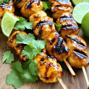 - 1 pound boneless, skinless chicken thighs, cut into 1-inch cubes - 1/4 cup coconut milk - 2 tablespoons soy sauce - 2 tablespoons honey - 1 tablespoon sriracha sauce (adjust to taste) - 1 tablespoon fish sauce - 1 teaspoon grated fresh ginger - 2 garlic cloves, minced - 1 teaspoon lime juice - Wooden or metal skewers To create the perfect sweet and spicy Thai chicken skewers, you start with chicken thighs. They have more flavor than chicken breast. Next, you mix the marinade. The coconut milk makes it rich. Soy sauce adds saltiness, while honey gives a sweet touch. Sriracha adds heat, and fish sauce deepens the flavor. Fresh ginger and garlic bring a zesty kick. Finally, lime juice brightens it all up. - Fresh cilantro leaves, for garnish - Lime wedges, for serving Garnishes make your dish pop! Fresh cilantro adds color and freshness. Lime wedges offer a zesty squeeze. They brighten the skewers and enhance the flavors. Enjoy these garnishes; they take your dish to the next level. For the full recipe, check the details above. To start, I whisk together the marinade. In a large bowl, combine coconut milk, soy sauce, honey, sriracha, fish sauce, ginger, garlic, and lime juice. Mix well until smooth. This mix gives the chicken a sweet and spicy flavor. If you use wooden skewers, soak them in water for 30 minutes. This step helps prevent burning while grilling. If you choose metal skewers, you can skip this step. Next, I preheat the grill to medium-high heat. Take the marinated chicken pieces and thread them onto the soaked skewers. Leave a small space between each piece. This helps the chicken cook evenly. Now, place the skewers on the grill. Cook for about 10 to 12 minutes. Turn them occasionally to avoid burning and to get those nice grill marks. The chicken is done when it reaches an internal temperature of 165°F. Once grilled, remove the skewers from heat. Let them rest for a few minutes. This helps the juices settle in the chicken, making it more tender and juicy. Garnish the skewers with fresh cilantro. Serve them with lime wedges on the side for added zest. These flavors come together to create a delicious dish. For the full recipe, check out the Sweet and Spicy Thai Chicken Skewers. For sweet and spicy Thai chicken skewers, marinating is key. I suggest marinating the chicken for at least 1 hour. This helps the flavors soak in deeply. For the best taste, marinate for up to 4 hours. This longer time lets the spices and sauces work their magic. To get those perfect grill marks, preheat your grill to medium-high heat. This ensures even cooking and a nice sear on your skewers. When grilling, turn the skewers every few minutes. This helps cook them evenly. Aim for about 10 to 12 minutes of cooking time. Always check the internal temperature; it should reach 165°F for safety. Pair your skewers with fresh cucumber salad or jasmine rice for a tasty meal. These sides balance the sweet and spicy flavors well. For drinks, a light beer or iced tea goes nicely. You can also try a fruity cocktail. These will enhance the meal and make it even more enjoyable. If you want to explore more, check out the Full Recipe for extra tips! {{image_2}} Different Proteins You can swap chicken thighs for other meats. Try shrimp, pork, or beef. Each will bring a unique taste. Just adjust the marinating time. Shrimp cooks fast, while beef may need longer. Vegetarian Options For a vegetarian twist, use firm tofu or tempeh. Cube them like the chicken. Marinate as usual and grill until golden. You can also use veggies like bell peppers or mushrooms on the skewers. Spices and Herbs Add more spices for a kick! Consider crushed red pepper or paprika. Fresh herbs like basil or mint can deepen the flavor. Mix them into the marinade for a fresh twist. Alternative Sauces Swap the sriracha for a sweet chili sauce. This will add a different heat level. You can also use peanut sauce for a richer flavor. It pairs nicely with the chicken. Oven-Baking If you lack a grill, you can oven-bake the skewers. Preheat your oven to 400°F. Place the skewers on a baking sheet lined with foil. Bake for 15-20 minutes, turning halfway through. Air Frying An air fryer works great for these skewers too. Preheat it to 380°F. Cook the skewers for about 10-12 minutes. This method gives a crispy texture without the grill. To keep your Sweet and Spicy Thai Chicken Skewers fresh, store them properly. - Refrigeration Guidelines: Place leftovers in an airtight container. They last up to 3 days in the fridge. Make sure the skewers cool down first. This way, they stay tasty and safe to eat. - Freezing Tips: If you want to keep them longer, freeze the skewers. Wrap them tightly in plastic wrap and place them in a freezer bag. They can stay good for up to 3 months. When you're ready to eat your leftovers, reheating is key. - Best Methods for Retaining Flavor: Use an oven or stovetop for the best taste. Preheat the oven to 350°F. Place the skewers on a baking sheet. Heat them for about 10 minutes or until warm. On the stovetop, use a skillet over medium heat. Add a splash of water to keep them moist. Cook for 5-7 minutes, turning often. Making meals ahead of time helps a lot during busy days. - Preparing in Advance: Marinate the chicken the night before. This gives it extra flavor. You can also assemble the skewers and store them in the fridge. - Portioning for Easy Meals: Consider making individual servings. Use small containers for easy grab-and-go meals. This way, you’ll have a tasty option ready when you need it. For the complete cooking guide, check out the Full Recipe. To make Sweet and Spicy Thai Chicken Skewers, start with cubed chicken thighs. You mix coconut milk, soy sauce, honey, sriracha, fish sauce, ginger, garlic, and lime juice in a bowl. This makes a great marinade. Add the chicken and coat it well. Cover the bowl and let it sit in the fridge for at least one hour. Next, soak wooden skewers in water for 30 minutes. This step helps prevent burning. After that, thread the marinated chicken onto the skewers. Preheat your grill to medium-high heat. Grill the skewers for about 10-12 minutes, turning them until they cook through. The chicken should reach an internal temperature of 165°F. Once cooked, let the skewers rest for a few minutes. Serve them garnished with fresh cilantro and lime wedges. You can find the Full Recipe for detailed steps. Yes, you can use other types of meat. Chicken is great, but you can try pork, beef, or shrimp. Each type of meat will give a different flavor. Just remember to adjust the cooking time. Shrimp cooks fast, while beef may need longer. If you want a leaner option, turkey works well too. Just be careful not to overcook it. Tofu is a good choice for a vegetarian twist. It will soak in the marinade nicely for a tasty bite. You have many options for sides. Rice is a classic choice. Jasmine rice or coconut rice pairs well with these skewers. You might also serve it with a fresh salad. A mango salad adds a nice sweetness. Grilled veggies make a colorful plate. Try bell peppers, zucchini, or corn. For a snack, serve some spring rolls. They bring a nice crunch. You can also offer a dipping sauce, like peanut sauce or sweet chili sauce, for extra flavor. You learned how to make delicious Thai chicken skewers with easy steps. We covered marinating, threading, and grilling chicken. Remember to rest before serving for the best taste. Try different proteins or cooking methods for fun variations. Don't forget about storage tips for leftovers and meal prep. Enjoy your skewers with fresh garnishes like cilantro and lime! With simple swaps and unique flavors, you can create your perfect dish every time. Happy cooking!