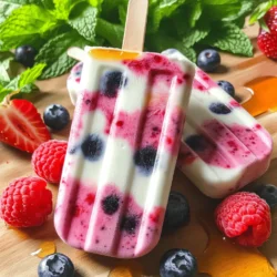 - 2 cups mixed berries (strawberries, blueberries, raspberries) - 1 cup Greek yogurt (plain or vanilla) - 1 cup almond milk (or any milk of choice) - 2 tablespoons honey or maple syrup - 1 teaspoon vanilla extract - Fresh mint leaves for garnish (optional) What are the health benefits of berries? Berries are packed with vitamins, minerals, and antioxidants. They help fight disease and improve heart health. Eating mixed berries can boost your immune system too. Plus, they add natural sweetness to your popsicles. What are the advantages of Greek yogurt? Greek yogurt is rich in protein, which helps keep you full. It also contains probiotics that support gut health. Using Greek yogurt in your popsicles makes them creamy and adds a nice tang. What are the benefits of using almond milk? Almond milk is a low-calorie, dairy-free option. It has healthy fats and vitamin E, which is great for your skin. Using almond milk keeps these popsicles refreshing and light. Step 1: Blending the Ingredients First, gather your ingredients. Place the mixed berries, Greek yogurt, almond milk, honey, and vanilla extract into a blender. Blend on high speed until the mixture looks smooth and creamy. You can stop to scrape down the sides if needed. This step is key for a great texture. Step 2: Adjusting Sweetness Now, take a small taste of the smoothie mix. If it’s not sweet enough for you, add more honey or maple syrup. Blend again briefly to mix in the sweetness. You want it just right for your taste buds! Pouring the mixture into molds Once you achieve the desired taste, it’s time to fill the molds. Use a spoon to help pour the mixture into your popsicle molds. Make sure to leave a little gap at the top. The mixture will expand when it freezes. Inserting popsicle sticks After filling the molds, carefully insert popsicle sticks. Push them down gently until they are stable. This will help hold the popsicles together when they freeze. Recommended freezing time Now, place the molds in the freezer. Let them freeze for at least 4 to 6 hours. If you can wait longer, they will be even more solid. How to know when they're ready To check if the popsicles are ready, look for a firm and solid texture. You can run warm water over the outside of the molds. This will help release the popsicles easily. Gently pull on the sticks to remove them. Enjoy your delicious berry smoothie popsicles! To enjoy smooth popsicles, avoid ice crystals. First, blend the mixture well. This helps it stay creamy. If you notice ice crystals, try using fresh fruit instead of frozen. Fresh fruit blends easier and keeps the texture nice. For a creamier consistency, add more Greek yogurt. This makes the popsicles rich and thick. You can also use full-fat yogurt for an extra creamy treat. Another trick is to blend the mixture in smaller batches. This ensures each part gets fully mixed. If you want alternatives to honey or maple syrup, try agave or coconut sugar. Both options work great. You can also skip sweeteners if the berries are ripe. Taste the mix first, then add sweetness to your liking. For dietary needs, consider using stevia or monk fruit. These options are low in calories and still sweet. Adjust the amount based on your taste. Always remember, a little goes a long way. Garnishing can make popsicles look fancy. Try topping them with fresh mint leaves. This adds a pop of color and flavor. You can also sprinkle some crushed nuts for a crunchy touch. Pair these popsicles with yogurt or a fruit salad. They make a great snack or dessert. Serve them on hot days for a refreshing treat. Enjoying them with friends makes it even better! {{image_2}} You can change the fruit in your popsicles to keep things fresh. Try using seasonal fruits like peaches or cherries in the summer. They add a nice twist! In the fall, use apples or pears for a cozy flavor. For a tropical taste, mix in mangoes or pineapples. These fruits make your popsicles fun and exciting. You can also blend different berries together for a berry explosion in every bite. If you want a dairy-free treat, there are easy swaps. You can use coconut yogurt instead of Greek yogurt. It gives a rich and creamy texture. For milk, almond milk works great, but you can try oat or soy milk too. These options keep the popsicles creamy without dairy. They still taste amazing and are perfect for everyone. To make your popsicles extra special, consider adding flavors. Fresh mint or basil can bring a bright twist. Just a few leaves blended in can change everything! You can also sprinkle in a dash of cinnamon or nutmeg for warmth. If you like a sweeter taste, try agave syrup or stevia instead of honey. These changes can make your berry smoothie popsicles unique and delightful. For the full recipe, check out the detailed steps to make these delicious treats! You can store berry smoothie popsicles in the freezer for about three months. Use this time frame to enjoy their best taste and texture. For storing, I recommend using airtight containers or freezer-safe bags. This will help keep your popsicles fresh and tasty. To keep your popsicles fresh, wrap them in plastic wrap or aluminum foil. This extra layer stops air from getting in. It also helps prevent freezer burn, which can ruin their flavor and texture. If you notice ice crystals forming, it’s a sign of freezer burn. Enjoy your delicious popsicles within three months for the best experience! How do I get the popsicles out of the mold easily? To release the popsicles, run warm water over the outside of the molds for a few seconds. This warms up the sides and helps the popsicles slide out. Then gently pull on the sticks to free them. Can I use frozen berries instead of fresh? Yes, you can use frozen berries! They blend well and will still taste great. Just make sure to let them thaw a bit before blending for a smoother texture. How can I make the popsicles less sweet? To reduce sweetness, cut back on honey or maple syrup. You can also add more Greek yogurt or almond milk. This will balance the flavors without losing the yummy berry taste. What’s the best way to customize this recipe? You can mix different fruits like bananas or mangoes. Add spinach or kale for extra greens. Try using flavored yogurt or different milk types to change the taste. Get creative and find what you love! Can I use this recipe for a larger batch? Absolutely! Just double the ingredients if you want more popsicles. Make sure you have enough molds to hold the extra mixture. Following the [Full Recipe] will ensure you get the right blend every time. These berry smoothie popsicles offer a tasty and healthy treat. We explored the key ingredients, like mixed berries and Greek yogurt, which provide great nutrition. You learned step-by-step how to blend, freeze, and store these popsicles perfectly. Consider trying variations with different fruits or sweetening options to customize to your taste. With some simple tips, you can make these popsicles creamy and delicious. Enjoy your refreshing treats and share them with others for smiles all around.