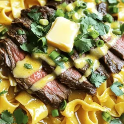 - 8 oz (230g) egg noodles - 1 lb (450g) flank steak, thinly sliced - 4 tablespoons unsalted butter - 4 cloves garlic, minced - 2 tablespoons soy sauce - 1 tablespoon oyster sauce - 1 tablespoon honey - 1 teaspoon crushed red pepper flakes (adjust to taste) - 2 green onions, sliced - Salt and pepper to taste - Fresh cilantro for garnish (optional) For this dish, you can use other noodles if you like. Rice noodles or spaghetti work well too. Use ribeye or sirloin steak if you can't find flank steak. You can swap the butter with olive oil for a lighter option. If you want a vegan twist, use mushrooms instead of steak and plant-based butter. I always choose fresh, high-quality steak for the best taste. Look for bright red color and good marbling. Fresh garlic brings out a rich flavor in the sauce. Use low-sodium soy sauce to control salt levels. For the best cooking results, try to find locally sourced butter. This will add a nice creaminess to your dish. For the full recipe, check out the detailed instructions to make these garlic butter steak noodles. First, cook the egg noodles. Follow the package instructions carefully. Once they are tender, drain them. Make sure to save a bit of the pasta water. This water helps to adjust the sauce later. Next, take the flank steak and slice it thinly. Season it with salt, pepper, and crushed red pepper flakes. Let the steak sit for about 10 minutes. This step helps the flavors mix well. Now, let’s make the garlic butter sauce. In a large skillet, melt 2 tablespoons of butter over medium-high heat. Once it’s melted, add the seasoned steak. Sear each side for about 2-3 minutes. When the steak is browned, take it out and set it aside. In the same skillet, lower the heat and melt the remaining butter. Then, add the minced garlic and cook it for about 30 seconds. The garlic should smell amazing. For the next step, add soy sauce, oyster sauce, and honey to the skillet. Stir all the ingredients together. Toss in the cooked noodles and mix them well. If the noodles look dry, add a splash of the reserved pasta water. Finally, return the steak to the skillet. Gently toss everything until it’s hot. Adjust the taste with more salt, pepper, or crushed red pepper flakes. Sprinkle sliced green onions and fresh cilantro on top for a nice finish. Enjoy your garlic butter steak noodles! You can find the full recipe above. To get tender steak, choose flank steak. Slice it thin against the grain. This helps break down the muscle fibers. Season with salt, pepper, and crushed red pepper flakes. Let it sit for about ten minutes. This short wait allows the flavors to soak in. When cooking, don’t crowd the pan. Cook in batches if needed. Sear for just 2-3 minutes on each side. This keeps the juices inside, making it juicy and tender. Garlic butter is key to this dish. Use fresh garlic for the best taste. Mince it finely to release its oils. Sauté the garlic in the butter for about 30 seconds. Keep an eye on it; burnt garlic tastes bitter. After adding soy sauce and oyster sauce, taste and adjust. You can add more honey for sweetness or more crushed red pepper for spice. The balance is crucial for a rich flavor. For a beautiful presentation, serve in shallow bowls. Garnish with sliced green onions and fresh cilantro. If you love butter, drizzle a bit more melted butter on top. This adds a nice touch. Pair the noodles with a simple side salad or steamed veggies. The freshness of these sides complements the rich flavors. You can also serve with crusty bread to soak up the sauce. Enjoy this dish with family or friends for a cozy meal. For the full recipe, check out the details above! {{image_2}} If you want a vegetarian twist, swap the steak for mushrooms. Use portobello or shiitake mushrooms for a meaty texture. Cook them in the same way as the steak, using butter and garlic. This gives you a rich flavor without the meat. You can also add tofu for protein. Adding veggies makes this dish even better. Try bell peppers, broccoli, or snap peas. Sauté them with the garlic for a few minutes. This adds color and crunch. You can toss in spinach at the end for a pop of green. If you like heat, add more crushed red pepper flakes. Start with a little and taste as you go. You can also add sriracha or chili oil for a kick. If you prefer mild, cut back on the flakes. Adjusting the spice lets you make this dish your own. To keep your garlic butter steak noodles fresh, let them cool first. Then, transfer them to an airtight container. Store them in the fridge. They will last for about 3 to 4 days. If you want to keep them longer, consider freezing. Reheat your leftover noodles in a skillet over medium heat. Add a splash of water or broth to keep them moist. Stir often until they are hot. You can also use the microwave. Heat in short bursts, stirring in between. This will help avoid overcooking. If you plan to freeze your garlic butter steak noodles, do it within 2 days. Place them in a freezer-safe container. They can last for about 2 to 3 months in the freezer. When ready to eat, thaw them overnight in the fridge. Then, reheat as mentioned above. Enjoy your meal later! To make garlic butter steak noodles, follow these steps: 1. Cook the Noodles: Boil 8 oz of egg noodles per package instructions. Drain them and set aside. 2. Prepare the Steak: Season 1 lb of flank steak with salt, pepper, and crushed red pepper flakes. Let it sit for 10 minutes. 3. Sear the Steak: In a skillet, melt 2 tablespoons of butter. Sear the steak for 2-3 minutes on each side. Remove it from the skillet. 4. Make the Garlic Butter Sauce: Lower the heat, add 2 more tablespoons of butter, then sauté 4 minced garlic cloves for 30 seconds. 5. Combine Everything: Add 2 tablespoons of soy sauce, 1 tablespoon of oyster sauce, and 1 tablespoon of honey to the garlic butter. Stir in the noodles, adding a splash of reserved pasta water if needed. 6. Finish with Steak: Return the steak to the skillet and toss to combine. Adjust seasoning as needed. 7. Garnish and Serve: Serve with sliced green onions and cilantro for color. Yes, you can use different noodles! Options like rice noodles, udon, or even spaghetti work well. Each type gives a unique texture and taste. Try them all to find your favorite! Some great side dishes include: - Steamed broccoli - Garlic bread - A fresh garden salad - Stir-fried vegetables These sides balance the rich flavors of the noodles. Leftovers of garlic butter steak noodles last about 3-4 days in the fridge. Store them in an airtight container to keep them fresh. Reheat gently on the stove or in the microwave before serving. Enjoy your meal again! In this blog post, I shared how to make garlic butter steak noodles from start to finish. You learned about the key ingredients, step-by-step cooking methods, and useful tips for great flavor. I also discussed variations, storage tips, and answered common questions. This dish is tasty and can fit your needs easily. I hope you try it and enjoy the flavors! Keep experimenting and finding what works best for your kitchen.