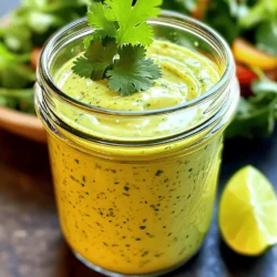 To make a creamy cilantro lime dressing, you need: - 1 cup fresh cilantro leaves, packed - 2 tablespoons fresh lime juice - 1 tablespoon lime zest - 1 small garlic clove, minced Using fresh cilantro gives this dressing its bright flavor. Lime juice and zest add a zesty kick. Garlic brings depth and warmth to the taste. For the creamy base, gather: - 1/2 cup Greek yogurt - 1/4 cup mayonnaise - 1 teaspoon honey or agave syrup Greek yogurt keeps it light and healthy, while mayonnaise adds richness. Honey or agave syrup balances the acidity from the lime. You will also need: - Salt and pepper to taste - 2 tablespoons water (to adjust thickness) Salt and pepper enhance all the flavors, and water helps you reach the perfect consistency. Adjust it based on your preference. Now you have everything ready for a delicious dressing! You can check out the Full Recipe for detailed steps. - Rinse and chop cilantro - Mince the garlic Start by rinsing your fresh cilantro under cold water. This step helps to get rid of any dirt. After rinsing, shake off the excess water. Next, you can roughly chop the cilantro leaves. The pieces do not need to be perfect; just make them small enough to blend easily. Now, take a small garlic clove and mince it. You want the garlic to be in tiny pieces to blend well into the dressing. This adds a nice flavor punch. - Combine ingredients in a blender - Adjust consistency with water Next, grab your blender or food processor. Add the chopped cilantro, Greek yogurt, mayonnaise, fresh lime juice, lime zest, and minced garlic into it. You are making a creamy and zesty mix. Blend everything on high until it becomes smooth and creamy. If the dressing looks too thick, add water slowly. Start with one tablespoon at a time and blend after each addition. Keep doing this until you reach your desired consistency. - Season to taste - Chill for flavor development Once blended, taste the dressing. Add salt and pepper to your liking. Blend it briefly again to mix in the seasoning. This step is key for a well-rounded flavor. Finally, transfer your dressing to a clean jar or container. Let it chill in the refrigerator for at least 30 minutes. Chilling helps the flavors mix better, making the dressing even tastier. Enjoy this creamy cilantro lime dressing with your favorite salads or dishes! To get the right thickness for your creamy cilantro lime dressing, you can adjust it easily. If your dressing is too thick, add water one tablespoon at a time. Blend after each addition to see how it changes. This way, you control the texture to your liking. Use a high-speed blender for a smooth finish. A food processor also works, but it may leave small bits. You can make this dressing even tastier by adding more herbs and spices. Try adding a pinch of cumin or a dash of chili powder for warmth. Fresh parsley or green onions can also brighten the flavor. Balancing acidity is key. If the dressing tastes too sour, add a bit more honey or agave syrup. This helps to mellow the lime juice. This dressing pairs well with many dishes. Drizzle it over a fresh garden salad or grilled chicken. It also works great as a dip for veggies or a sauce for tacos. You can even use it in wraps for added flavor. Get creative! For a fun twist, try using it in pasta salads or as a topping for baked potatoes. {{image_2}} If you're looking for a vegan version, you can easily swap Greek yogurt. Use silken tofu or a dairy-free yogurt instead. These options maintain creaminess and flavor. For sweeteners, replace honey with agave syrup. This keeps the dressing vegan while still sweetening it nicely. Want to spice things up? Try adding jalapeño. Just a small amount adds great heat to the dressing. Blend it in with the other ingredients for a zesty kick. If you love creaminess, mix in some avocado. It makes the dressing even richer and smooth. Simply blend half an avocado with the other ingredients. This boost of flavor enhances your salads and wraps. For the Full Recipe, check the earlier section. You’ll find all the delicious details there! To keep your creamy cilantro lime dressing fresh, use a clean jar or airtight container. Glass containers work best. They do not absorb smells and keep your dressing tasting great. Make sure to seal the lid tightly to prevent air from getting in. For best results, store the dressing in the fridge. This helps keep it cool and fresh. If you’re going to use it later, try to scoop out the amount you need with a clean spoon. This keeps the rest safe from germs. For the best taste, use your dressing within one week. After this time, it may lose its bright flavor. Always check for signs of spoilage. If it smells off or looks different, do not eat it. Signs of spoilage include: - Mold or discoloration on the surface - An unusual or sour smell - A change in texture, like separation or thickness Storing it right ensures you enjoy the full zesty flavor from the full recipe. Yes, you can make this dressing ahead. It stays fresh for up to one week. Store it in an airtight container in the fridge. This helps the flavors blend nicely. If you want to skip Greek yogurt, try using sour cream or silken tofu. They add creaminess. For a dairy-free option, use coconut yogurt or almond yogurt. Both work well in this recipe. To thicken your dressing, add more Greek yogurt or mayonnaise. You can also use less water when blending. If it’s still too thin, blend in a bit of avocado for extra creaminess. In this blog post, we explored the key ingredients for a delicious dressing. We covered fresh cilantro, lime juice, and garlic, along with dairy options like Greek yogurt and mayonnaise. You learned how to blend these ingredients and adjust their taste for the best results. Remember, experimenting with flavors and textures can create unique variations. Use the tips provided to enhance your dressing. Enjoy making it your own!