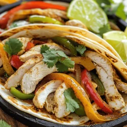 To make easy chicken fajitas, gather these key items: - 1 lb (450g) boneless, skinless chicken breasts, thinly sliced - 1 bell pepper (red, yellow, or green), sliced - 1 medium onion, sliced - 3 cloves garlic, minced - 4-6 small flour tortillas These main ingredients give your fajitas a great base. The chicken provides protein, while the peppers and onion add color and crunch. Spices make your chicken fajitas burst with flavor. Here’s what you need: - 2 tablespoons olive oil - 1 tablespoon chili powder - 1 teaspoon cumin - 1 teaspoon paprika - ½ teaspoon salt - ½ teaspoon black pepper These spices enhance the taste of the chicken and vegetables. They create a warm, inviting flavor that makes your meal special. Add some fun to your fajitas with these garnishes and sides: - Fresh cilantro, for garnish - Lime wedges, for serving These extras give your fajitas a fresh twist. A squeeze of lime brightens up the dish, and cilantro adds a pop of color. For the full recipe, check out the complete guide. To start, grab your chicken breasts. Cut them into thin slices. This helps them cook evenly. Next, take a medium bowl and add your chicken. Sprinkle in the chili powder, cumin, paprika, salt, and black pepper. Mix it well until each piece of chicken is coated. This step packs the chicken with flavor. Now, slice your bell pepper and onion. Try to keep the pieces about the same size. This way, they cook at the same time. Heat a large skillet over medium-high heat. Pour in one tablespoon of olive oil. When the oil is hot, add the seasoned chicken. Cook it for about 5-7 minutes. Stir occasionally, so it cooks evenly. The chicken should turn golden brown and no longer be pink. This means it's cooked through. Once done, remove the chicken from the skillet and set it aside. In the same skillet, add the other tablespoon of olive oil. Now, toss in the sliced onion and bell pepper. Sauté them for about 4-5 minutes. You want them tender and slightly charred for extra flavor. After that, add the minced garlic and return the chicken to the skillet. Stir everything together and cook for 2-3 more minutes. This allows all the flavors to combine beautifully. Now, your chicken fajitas are ready to enjoy! Check out the Full Recipe for more details. To keep your chicken juicy, choose thin slices. Thin pieces cook fast and stay moist. Marinate the chicken for at least 15 minutes. This helps the flavors soak in. Use a mix of olive oil and spices for the marinade. When cooking, don’t overdo it. Cook just until the chicken is no longer pink. This keeps it tender and juicy. Start with a hot skillet. Heat your pan before adding oil. This helps veggies cook well and prevents sticking. Cut your peppers and onions into even pieces. This ensures they cook at the same rate. Stir them often, but let them sit for a moment to get a nice char. This adds great flavor. Aim for vibrant colors; they should be soft but still crunchy. Warm your tortillas before serving. You can do this in a skillet or microwave. Fill each tortilla with the chicken and veggies. Top with fresh cilantro for a bright touch. Squeeze some lime juice on top for a zesty kick. You can also add salsa, guacamole, or sour cream. These toppings add creaminess and extra flavor. For a fun twist, serve with rice or beans on the side. For the full recipe, check the details above. {{image_2}} You can make a tasty vegetarian version of fajitas using tofu. Choose firm tofu for the best results. Press the tofu to remove extra water. Cut it into thin strips. Marinate it like you would with chicken, using the same spices. Cook it in a hot skillet until golden brown. This way, you get a nice texture and flavor. Serve it just like traditional chicken fajitas, and enjoy the plant-based goodness. If you prefer beef or shrimp, you can switch the protein easily. For beef, use flank steak or sirloin. Slice it thinly against the grain for tenderness. Season it with the same spices as the chicken. For shrimp, use large, raw shrimp. Cook them until they turn pink and firm. Both options add a new twist to your fajitas. The key is to adjust cooking times to ensure everything is perfectly cooked. You can also change up the flavor by adding new spices. Try adding oregano for an earthy taste or cayenne pepper for heat. A dash of lime juice can brighten the dish, too. Experiment with smoked paprika for a deeper flavor. You can also add fresh herbs like cilantro or parsley. These small changes can make your fajitas exciting and unique. Don’t hesitate to be creative and find your favorite combination! For the complete recipe, check out the [Full Recipe]. To keep your leftover fajitas tasty, store them in an airtight container. Make sure to let them cool first. Place the chicken and veggies in one container. Keep the tortillas in a separate bag or container. This keeps everything fresh and prevents sogginess. Store your fajitas in the fridge for up to three days. When you are ready to enjoy your fajitas again, reheating is key. I like to use a skillet for the best results. Heat a small amount of oil over medium heat. Add the chicken and veggies to the skillet. Cook for about 4-5 minutes, stirring often. This helps the flavors come back to life. You can also use a microwave. Heat in short bursts to avoid drying them out. If you want to save your fajitas for a later date, freezing works great. Allow the chicken and veggies to cool completely. Place them in a freezer-safe bag or container. Remove as much air as possible to prevent freezer burn. You can freeze them for up to three months. When ready to eat, thaw in the fridge overnight. Then, heat them up as mentioned before. For the tortillas, wrap them in foil and freeze separately. This keeps them soft and fresh. Check out the Full Recipe for more details! The best tortilla for chicken fajitas is a small flour tortilla. Flour tortillas are soft and flexible, making them easy to fill and roll. They have a nice, chewy texture that pairs well with the chicken and veggies. You can also use corn tortillas if you prefer a gluten-free option. Just remember, corn tortillas can break more easily, so handle them gently. Yes, you can make chicken fajitas in advance. Cook the chicken and vegetables, then store them in the fridge. They will stay fresh for up to three days. When you're ready to eat, just warm them up in a skillet. You can also prepare the spice mix ahead of time. This saves you time on busy days. Just make sure to warm the tortillas right before serving for the best taste. These chicken fajitas are mild to medium in spice. The chili powder adds warmth, but it's not overpowering. If you like more heat, you can add jalapeños or a pinch of cayenne pepper. For less spice, reduce the chili powder. Adjusting the spice level makes it easy to suit your taste. Enjoy the flavor without the burn! You now have all the tools to make easy chicken fajitas. We covered the key ingredients, spices, and steps to prepare this dish. I shared tips to ensure juicy chicken and vibrant veggies. You also learned about fun variations, storage, and answers to common questions. Enjoy creating delicious fajitas that everyone will love. Your culinary skills will shine with this simple recipe. Happy cooking!