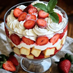 To make a delightful strawberry shortcake trifle, you need simple, fresh ingredients. Here’s what you will need: - 2 cups fresh strawberries, hulled and sliced - 2 tablespoons granulated sugar - 1 teaspoon vanilla extract - 1 pound store-bought pound cake or sponge cake, cut into cubes - 2 cups heavy whipping cream - 1/4 cup powdered sugar - 1 teaspoon vanilla extract - Fresh mint leaves for garnish Using high-quality ingredients makes a big difference. Fresh strawberries should be ripe and sweet. Look for bright red berries with no soft spots. The pound cake should be moist and fluffy. A rich heavy cream produces the best whipped cream. Always choose pure vanilla extract for a deeper flavor. You can easily swap ingredients if needed. If you don’t have strawberries, you can use blueberries or raspberries. For a gluten-free option, try almond flour cake or gluten-free sponge cake. If you want a lighter version, use Greek yogurt instead of whipped cream. Each change can give you a new twist on this classic dessert. To start, grab your fresh strawberries. You need 2 cups that are hulled and sliced. In a mixing bowl, add the sliced strawberries, 2 tablespoons of granulated sugar, and 1 teaspoon of vanilla extract. Toss them gently. Let them sit for about 15-20 minutes. This time helps the strawberries release their delicious juices. Next, take another mixing bowl. Pour in 2 cups of heavy whipping cream. Add 1/4 cup of powdered sugar and 1 teaspoon of vanilla extract. Use an electric mixer to beat the cream. Set it to medium-high speed. Keep mixing until you see stiff peaks. This should take about 3-5 minutes. Be careful not to overbeat, or it might turn into butter! Now it’s time to build your trifle. Use a trifle bowl or individual serving glasses for this. Start with a layer of pound cake cubes. Then, add a layer of whipped cream. Next, add a layer of your sugared strawberries. Repeat these layers until you run out of ingredients. Finish with a nice layer of whipped cream on top. Don’t forget to cover the trifle with plastic wrap. Chill it in the fridge for at least 2 hours. This step lets the flavors blend well. The cake will soak up some strawberry juices, making it super tasty. To make great whipped cream, use cold cream. Cold cream whips up better. Start with heavy whipping cream for the best results. Beat it on medium-high speed until you see stiff peaks. This takes about 3 to 5 minutes. Add powdered sugar and vanilla for extra flavor. Avoid overbeating, or it will turn into butter. Layering is key for a lovely trifle. Start with cake cubes at the bottom. Then, add a layer of whipped cream. Next, spoon on the sweetened strawberries. Repeat these layers until you reach the top. Make sure to finish with whipped cream. This gives your trifle a beautiful look. Use a clear bowl so everyone can see the layers. Want to make your trifle even better? Try adding lemon zest to your cream. It adds a nice zing. You can also mix in a splash of orange juice with the strawberries. This brings out their sweetness. For a fun twist, add a layer of chocolate sauce. It adds richness and a tasty surprise. Don't forget to check the [Full Recipe] for more ideas! {{image_2}} You can make your trifle even more fun by mixing berries. Blueberries, raspberries, and blackberries work well. Just keep the same steps from the full recipe. Layer your mixed berries with cream and cake. The colors will look great, and the flavors will pop! If you need a gluten-free treat, use gluten-free cake. Many stores sell gluten-free pound cake. Just swap it in the full recipe. Make sure all other ingredients are gluten-free. Your trifle will still taste amazing! Want to add chocolate? Use chocolate cake instead of pound cake. You can also mix cocoa powder into the whipped cream. This will give your trifle a rich flavor. Layer the chocolate cake, strawberries, and whipped cream just like in the full recipe. It's a chocolate lover's dream! To keep your trifle fresh, store it in the fridge. Use a tight lid or cover it well with plastic wrap. This helps keep the whipped cream fluffy and the strawberries juicy. Avoid storing it near strong-smelling foods, as it can absorb those odors. Your strawberry shortcake trifle lasts about 3 days in the fridge. After that, the cake may become soggy. The strawberries will also start to lose their flavor and texture. For the best taste, enjoy it within this time frame. Freezing trifle is tricky because of the cream and fruit. If you want to freeze leftovers, separate the layers first. Freeze the whipped cream and strawberries in one container. Store the cake separately. When ready to eat, thaw them in the fridge overnight. The texture may change, but it will still taste good. For the full recipe, check the details above! Yes, you can make Strawberry Shortcake Trifle a day ahead. In fact, doing so helps the flavors mix well. The cake will soak in the strawberry juices overnight. This makes it taste even better when you serve it. Just cover it well with plastic wrap. Keep it in the fridge until you’re ready to enjoy. If you want a change, you can use sponge cake or angel food cake instead of pound cake. Both options are light and airy. They will soak up the strawberry juices nicely. You could even use cookies like ladyfingers for a fun twist. Each choice adds a unique flavor and texture to the trifle. Yes, making a dairy-free version is easy! Use coconut cream or almond cream in place of heavy whipping cream. For the cake, look for dairy-free pound cake or sponge cake options. Ensure the sugar and vanilla extract are also dairy-free. This way, everyone can enjoy this sweet treat without dairy. In this article, we explored how to make a delicious Strawberry Shortcake Trifle. We covered key ingredients, preparation steps, and ways to enhance flavor. You learned tips for whipped cream and layering, plus variations like a gluten-free option. Remember, you can customize the trifle with different berries or even chocolate. Creating this dessert can be simple and fun. Enjoy the process, and share this treat with others. Trust me, it’s worth the effort!