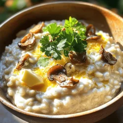 To make creamy mushroom risotto, you need a few simple ingredients. This dish takes about 35 minutes to prepare. You can serve it to four people. For the full recipe, check the section above. Here are the key ingredients you will need: - 1 cup Arborio rice - 4 cups vegetable broth - 1 cup mushrooms, sliced (like cremini or shiitake) - 1 small onion, finely chopped - 3 cloves garlic, minced - 1/2 cup heavy cream - 1/2 cup grated Parmesan cheese - 2 tablespoons olive oil - 2 tablespoons unsalted butter - Salt and pepper to taste - Fresh parsley, chopped (for garnish) Each ingredient plays a crucial role in creating that rich, creamy texture. Arborio rice is special because it has high starch. This starch helps the risotto become creamy. Mushrooms add a deep, earthy flavor. The heavy cream and Parmesan cheese make it smooth and rich. If you have dietary needs, you can easily swap ingredients. Here are some ideas: - Use vegetable broth instead of chicken broth for a vegan option. - Swap heavy cream with coconut cream for a dairy-free version. - You can replace Arborio rice with farro for a whole grain option. - Nutritional yeast can stand in for Parmesan cheese if you want a cheesy flavor without dairy. These substitutions let you enjoy risotto no matter your diet. First, gather your ingredients. You will need: - 1 cup Arborio rice - 4 cups vegetable broth - 1 cup mushrooms, sliced - 1 small onion, finely chopped - 3 cloves garlic, minced - 1/2 cup heavy cream - 1/2 cup grated Parmesan cheese - 2 tablespoons olive oil - 2 tablespoons unsalted butter - Salt and pepper to taste - Fresh parsley, chopped Next, heat the vegetable broth in a saucepan over low heat. Keep it warm but do not boil it. This step is key, as adding cold broth can slow down the cooking process. In a large skillet, heat the olive oil and 1 tablespoon of butter over medium heat. Add the chopped onion and sauté for about 3-4 minutes. You want the onions to become soft and clear. This brings out their sweet flavor. Then, add the minced garlic and sliced mushrooms to the skillet. Cook for about 5-7 minutes. The mushrooms should be tender and release their moisture. This creates a rich base for your risotto. Now, stir in the Arborio rice. Mix well to coat the grains with oil. Toast the rice for about 2 minutes. This step adds a nice nutty flavor and helps the rice absorb the broth better. Start adding the warm vegetable broth one ladle at a time. Stir frequently. Allow the rice to absorb most of the liquid before adding the next ladle. This process takes about 20 minutes. You will know the risotto is ready when the rice is creamy and al dente. Once the rice reaches the right texture, remove it from heat. Stir in the heavy cream, grated Parmesan cheese, and the last tablespoon of butter. Season with salt and pepper to taste. Mix until everything is creamy and well combined. Let the risotto sit for a couple of minutes to thicken slightly. Then, give it a final stir. For a lovely presentation, serve the risotto in shallow bowls. Top with chopped fresh parsley and an extra sprinkle of Parmesan. Enjoy your creamy mushroom risotto! To get that creamy texture in your risotto, the type of rice matters. Use Arborio rice. Its high starch content helps create a rich, smooth dish. Stir the rice often while cooking. This action helps release the starch and makes the risotto creamy. Add broth slowly. One ladle at a time works best. This helps the rice absorb the liquid fully. Taste the rice as you cook. You want it al dente, soft but with a tiny bite. One common mistake is adding all the broth at once. This leads to uneven cooking. Another mistake is not stirring enough. Stirring helps release starch, which is key for creaminess. Avoid using low-quality broth. It impacts flavor. Lastly, don’t rush the cooking time. Good risotto takes patience. If you skip steps, the texture will suffer. A large skillet is your best friend here. It allows even cooking and easy stirring. Use a wooden spoon for stirring. It’s gentle on the rice and helps with even mixing. A ladle is essential for adding broth. Keep your vegetable broth warm in a saucepan. This helps maintain cooking temperature. Lastly, a good set of measuring cups ensures you use the right amounts. For the full recipe, check the ingredients listed above. {{image_2}} You can make a vegan version of creamy mushroom risotto. Replace heavy cream with coconut milk or cashew cream. For the cheese, use a vegan alternative or nutritional yeast. This keeps the dish rich and savory without animal products. Using a variety of mushrooms adds depth. Try shiitake or oyster mushrooms for a unique taste. If you want a dairy-free risotto, skip the Parmesan. Use a dairy-free butter made from olive oil or coconut oil. Coconut milk works great for creaminess. Adjust seasoning to ensure flavor remains rich and full. The key is to balance the flavors well, so taste as you go. Feel free to personalize your risotto. Add cooked peas or spinach for color and nutrition. Chopped herbs, like basil or thyme, enhance the flavor. You can also mix in roasted vegetables, such as zucchini or bell peppers. For a protein boost, add cooked lentils or chickpeas. Each tweak makes the dish yours, while still being delicious. For the full recipe, check the earlier section. To keep your creamy mushroom risotto fresh, let it cool first. Once it's cool, transfer it to an airtight container. This helps to seal in moisture and flavor. Store it in the fridge for up to three days. If you have leftovers, be sure to enjoy them! When reheating your risotto, add a splash of broth or water. This helps restore its creamy texture. Heat it in a saucepan over low heat. Stir it often to ensure even warming. You can also use the microwave, but be careful not to overcook it. If you want to save risotto for later, you can freeze it! Portion it into smaller containers. This makes it easy to thaw just what you need. When you're ready to eat, defrost it in the fridge overnight. Then follow the reheating instructions to enjoy a tasty meal again. The best broth for risotto is vegetable broth. It adds a rich flavor. You can also use chicken broth for a different taste. Choose a low-sodium option to control the salt. Always warm your broth before adding it to the rice. This helps the rice cook evenly and keeps the dish creamy. You can make risotto creamy without cream by using starchy rice. Arborio rice is great for this. It releases starch while cooking, creating a creamy texture. Stir the rice often. This helps release more starch. You can add a bit of extra broth if needed. Lastly, finish with cheese, like Parmesan, for added creaminess. Yes, you can prepare risotto in advance. Cook it until it is just al dente. Then, let it cool completely. Store it in an airtight container in the fridge. When ready to eat, reheat it slowly. Add a splash of broth to restore creaminess. Stir well to make it nice and smooth. For the full recipe, check out the Creamy Mushroom Risotto 🧄 section above. In this blog post, we explored the essential ingredients for a tasty risotto and detailed step-by-step cooking instructions. We shared tips to perfect the texture, avoid common mistakes, and highlighted variations to suit different diets. Remember, proper storage can extend your dish's life. By following these guidelines, you can create a delicious risotto tailored to your taste. Enjoy experimenting in the kitchen and making this dish your own!