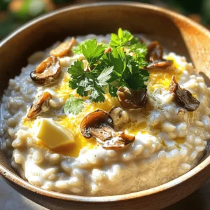 To make creamy mushroom risotto, you need a few simple ingredients. This dish takes about 35 minutes to prepare. You can serve it to four people. For the full recipe, check the section above. Here are the key ingredients you will need: - 1 cup Arborio rice - 4 cups vegetable broth - 1 cup mushrooms, sliced (like cremini or shiitake) - 1 small onion, finely chopped - 3 cloves garlic, minced - 1/2 cup heavy cream - 1/2 cup grated Parmesan cheese - 2 tablespoons olive oil - 2 tablespoons unsalted butter - Salt and pepper to taste - Fresh parsley, chopped (for garnish) Each ingredient plays a crucial role in creating that rich, creamy texture. Arborio rice is special because it has high starch. This starch helps the risotto become creamy. Mushrooms add a deep, earthy flavor. The heavy cream and Parmesan cheese make it smooth and rich. If you have dietary needs, you can easily swap ingredients. Here are some ideas: - Use vegetable broth instead of chicken broth for a vegan option. - Swap heavy cream with coconut cream for a dairy-free version. - You can replace Arborio rice with farro for a whole grain option. - Nutritional yeast can stand in for Parmesan cheese if you want a cheesy flavor without dairy. These substitutions let you enjoy risotto no matter your diet. First, gather your ingredients. You will need: - 1 cup Arborio rice - 4 cups vegetable broth - 1 cup mushrooms, sliced - 1 small onion, finely chopped - 3 cloves garlic, minced - 1/2 cup heavy cream - 1/2 cup grated Parmesan cheese - 2 tablespoons olive oil - 2 tablespoons unsalted butter - Salt and pepper to taste - Fresh parsley, chopped Next, heat the vegetable broth in a saucepan over low heat. Keep it warm but do not boil it. This step is key, as adding cold broth can slow down the cooking process. In a large skillet, heat the olive oil and 1 tablespoon of butter over medium heat. Add the chopped onion and sauté for about 3-4 minutes. You want the onions to become soft and clear. This brings out their sweet flavor. Then, add the minced garlic and sliced mushrooms to the skillet. Cook for about 5-7 minutes. The mushrooms should be tender and release their moisture. This creates a rich base for your risotto. Now, stir in the Arborio rice. Mix well to coat the grains with oil. Toast the rice for about 2 minutes. This step adds a nice nutty flavor and helps the rice absorb the broth better. Start adding the warm vegetable broth one ladle at a time. Stir frequently. Allow the rice to absorb most of the liquid before adding the next ladle. This process takes about 20 minutes. You will know the risotto is ready when the rice is creamy and al dente. Once the rice reaches the right texture, remove it from heat. Stir in the heavy cream, grated Parmesan cheese, and the last tablespoon of butter. Season with salt and pepper to taste. Mix until everything is creamy and well combined. Let the risotto sit for a couple of minutes to thicken slightly. Then, give it a final stir. For a lovely presentation, serve the risotto in shallow bowls. Top with chopped fresh parsley and an extra sprinkle of Parmesan. Enjoy your creamy mushroom risotto! To get that creamy texture in your risotto, the type of rice matters. Use Arborio rice. Its high starch content helps create a rich, smooth dish. Stir the rice often while cooking. This action helps release the starch and makes the risotto creamy. Add broth slowly. One ladle at a time works best. This helps the rice absorb the liquid fully. Taste the rice as you cook. You want it al dente, soft but with a tiny bite. One common mistake is adding all the broth at once. This leads to uneven cooking. Another mistake is not stirring enough. Stirring helps release starch, which is key for creaminess. Avoid using low-quality broth. It impacts flavor. Lastly, don’t rush the cooking time. Good risotto takes patience. If you skip steps, the texture will suffer. A large skillet is your best friend here. It allows even cooking and easy stirring. Use a wooden spoon for stirring. It’s gentle on the rice and helps with even mixing. A ladle is essential for adding broth. Keep your vegetable broth warm in a saucepan. This helps maintain cooking temperature. Lastly, a good set of measuring cups ensures you use the right amounts. For the full recipe, check the ingredients listed above. {{image_2}} You can make a vegan version of creamy mushroom risotto. Replace heavy cream with coconut milk or cashew cream. For the cheese, use a vegan alternative or nutritional yeast. This keeps the dish rich and savory without animal products. Using a variety of mushrooms adds depth. Try shiitake or oyster mushrooms for a unique taste. If you want a dairy-free risotto, skip the Parmesan. Use a dairy-free butter made from olive oil or coconut oil. Coconut milk works great for creaminess. Adjust seasoning to ensure flavor remains rich and full. The key is to balance the flavors well, so taste as you go. Feel free to personalize your risotto. Add cooked peas or spinach for color and nutrition. Chopped herbs, like basil or thyme, enhance the flavor. You can also mix in roasted vegetables, such as zucchini or bell peppers. For a protein boost, add cooked lentils or chickpeas. Each tweak makes the dish yours, while still being delicious. For the full recipe, check the earlier section. To keep your creamy mushroom risotto fresh, let it cool first. Once it's cool, transfer it to an airtight container. This helps to seal in moisture and flavor. Store it in the fridge for up to three days. If you have leftovers, be sure to enjoy them! When reheating your risotto, add a splash of broth or water. This helps restore its creamy texture. Heat it in a saucepan over low heat. Stir it often to ensure even warming. You can also use the microwave, but be careful not to overcook it. If you want to save risotto for later, you can freeze it! Portion it into smaller containers. This makes it easy to thaw just what you need. When you're ready to eat, defrost it in the fridge overnight. Then follow the reheating instructions to enjoy a tasty meal again. The best broth for risotto is vegetable broth. It adds a rich flavor. You can also use chicken broth for a different taste. Choose a low-sodium option to control the salt. Always warm your broth before adding it to the rice. This helps the rice cook evenly and keeps the dish creamy. You can make risotto creamy without cream by using starchy rice. Arborio rice is great for this. It releases starch while cooking, creating a creamy texture. Stir the rice often. This helps release more starch. You can add a bit of extra broth if needed. Lastly, finish with cheese, like Parmesan, for added creaminess. Yes, you can prepare risotto in advance. Cook it until it is just al dente. Then, let it cool completely. Store it in an airtight container in the fridge. When ready to eat, reheat it slowly. Add a splash of broth to restore creaminess. Stir well to make it nice and smooth. For the full recipe, check out the Creamy Mushroom Risotto 🧄 section above. In this blog post, we explored the essential ingredients for a tasty risotto and detailed step-by-step cooking instructions. We shared tips to perfect the texture, avoid common mistakes, and highlighted variations to suit different diets. Remember, proper storage can extend your dish's life. By following these guidelines, you can create a delicious risotto tailored to your taste. Enjoy experimenting in the kitchen and making this dish your own!