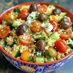 To make this tasty Mediterranean couscous salad, you need simple, fresh ingredients. Here they are: - 1 cup couscous - 1 1/4 cups vegetable broth - 1/2 cup cherry tomatoes, halved - 1/2 cucumber, diced - 1/2 red onion, finely chopped - 1/2 cup kalamata olives, pitted and sliced - 1/4 cup feta cheese, crumbled - 1/4 cup fresh parsley, chopped - Juice of 1 lemon - 2 tablespoons olive oil - 1 teaspoon dried oregano - Salt and pepper to taste When picking your ingredients, focus on quality. Here’s what I suggest: - Look for ripe cherry tomatoes. They should be bright and firm. - Choose a cucumber with smooth skin. This adds crunch to the salad. - Use fresh parsley for a burst of flavor. Dried herbs won’t work as well. - Get good quality feta cheese. It should crumble easily and taste fresh. Feel free to get creative! Here are some add-ins and seasonings you can try: - Add bell peppers for more color and crunch. - Toss in some chickpeas for extra protein. - Use fresh mint alongside parsley for a refreshing twist. - Try a splash of red wine vinegar for added zing. These options can make your salad unique and fun. Enjoy mixing and matching flavors! For the full recipe, check out the earlier section. To start, grab a medium saucepan. Pour in 1 1/4 cups of vegetable broth. Heat it until it boils. Once boiling, remove the pan from the heat. Now, add 1 cup of couscous to the broth. Cover the pan and let it sit for about 5 minutes. This allows the couscous to soak up all the broth. After 5 minutes, fluff the couscous with a fork. This step makes it light and fluffy, ready for the salad. Next, take a large mixing bowl. In it, combine your salad ingredients. Start with 1/2 cup of halved cherry tomatoes. Add 1/2 diced cucumber and 1/2 finely chopped red onion. Toss in 1/2 cup of sliced kalamata olives, and 1/4 cup of crumbled feta cheese. Lastly, add 1/4 cup of chopped fresh parsley. Mix these ingredients gently. This creates a colorful and fresh base for your salad. Now it’s time to whip up the dressing. In a small bowl, squeeze the juice of 1 lemon. Add 2 tablespoons of olive oil, 1 teaspoon of dried oregano, and some salt and pepper to taste. Whisk the mixture together until it’s smooth. This dressing will bring all the flavors together. Now, combine the fluffed couscous with the salad mixture. Pour the dressing over it and toss gently. Ensure everything mixes well. Let your salad sit for 15 minutes at room temperature. This allows all the flavors to meld beautifully. For the full recipe, check the previous section. Enjoy this fresh, flavorful dish! To fluff couscous perfectly, follow these steps. After cooking, let it sit with the lid on for five minutes. Then, use a fork to gently separate the grains. This method keeps your couscous light and fluffy. Avoid using a spoon, as it can mash the grains. I love serving this salad chilled or at room temperature. It’s great as a side dish or a light meal. You can pair it with grilled chicken or fish for a heartier option. For a fun twist, serve it in lettuce cups. The crunchy lettuce adds a nice texture. To enhance the flavors in your couscous salad, let it sit for a bit after mixing. Allowing the salad to rest for about 15 minutes helps the flavors meld together. You can also add extra lemon juice or herbs, like basil or mint, for a fresh taste. Always taste and adjust the seasoning before serving. This ensures every bite is delicious. {{image_2}} Adding grilled chicken to your Mediterranean couscous salad makes it heartier. Just grill chicken breast until cooked. Slice it thin and mix it in with the salad. This boosts protein and flavor. You can season the chicken with lemon juice, garlic, and herbs for extra taste. This option is perfect for a filling lunch. If you want a vegan version, skip the feta cheese. Use cubed avocado instead. For a gluten-free salad, replace couscous with quinoa or rice. Both options give a nice texture and flavor. You can also add chickpeas for protein and fiber. These swaps keep the salad fresh and tasty while meeting dietary needs. Change your salad with seasonal produce. In spring, add fresh peas and asparagus. In summer, consider ripe peaches or berries for sweetness. Fall brings roasted squash, while winter allows for hearty root vegetables. Tailoring your salad to the season keeps it exciting and vibrant. It’s a fun way to enjoy fresh ingredients year-round! If you'd like to try these variations, check the Full Recipe for Mediterranean Couscous Salad to guide you. To keep your Mediterranean Couscous Salad fresh, place it in an airtight container. This helps prevent it from drying out or absorbing other odors in the fridge. Let the salad cool to room temperature before sealing it. This step helps avoid condensation inside the container. Couscous can become dry when reheated. To avoid this, add a splash of vegetable broth or water before warming it up. Use a microwave or stovetop to heat it gently. Stir it well to ensure even warmth. Do not overheat, as it can change the texture. Your Mediterranean Couscous Salad lasts about 3 to 5 days in the fridge. If you want to store it longer, freezing is a good option. However, some ingredients, like tomatoes and cucumber, may not freeze well. Instead, freeze just the couscous mixture. When ready to eat, thaw it in the fridge overnight. Then, mix in fresh veggies and dressing before serving. If you can't find couscous, try quinoa or bulgur. Both grains have a similar texture. Quinoa adds a nice protein boost. Bulgur has a nutty flavor. You can also use orzo for a pasta twist. Simply cook these grains as you would couscous. Follow the package instructions for best results. Yes, Mediterranean Couscous Salad is quite healthy. It packs in many fresh veggies. The olives and feta add healthy fats. Couscous provides carbs for energy. This dish is rich in vitamins and minerals too. Plus, it’s low in calories. Eating this salad can help you feel full and satisfied. You can store this salad in the fridge for up to four days. Keep it in an airtight container. The flavors will blend more over time. If you notice any separation, just give it a good stir. For the best taste, eat it within the first two days. You learned how to make a tasty Mediterranean Couscous Salad. We covered fresh ingredients, optional add-ins, and easy steps to cook couscous. I shared tips for fluffing couscous and serving ideas. You can even try vegan or gluten-free options. Don’t forget the best ways to store leftovers. This dish is healthy and fun to make. Enjoy your cooking and share this colorful salad with friends and family. You'll impress everyone with your new skills.