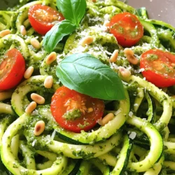 - 4 medium zucchinis - 1 cup fresh basil leaves - 1/4 cup pine nuts (toasted) - 1/4 cup grated Parmesan cheese (or nutritional yeast for a vegan option) - 2 garlic cloves - 1/3 cup extra virgin olive oil - Salt and pepper to taste - 1 cup cherry tomatoes, halved - 1/4 teaspoon red pepper flakes (optional) - Juice of 1/2 lemon Zucchini noodles with pesto is a fun and fresh dish. It’s simple to make and packed with flavor. First, I start with the zucchinis. I choose medium ones for the best texture. When you spiralize them, you get long, fun noodles. If you don’t have a spiralizer, a vegetable peeler works well too. Next, I gather the fresh basil leaves. They give the pesto its bright taste. I also use toasted pine nuts. They add a nice crunch and nutty flavor. Parmesan cheese gives the pesto richness. For a vegan option, I use nutritional yeast. It still tastes great! Garlic is a must. It gives the dish depth. I squeeze in fresh lemon juice for zing. Extra virgin olive oil helps blend everything into a creamy sauce. I season with salt and pepper for balance. Red pepper flakes add a nice kick, but you can skip them if you prefer. Lastly, I add halved cherry tomatoes. They bring a burst of freshness to the dish. This combination of ingredients makes zucchini noodles with pesto a quick and tasty meal. For the full recipe, check out the complete instructions to make your own! To start, you need to make the noodles. Use a spiralizer to turn the zucchinis into long, thin noodles. If you don’t have a spiralizer, grab a vegetable peeler. With it, you can create long strips that mimic traditional pasta. Aim for a consistency that is not too thick. Thin noodles cook better and absorb the flavors well. You can also sprinkle a little salt on the noodles. This helps draw out moisture and keeps them from getting soggy later. Next, it’s time to whip up the pesto. Gather your ingredients: fresh basil, toasted pine nuts, Parmesan cheese, garlic, and lemon juice. Toss these into a food processor. Pulse until everything is finely chopped. You want a nice blend, but not too smooth. With the processor running, slowly drizzle in olive oil. This makes the pesto creamy. Taste it, and feel free to add salt, pepper, or even red pepper flakes for some heat. Now, let’s cook the zucchini noodles. Heat a teaspoon of olive oil in a large skillet over medium heat. Add the noodles and sauté for only 2-3 minutes. You want them bright green and slightly soft, but not mushy. Serving them right away is key. The noodles taste best fresh and warm. If you wait too long, they lose their crisp texture. Once they are ready, mix them with the pesto and gently add halved cherry tomatoes for a burst of color and flavor. For a creamy pesto, I use pine nuts. But you can swap these with walnuts or almonds. If you prefer a nut-free option, try sunflower seeds. For cheese, Parmesan adds rich flavor. You can use nutritional yeast for a vegan twist. To enhance the taste, add more garlic for a kick. A squeeze of lemon juice brightens the flavor. You can also try adding a pinch of salt for extra depth. When cooking zucchini noodles, aim for 2 to 3 minutes. This time keeps them bright and tender. Overcooking makes them mushy. To maintain their crunchiness, sauté them over medium heat. Stir gently to avoid breaking them. If you like, you can serve them raw. This adds more crunch and freshness to your dish. Garnish your dish for a pop of color. Fresh basil leaves or extra Parmesan work well. A sprinkle of red pepper flakes adds spice. For a complete meal, pair it with grilled chicken or shrimp. A side salad or crusty bread also makes a great match. Enjoy your meal with a nice glass of white wine! You can find the full recipe for Zucchini Noodles with Pesto above. {{image_2}} You can easily make zucchini noodles even better by adding proteins. Chicken or shrimp works great. Just cook them in the skillet before adding the noodles. This adds flavor and makes the dish more filling. You can also add other vegetables like bell peppers or spinach. They bring color and extra nutrients. If you want a vegan version, skip the Parmesan cheese. Use nutritional yeast instead. It gives a cheesy flavor without any dairy. You can also try different pesto recipes. For example, use spinach or arugula instead of basil. These greens make a tasty and unique pesto. Change up the flavor of your pesto by using different herbs. Try cilantro or parsley for a fresh twist. You could also make it spicy by adding red pepper flakes or jalapeños. These simple changes can take your dish to a whole new level. Enjoy experimenting with flavors! To keep your zucchini noodles fresh, store them in an airtight container. Place a paper towel inside to absorb any moisture. This helps maintain their texture. You should eat them within two days for the best taste. For the pesto, use a clean jar with a tight lid. Pour a thin layer of olive oil on top before sealing. This helps keep the pesto vibrant and fresh. Store it in the fridge and use it within a week. Can you freeze pesto? Yes! Pesto freezes well. Pour it into ice cube trays and freeze. Once solid, transfer the cubes into a zip-top bag. This way, you can use it in smaller portions later. For zucchini noodles, freezing is not the best option. They can become mushy when thawed. If you must freeze them, blanch for just one minute, then cool in ice water. Drain and pack them in a bag. Use within three months for the best quality. When it's time to reheat, sauté the frozen zucchini noodles briefly in a hot pan. This helps keep their texture. Avoid cooking them too long to prevent mushiness. To spiralize zucchini, a spiralizer is best. You can also use a vegetable peeler. Here are some tips: - Choose firm zucchinis: They spiralize better and hold their shape. - Cut off the ends: This helps the zucchini fit in the spiralizer. - Turn slowly: Rotate the zucchini gently to get nice, long noodles. - Avoid over-spiralizing: Stop when you reach the seeds, as they can make the noodles mushy. Yes, you can prepare zucchini noodles and pesto ahead of time. Here’s how: - Zucchini noodles: Spiralize them and store in a sealed container. Use them within 2-3 days. - Pesto: Make it and store in an airtight jar. Pour a thin layer of olive oil on top to keep it fresh. It lasts up to a week in the fridge. Zucchini noodles last about 3-5 days in the fridge. Here are some signs of spoilage: - Slimy texture: This means they have gone bad. - Off smell: A sour or unpleasant smell is a red flag. - Discoloration: If they turn brown or mushy, it’s time to toss them. For the full recipe, check the details above. Zucchini noodles with pesto are simple to make and full of flavor. We covered all the must-have ingredients and the steps to prepare them perfectly. You can customize your dish with various flavors and explore different storage tips. Now, you can enjoy a healthy meal that's quick and tasty. With just a few easy steps, you can impress anyone at your table. Try it out today and enjoy your delicious creation!