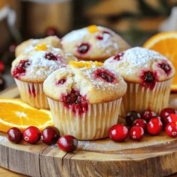 - 1 ½ cups all-purpose flour - ½ cup whole wheat flour - 1 cup fresh or frozen cranberries, roughly chopped - ¾ cup granulated sugar - 2 teaspoons baking powder - ½ teaspoon baking soda - ¼ teaspoon salt - 1 tablespoon orange zest - ½ cup freshly squeezed orange juice - ½ cup plain Greek yogurt - 1 large egg - ½ teaspoon vanilla extract - ¼ cup melted coconut oil (or butter) - Optional: powdered sugar for dusting Cranberry orange muffins are a delightful treat. The mix of tart cranberries and sweet orange is magic. Each bite bursts with flavor and freshness. You can use fresh or frozen cranberries, so no worries if it's off-season. The all-purpose flour gives the muffins a light texture. Whole wheat flour adds a bit of heartiness. Sugar sweetens the batter while balancing the tartness of the cranberries. Baking powder and soda help the muffins rise perfectly. Don't skip the orange zest! It adds a strong, bright flavor. Fresh orange juice keeps the muffins moist. Greek yogurt gives a nice richness and helps with texture. The egg binds everything together, making for a nice crumb. For a touch of sweetness on top, use powdered sugar. It looks beautiful and tastes great. You can find this combination in the Full Recipe, which guides you step-by-step. Enjoy baking! First, you need to preheat your oven to 375°F (190°C). This step is key for even baking. While it heats, grab a muffin tin. You can line it with paper liners or lightly grease it with nonstick spray. Both options work well to help the muffins pop out easily. In a large bowl, combine the dry ingredients. Use a whisk to mix together: - 1 ½ cups all-purpose flour - ½ cup whole wheat flour - ¾ cup granulated sugar - 2 teaspoons baking powder - ½ teaspoon baking soda - ¼ teaspoon salt - 1 tablespoon orange zest Mixing these dry ingredients well ensures even flavor and rise in your muffins. In another bowl, you will combine the wet ingredients. Add: - ½ cup freshly squeezed orange juice - ½ cup plain Greek yogurt - 1 large egg - ½ teaspoon vanilla extract - ¼ cup melted coconut oil (or butter) Whisk this mixture until it is smooth and creamy. This will add moisture and richness to your muffins. Make a well in the center of the dry ingredients. Pour in the wet mixture. Gently fold everything together using a spatula. Be careful not to overmix; some lumps are totally fine. Lastly, fold in: - 1 cup fresh or frozen cranberries, roughly chopped Evenly distribute the cranberries in the batter. Now, spoon the batter into the prepared muffin tin, filling each cup about ¾ full. Place the muffin tin in the preheated oven. Bake for 18-20 minutes. You know they are done when the tops are golden and a toothpick comes out clean. This step is crucial for a great texture. Once baked, remove the muffins from the oven. Let them cool in the pan for 5 minutes. Then, transfer them to a wire rack to cool completely. If you want to add a sweet touch, dust the cooled muffins with powdered sugar before serving. Enjoy your delicious treats! For the full recipe, see above. To keep your muffins moist, use Greek yogurt. It adds creaminess and helps with moisture. Using fresh orange juice instead of bottled juice also boosts flavor and moisture. Make sure not to bake the muffins too long. Check them a couple of minutes early. If you see golden tops, it's time to pull them out. Mix ingredients gently. When you combine dry and wet ingredients, use a spatula. Fold the batter, but leave some lumps. If you mix too much, your muffins become tough. Remember, a few lumps are okay. They help keep the texture light and tender. Watch your muffins closely as they bake. Start checking them at 18 minutes. Insert a toothpick into the center. If it comes out clean, they are done. If the toothpick has batter on it, bake for another minute or two. Every oven is different, so adjust as needed. This helps you get the perfect muffin every time. For a foolproof guide on making these tasty treats, check the Full Recipe. {{image_2}} You can easily make gluten-free cranberry orange muffins. Use gluten-free flour blends instead of all-purpose and whole wheat flour. Look for blends that contain xanthan gum. This helps mimic the texture of regular flour. The rest of the recipe stays the same. Your muffins will still taste great, and you won't miss the gluten! To make these muffins vegan, swap the egg for a flaxseed egg. Mix one tablespoon of ground flaxseed with three tablespoons of water. Let it sit for five minutes to thicken. Use almond or soy yogurt instead of Greek yogurt. Replace the coconut oil with melted coconut butter or vegetable oil. Your muffins will be just as soft and tasty! Get creative with unique flavors. Try adding chopped nuts for crunch, like walnuts or pecans. You can also mix in some chocolate chips for a sweet twist. For added zing, use lemon zest along with orange zest. Dried fruits, like apricots or cherries, can also add a fun twist. Experimenting with flavors makes baking more exciting! For the full recipe on how to make these delicious muffins, check out the [Full Recipe]. To keep your cranberry orange muffins fresh, let them cool completely. Place them in an airtight container. Store at room temperature for up to three days. If you want to keep them longer, consider freezing. This helps maintain their taste and texture. Freezing muffins is simple. First, wrap each muffin in plastic wrap. Then, place them in a freezer bag or airtight container. Be sure to remove as much air as possible. They can last for up to three months. When you are ready to enjoy them, thaw at room temperature or in the fridge overnight. To reheat, simply microwave the muffin for 10-15 seconds. This makes them warm and soft. You can also warm them in an oven at 350°F (175°C) for about 5-10 minutes. This method keeps them crispy on the outside. Enjoy your tasty treats warm! For the full recipe, check out the section above. To make cranberry orange muffins from scratch, gather your ingredients. Mix dry and wet items in separate bowls. Combine them carefully. Bake at 375°F for 18-20 minutes. You can find the full recipe above. Yes, you can substitute some ingredients. Use almond milk instead of yogurt for a dairy-free option. You can also swap coconut oil for butter. Whole wheat flour can be replaced with more all-purpose flour if needed. The best way to zest an orange is with a microplane or a fine grater. Hold the orange firmly and rub it over the grater. Be careful to only take the orange part of the skin. Avoid the white pith, as it can taste bitter. Muffins are done when the tops are golden brown. Insert a toothpick into the center. If it comes out clean, your muffins are ready. If it has batter on it, bake for a few more minutes. Yes, you can use dried cranberries instead of fresh. They will give a different texture and flavor. If you use dried ones, consider soaking them in warm water for 10 minutes. This helps them stay moist in the muffins. You learned how to make delicious cranberry orange muffins today. We covered essential ingredients, step-by-step instructions, and helpful tips. These muffins taste great and have healthy benefits from cranberries and oranges. You can even try variations to suit your diet. Storing and reheating them is easy too. I hope you feel inspired to bake! Enjoy every bite of your fresh muffins.