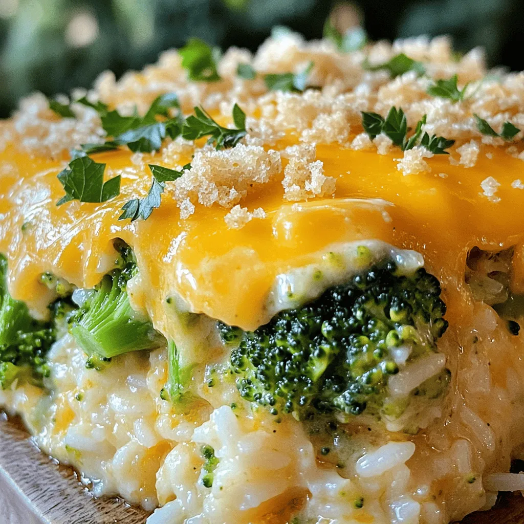- 2 cups cooked rice - 2 cups broccoli florets - 1 cup sharp cheddar cheese - 1 cup cream of mushroom soup - 1/2 cup milk - 1 small onion - 2 cloves garlic - 1/2 cup breadcrumbs - Fresh parsley for garnish This casserole is rich in flavor and comfort. Each serving has about 300 calories. It contains around 12 grams of fat and 10 grams of protein. You can enjoy this dish without guilt. The cheese gives it a rich taste, while broccoli adds fiber. Using cream of mushroom soup keeps it moist and creamy. You can find the Full Recipe above to make it yourself! 1. First, preheat your oven to 350°F (175°C). This step is key for even cooking. 2. Grab a large baking dish and grease it lightly. This helps prevent sticking. 3. Next, heat a drizzle of olive oil in a large skillet over medium heat. 4. Add the finely chopped onion and sauté until it turns translucent, about 3-4 minutes. 5. Once the onion softens, add the minced garlic. Cook it for an extra minute until it smells great. 6. Now, toss in the broccoli florets. Cook for 2-3 minutes until they are just tender. Remove from heat. 1. In a big mixing bowl, combine the cooked rice, the broccoli mix, cream of mushroom soup, milk, and paprika. 2. Stir everything until well combined. This is the base of your casserole. 3. Fold in half of the shredded cheddar cheese. Save the rest for later. 4. Don't forget to season with salt and pepper to taste. It adds flavor to your dish. 1. Transfer the mixture to the greased baking dish. Spread it evenly to ensure even cooking. 2. Sprinkle the remaining cheddar cheese on top for a cheesy finish. 3. If you like, add breadcrumbs for a crunchy topping. 4. Bake in the oven for 25-30 minutes. Look for a bubbly and golden top to know it's done. You can find the full recipe above to ensure you have all the details right! To make perfect rice, rinse it first. This removes extra starch. Use a ratio of 1 cup rice to 2 cups water. Bring water to a boil, add rice, cover, and simmer for 18-20 minutes. Fluff with a fork once done. For broccoli, steam it for 3-4 minutes. You want it bright green and tender but still crisp. This keeps its flavor and nutrients intact. Avoid overcooking, as it can turn mushy. If you don’t have cream of mushroom soup, use cream of chicken or vegetable soup. You can even make a homemade version with sautéed mushrooms and cream. It adds a fresh taste. For cheese, try using mozzarella or gouda instead of cheddar. Each type gives a unique flavor. Blend different cheeses for a richer taste. Just keep the total amount the same. Pair your casserole with a fresh salad or steamed green beans. This balances the richness of the dish. You can also serve it with garlic bread for a comforting meal. For presentation, use a vibrant plate. Sprinkle fresh parsley on top for color. Serve it hot and bubbly, so everyone enjoys the creamy goodness. For the full recipe, check out the Full Recipe above. {{image_2}} You can easily add proteins to your Cheddar Broccoli Rice Casserole. Chicken or sausage works great. Just cook them before adding to the mix. Chop the chicken into bite-sized pieces. For sausage, slice it into rounds. Both will add a tasty twist. If you prefer a meat-free option, consider using chickpeas or lentils. These will give you a good protein boost without meat. To change the flavor, you can add herbs or spices. Try thyme, rosemary, or even a pinch of cayenne for heat. These will wake up the dish and make it special. You can also switch the cheese. Instead of cheddar, use mozzarella or pepper jack for a different taste. Each cheese brings its own unique flavor to the casserole. Using seasonal vegetables can make this dish shine. In spring, add peas or asparagus for a fresh touch. In fall, try sweet potatoes or butternut squash. These veggies will not only taste great but also add color. You can also adjust the recipe for holidays. For example, add cranberry sauce for a festive flair. This makes your casserole perfect for gatherings. To store your Cheddar Broccoli Rice Casserole, let it cool first. Place it in an airtight container to keep it fresh. Make sure to cover it well. It will last for about 3 to 5 days in the fridge. Always check for any off smells or changes in texture before eating. If you want to freeze the casserole, I suggest cutting it into portions. Use a freezer-safe container or wrap it tightly with plastic wrap. This keeps the casserole fresh for up to 3 months. When you are ready to eat, thaw it overnight in the fridge. Reheat in the oven at 350°F (175°C) until it is hot throughout, about 20-25 minutes. For busy weekdays, make this casserole ahead of time. Prepare it and store it in the fridge for up to 2 days before baking. You can also bake it and then portion it out. Store single servings in containers for easy meals. This makes it super simple to grab and go any day of the week. You could find the full recipe to help you plan your next meal! You can make this casserole gluten-free by using specific ingredients. Here’s what to do: - Use gluten-free rice, like brown or white rice. - Substitute regular cream of mushroom soup with a gluten-free version or homemade soup. - Ensure the cheese you choose is labeled gluten-free. These swaps will help you enjoy the same great taste without gluten. Yes, frozen broccoli works well! Here are some benefits and tips: - Frozen broccoli is easy to prep and saves time. - It’s often picked and frozen at peak freshness, keeping nutrients intact. - Before adding to the casserole, thaw and drain any excess water. This step helps prevent a watery dish. Look for these signs to know your casserole is ready: - The top should be golden brown and bubbly. - You can insert a fork or knife in the center; it should come out clean. - The edges might start to pull away from the sides of the dish. These clues will guide you to perfect doneness every time. For the complete recipe, check out the Full Recipe. You now have a simple yet delicious recipe for Cheddar Broccoli Rice Casserole. We covered key ingredients, easy steps, and creative variations. Plus, I shared tips for storage and meal prep. This dish is perfect for any meal and can suit different diets. Try making it your own with extra flavors or proteins. Whether you serve it fresh or as leftovers, it will always please. Cooking can be fun and rewarding. Enjoy making this tasty casserole!