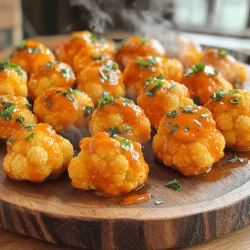 To make tasty Buffalo cauliflower bites, you need a few key items: - 1 medium head of cauliflower, cut into bite-sized florets - 1 cup all-purpose flour - 1 cup almond milk (or any plant-based milk) - 1 teaspoon garlic powder - 1 teaspoon onion powder - 1 teaspoon smoked paprika - 1/2 teaspoon salt - 1/2 teaspoon black pepper - 1 cup buffalo sauce (adjust to taste) - 2 tablespoons melted vegan butter (optional for extra richness) - Fresh parsley, chopped (for garnish) These ingredients work together to create a crispy and spicy snack. The batter coats each cauliflower piece, making it crunchy. The buffalo sauce adds heat and flavor. You can add more flavor with these choices: - A pinch of cayenne pepper for extra heat - 1 tablespoon of nutritional yeast for a cheesy taste - Chopped green onions for freshness Using these optional ingredients can boost the flavor profile. Feel free to adjust based on your taste. If you need substitutions, here are some ideas: - Use chickpea flour instead of all-purpose flour for a gluten-free option. - Swap almond milk for oat milk or soy milk if needed. - Try using hot sauce instead of buffalo sauce for a different kick. These alternatives keep the recipe tasty while meeting dietary needs. Always remember, cooking is about experimenting and finding what you love! For the complete recipe, check out the Full Recipe section. First, take a medium head of cauliflower. Cut it into bite-sized florets. This will help them cook evenly. Make sure the pieces are not too big. Smaller pieces get crispier and soak up more flavor. Rinse the florets under cold water to clean them. Pat them dry with a paper towel. The dryer they are, the better the batter will stick. In a large bowl, combine the flour, garlic powder, onion powder, smoked paprika, salt, and black pepper. Mix these dry ingredients well. This gives your cauliflower a great taste. Gradually pour in the almond milk. Whisk the mix until it’s smooth. There should be no lumps. This batter will coat the cauliflower and make it crispy when baked. Preheat your oven to 450°F (230°C) and line a baking sheet with parchment paper. Dip each cauliflower floret into the batter. Ensure they are fully coated. Place the coated florets onto the baking sheet. Bake them for 20 minutes or until they turn golden brown. While they bake, mix the buffalo sauce and melted vegan butter in a bowl. Once the cauliflower bites are crispy, toss them in the buffalo sauce. Make sure they are evenly coated. Return them to the baking sheet and bake for another 10-15 minutes. This will caramelize the sauce and add more flavor. Let them cool for a few minutes before serving. Enjoy your tasty Buffalo Cauliflower Bites! To make your Buffalo cauliflower bites super crispy, prep is key. First, coat the florets well in the batter. Make sure each piece is fully covered. Bake them at a high temperature, around 450°F (230°C). This high heat helps create that crunchy texture. Another trick is to flip the florets halfway through baking. This ensures even crisping on all sides. If you want them extra crispy, try adding a light sprinkle of cornstarch to the batter. It works wonders for the crunch! Balancing flavors is vital for tasty Buffalo cauliflower bites. The key is the buffalo sauce. If you love heat, go for a spicier sauce. If you prefer mild, choose a milder version. Mixing in some melted vegan butter with the sauce adds richness and depth. You can also adjust garlic and onion powder to fit your taste. A squeeze of lemon juice at the end brightens up the flavors. Serve your Buffalo cauliflower bites hot for the best taste. They shine on a platter garnished with fresh parsley. Pair them with creamy ranch or blue cheese dressing for dipping. These bites also work well as a side for veggie burgers or tacos. You can even toss them into a salad for a spicy kick. Explore different sauces to find your favorite pairing! {{image_2}} To kick up the heat, add cayenne pepper or hot sauce to your batter. You can also mix in some red pepper flakes for an extra kick. If you love spice, try using a hotter buffalo sauce. This will give your bites a fiery twist that spice lovers will enjoy. If you want to keep it vegan, you can use plant-based milk and vegan butter. There are many great options in stores. For the flour, consider using chickpea flour for a nutty taste. You can also try almond flour for a gluten-free version. These swaps keep the flavor while meeting dietary needs. You can cook these bites in an air fryer for a quick and healthy option. Set your air fryer to 400°F (200°C) and cook for about 15 minutes. Check them halfway, shaking the basket to ensure even cooking. Alternatively, you can fry them in oil for a crispy texture. Heat oil in a pan and fry until golden brown, then toss in the buffalo sauce. Each method brings a unique twist to the dish, so feel free to experiment! After enjoying your Buffalo Cauliflower Bites, let them cool. Place the leftovers in an airtight container. Store them in the fridge for up to three days. Make sure to keep them sealed to maintain their flavor and texture. To reheat, use an oven or an air fryer. Preheat your oven to 350°F (175°C). Spread the bites on a baking sheet. Heat for about 10 minutes. This will help restore their crispiness. If using an air fryer, set it to 350°F (175°C) and cook for about 5-7 minutes. Avoid microwaving, as it may make them soggy. You can freeze Buffalo Cauliflower Bites too! Place cooled bites in a single layer on a baking sheet. Freeze for about one hour. Once frozen, transfer them to a freezer bag. They can stay frozen for up to three months. When ready to eat, bake them straight from the freezer. This keeps them crispy and delicious. Yes, you can easily make Buffalo Cauliflower Bites gluten-free. Just swap regular flour for a gluten-free flour blend. Many brands offer great options that work well in this recipe. Look for blends made from rice flour or almond flour. These will hold the batter nicely without gluten. To boost the flavor of your cauliflower bites, add spices to the batter. Try mixing in cayenne pepper for heat or smoked paprika for a rich taste. You can also marinate the cauliflower in buffalo sauce before coating it. This extra step adds depth and makes each bite pop with flavor. The best dipping sauces for Buffalo Cauliflower Bites include ranch, blue cheese, or a creamy vegan dip. Ranch dressing pairs well with the spicy buffalo flavor. Blue cheese adds a tangy contrast. For a vegan option, mix cashew cream with herbs for a tasty dip. You can find the full recipe and all instructions for Buffalo Cauliflower Bites above. Enjoy making this easy and flavorful dish! Buffalo cauliflower bites are easy to make and full of flavor. We explored essential and optional ingredients, plus clever substitutions. The step-by-step guide helps you prepare and bake them for the best crunch. Remember the tips for crispiness and serving ideas to impress others. You can try various cooking styles and even store leftovers well. Enjoy these bites as a tasty snack or a fun party dish. Your kitchen will smell amazing, and everyone will want to try them!