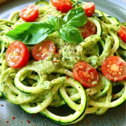 - 4 medium zucchinis, spiralized - 1 ripe avocado, pitted and peeled - 1 cup fresh basil leaves - 2 tablespoons lemon juice - 1/4 cup walnuts (or pine nuts) - 1 garlic clove, minced - 1/4 teaspoon red pepper flakes - 2 tablespoons olive oil - Salt and pepper to taste - Cherry tomatoes, halved - Fresh basil leaves for garnish When I prepare zucchini noodles with pesto, I start with fresh, vibrant ingredients. Zucchini makes a great base. It's low in carbs and full of water, keeping the dish light. I love to spiralize the zucchinis. It gives them a fun shape that looks great on the plate. The avocado adds a creamy texture and healthy fats. I always pick a ripe avocado for the best flavor. Fresh basil leaves are key for a bright taste. They add a lovely green color, too. For a nutty twist, I often use walnuts or pine nuts. They add crunch and depth. A little garlic brings warmth to the pesto. If you like some heat, red pepper flakes work well. I finish with olive oil for richness. I use salt and pepper to taste. Cherry tomatoes add freshness and color. I also add extra basil leaves on top for garnish. Each ingredient plays a role in creating a dish that is both flavorful and healthy. You can find the full recipe to guide you through the steps and ratios for perfecting this dish. 1. Spiralizing the zucchinis: Start by spiralizing the zucchinis. Use a spiralizer or a julienne peeler. This gives you long, noodle-like strands that look fun and appetizing. 2. Salting to draw out moisture: Place the spiralized noodles in a colander. Sprinkle a little salt over them. Let them sit for about 10 minutes. This step helps to draw out extra moisture. After that, pat them dry with a paper towel. This keeps your dish from getting soggy. 1. Blending ingredients in a food processor: In a food processor, combine the ripe avocado, fresh basil leaves, lemon juice, walnuts, and minced garlic. If you like a kick, add red pepper flakes too. Blend all the ingredients until smooth. 2. Adjusting consistency with water: If the pesto feels too thick, add a splash of water. This helps to achieve your desired consistency. Taste it and season with salt and pepper as needed. 1. Sautéing noodles for the right texture: Heat a large skillet over medium heat. Add the zucchini noodles and sauté them for about 2 to 3 minutes. You want them tender but still slightly crisp. 2. Combining noodles with pesto: Remove the skillet from heat. Pour the avocado pesto over the zucchini noodles. Toss gently to coat the noodles evenly with the pesto. Now, you can serve your flavorful zucchini noodles with pesto. You can garnish them with halved cherry tomatoes and fresh basil leaves. This adds a nice pop of color and flavor. For the complete recipe, check out the Full Recipe. To avoid soggy noodles, start by salting the zucchini. After spiralizing, place the noodles in a colander. Sprinkle them lightly with salt and let them sit for about 10 minutes. This draws out excess moisture. Afterward, pat them dry with a paper towel. This step keeps the noodles firm and tasty. For a great spiralizer, I recommend a handheld or countertop model. Some popular brands are Paderno and OXO. They are easy to use and make perfect noodles. Choose one that feels good in your hands. If you want to switch it up, try different nuts in your pesto. Instead of walnuts, use almonds or cashews. They both add a nice crunch. You can also skip the nuts for a nut-free option. For extra flavor, consider adding spinach or arugula to your pesto blend. They add a nice green color and boost nutrition. A little lemon zest also brightens the flavor. This dish pairs well with grilled chicken or shrimp. You can also serve it with crusty bread for a complete meal. For a vegetarian option, add chickpeas for protein. When plating, twist the zucchini noodles into a nest shape. This makes the dish look fancy. Top with halved cherry tomatoes and fresh basil for color. These small touches will impress your guests! {{image_2}} You can switch out the pesto for many other sauces. A creamy alfredo or marinara works great. You can also try a simple garlic and oil mix for a lighter taste. If you're looking for a vegan option for pesto, try blending cashews, spinach, and lemon juice. This gives a fresh twist and keeps it plant-based. Adding proteins can make this dish more filling. You can toss in cooked chicken or shrimp for a hearty meal. If you want a plant-based option, try adding tofu. Just cube the tofu and sauté it until golden. This will add texture and flavor to your zucchini noodles. Using seasonal veggies can elevate your dish. Bell peppers, cherry tomatoes, or spinach can all fit well. You can also use squash or carrots for added crunch. Adapting to seasonal flavors keeps your meal fresh and exciting. Enjoy the variety that each season brings to your plate! For the full recipe, check out Zesty Zucchini Noodles with Avocado Pesto. To keep your zucchini noodles with pesto fresh, store them in an airtight container. This method keeps out air and moisture. Place the noodles in the fridge right after serving. Use them within two days for the best taste. You can also layer the pesto on top to prevent browning. You can freeze pesto separately for longer storage. Pour it into an ice cube tray and freeze. Once solid, transfer the cubes to a freezer bag. For the zucchini noodles, it's best to freeze them uncooked. Lay the noodles flat in a freezer bag, remove air, and seal. They can last up to three months in the freezer. Reheat zucchini noodles gently to avoid mushiness. Use a skillet over low heat for best results. Heat for just a couple of minutes until warm. If they seem dry, add a splash of olive oil. This helps keep the texture nice. You can also briefly microwave them, but keep the time short. To spiralize zucchini, you need a spiralizer. It's simple to use. Just follow these tips: - Cut the ends off each zucchini. - Secure the zucchini in the spiralizer. - Twist to create noodles. - If you don’t have a spiralizer, you can use a julienne peeler. It works well too. Yes, you can prepare this dish ahead of time. Here are some tips: - Spiralize the zucchini and store it in the fridge for a day. - Make the pesto and keep it in an airtight container. - When ready to eat, sauté the noodles and mix in the pesto. Adjusting flavors is easy. If you make it ahead, taste the dish before serving. You may want to add a bit of lemon juice to brighten the flavors. Absolutely! This recipe is great for meal prep. To portion the dish: - Divide the zucchini noodles and pesto into meal containers. - Store them separately to keep the noodles crisp. - This way, you have meals ready for the week. For storage, keep it in the fridge for up to five days. Remember to check the freshness before eating. For more details, check the Full Recipe. This blog post shared a simple recipe for zucchini noodles with avocado pesto. We covered the ingredients, preparation steps, and helpful tips to get perfect results. You can even explore variations like adding proteins or changing sauces. Remember, storing leftovers well helps keep your dish fresh. Enjoy experimenting with this recipe for tasty, healthy meals. With practice, you'll master it quickly!